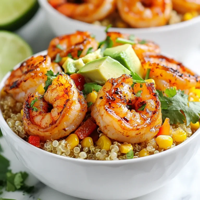To make the Chipotle Lime Shrimp Bowls, gather these ingredients: - 1 lb large shrimp, peeled and deveined - 2 tablespoons chipotle chili powder - 1 tablespoon smoked paprika - 2 tablespoons olive oil - 2 limes (one for juice, one sliced for garnish) - 1 teaspoon garlic powder - Salt and pepper to taste - 1 cup quinoa, rinsed - 2 cups vegetable broth - 1 cup corn (fresh or frozen) - 1 red bell pepper, diced - 1 avocado, diced - Fresh cilantro, for garnish You can add these toppings to make your bowl even better: - Feta cheese - Sliced jalapeños Each serving of Chipotle Lime Shrimp Bowls offers a balanced meal. Here is a rough breakdown: - Calories: Approximately 450 - Protein: 30g - Carbohydrates: 45g - Dietary Fiber: 8g - Fats: 15g This meal is rich in protein and fiber. It is a great choice for a healthy diet. You can adjust the toppings based on your needs. For a lighter version, skip the cheese. Enjoy the vibrant flavors and fresh ingredients! {{ingredient_image_1}} First, take a bowl and put the shrimp inside. Add 2 tablespoons of chipotle chili powder and 1 tablespoon of smoked paprika. Then, pour in 2 tablespoons of olive oil and the juice of 1 lime. Add 1 teaspoon of garlic powder, salt, and pepper to taste. Mix everything well to coat the shrimp. Let it sit for about 15 minutes. This step adds great flavor. Next, grab a medium pot. Bring 2 cups of vegetable broth to a boil. After that, add 1 cup of rinsed quinoa. Cover the pot and lower the heat. Let it simmer for about 15 minutes until fluffy. When done, take it off the heat and let it sit for 5 more minutes. Fluff the quinoa with a fork. This makes a tasty base for your bowl. Now, heat a skillet over medium heat. Add a bit of olive oil to the pan. Once hot, toss in 1 diced red bell pepper and 1 cup of corn. Sauté for about 5 to 7 minutes until the peppers are soft. Lightly season with salt and pepper. These veggies add color and crunch. In another skillet, heat a little olive oil on medium-high. When it’s sizzling, add the marinated shrimp. Cook for about 2 to 3 minutes on each side. They should turn pink and opaque. This step gives you juicy shrimp packed with flavor. To put it all together, take a bowl and start with a layer of quinoa. Next, add the sautéed corn and bell peppers. After that, place the cooked shrimp on top. Finish with diced avocado, fresh cilantro, and lime slices for garnish. This creates a beautiful and tasty dish. When you cook, use fresh ingredients for the best taste. I recommend buying shrimp that is wild-caught. This shrimp often has better flavor than farmed shrimp. Visit your local seafood market or grocery store. Check for shrimp that is firm and smells fresh. For spices, look for chipotle chili powder and smoked paprika in the spice aisle. These add depth to your dish. Fresh herbs can elevate your meal. Buy cilantro close to cooking time for the best flavor. This dish shines with bold flavors. The chipotle chili powder gives a smoky heat. Pair it with lime juice for a bright kick. The sweetness of corn and the crunch of red bell pepper balance the spice. Adding avocado brings creaminess, which makes each bite delightful. For an extra zing, try feta cheese or sliced jalapeños. These toppings add layers of flavor and texture. Keep experimenting with ingredients. Your taste buds will thank you! Meal prepping helps save time during the week. Prepare the quinoa and veggies in advance. Store them in separate containers in the fridge. You can marinate the shrimp a day ahead. This lets the flavors soak in. When ready to eat, just cook the shrimp and assemble your bowl. You can also make extra bowls for lunch. This dish keeps well, so it’s perfect for meal prep. Enjoy a fresh, tasty meal anytime! Pro Tips Marinate for Flavor: Allow the shrimp to marinate for at least 30 minutes if time permits. This will enhance the flavors and make the shrimp even more delicious. Perfectly Cooked Quinoa: To ensure fluffy quinoa, remember to let it sit covered for 5 minutes after cooking. Fluffing with a fork will separate the grains nicely. Customize Your Heat: If you prefer a milder dish, reduce the amount of chipotle chili powder. Alternatively, add sliced jalapeños for an extra kick. Fresh Toppings: Always use fresh cilantro and lime juice for garnish just before serving. This keeps the flavors bright and vibrant in your dish. {{image_2}} You can swap shrimp for other proteins. Chicken works great in this dish. Use the same marinade for chicken. If you like fish, try tilapia or mahi-mahi. Tofu is a fun choice for a plant-based option. Just make sure to press it first to remove extra water. For a vegetarian bowl, skip the shrimp. Add more veggies instead. You could use black beans or chickpeas for protein. Both add a nice texture and flavor. Roasted sweet potatoes also pair well. They give a sweet touch to the dish. Want more heat? Add diced jalapeños when cooking the shrimp. You can also mix in some hot sauce to the marinade. If you crave a smoky flavor, use smoked chipotle sauce instead of chili powder. This will really boost the heat and flavor. To store leftovers, place them in an airtight container. Make sure to cool the bowls first. You can keep them in the fridge for up to three days. Label the container with the date. This way, you won't forget when you made them. If you want to freeze the shrimp bowls, it’s easy! First, let the bowls cool completely. Then, divide the ingredients into freezer-safe bags. Remove as much air as possible before sealing. You can freeze them for up to three months. Just remember, fresh toppings like avocado do not freeze well. To reheat, you have a few options. The microwave works well for quick meals. Heat in short bursts of 30 seconds, stirring in between. If you prefer the oven, preheat it to 350°F and cover the bowls with foil. Bake for about 15-20 minutes or until heated through. Always check the shrimp, as it should be hot but not overcooked. You can serve these bowls with many tasty sides. Here are some ideas: - Black beans for protein. - Fresh salsa for extra flavor. - Tortilla chips for crunch. - A side salad with lime dressing. - Cilantro-lime rice for a filling option. These sides add variety and make a fun meal. Mix and match to find your favorite combo! Yes, you can prep parts of this dish ahead. Here’s how: - Marinate the shrimp a few hours before cooking. - Cook the quinoa earlier and store it in the fridge. - Sauté the veggies and chill them for later use. Assemble your bowls right before serving. This keeps everything fresh and tasty! You can easily change the heat in your Chipotle Lime Shrimp Bowls. Here are some tips: - Add less chipotle chili powder for milder spice. - Use smoked paprika for flavor without heat. - For more heat, add chopped jalapeños as a topping. - Serve with lime wedges to balance the spice. Adjust these elements to fit your taste! This blog post covered how to make tasty Chipotle Lime Shrimp Bowls. We discussed the essential ingredients, cooking steps, and helpful tips. You learned about ingredient choices and variations, like vegetarian options and spicy twists. I also shared how to store your leftovers and answered common questions. Remember, cooking should be fun and easy. Try these bowls for a healthy meal! Enjoy mixing flavors and make it your own.