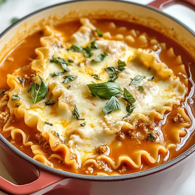 To make this tasty one-pot lasagna soup, you will need: - 1 tablespoon olive oil - 1 pound ground beef or ground turkey - 1 onion, finely chopped - 2 cloves garlic, minced - 1 teaspoon dried oregano - 1 teaspoon dried basil - 1/2 teaspoon red pepper flakes (optional) - 1 can (28 ounces) crushed tomatoes - 4 cups vegetable or chicken broth - 8-10 lasagna noodles, broken into bite-sized pieces - 1 cup ricotta cheese - 1 cup shredded mozzarella cheese - 1/2 cup grated Parmesan cheese - Salt and pepper to taste - Fresh basil or parsley for garnish You can swap ground beef for ground turkey if you want a leaner option. Ricotta cheese can be replaced with cottage cheese for a different taste. If you prefer a meatless dish, try using lentils or mushrooms instead of meat. You can also use gluten-free lasagna noodles for those with dietary needs. Fresh basil adds a bright flavor. Parsley gives a nice touch of color. You can also sprinkle extra cheese on top for more richness. For those who like a kick, consider adding some crushed red pepper flakes as a garnish. This soup is all about personal taste, so mix and match to find your favorite! {{ingredient_image_1}} 1. Heat the Olive Oil: Start by heating 1 tablespoon of olive oil in a large pot over medium heat. This oil helps to cook the meat and adds flavor. 2. Brown the Meat: Add 1 pound of ground beef or ground turkey. Cook the meat until it turns brown. Drain any extra fat. 3. Add Onion and Garlic: Stir in 1 finely chopped onion and 2 minced garlic cloves. Cook for 3-4 minutes. You want the onion to look soft and shiny. 4. Mix in the Spices: Sprinkle in 1 teaspoon of dried oregano, 1 teaspoon of dried basil, and 1/2 teaspoon of red pepper flakes if you like heat. Stir for another minute to wake up the spices. 5. Pour in Tomatoes and Broth: Add 1 can of crushed tomatoes and 4 cups of vegetable or chicken broth. Bring this mix to a boil. 6. Add the Noodles: Once boiling, toss in 8-10 broken lasagna noodles. Lower the heat and let it simmer for 15-20 minutes until the noodles are tender. 7. Mix in Ricotta: Stir in 1 cup of ricotta cheese. This adds creaminess to your soup. 8. Add Cheese: Next, add 1 cup of shredded mozzarella and 1/2 cup of grated Parmesan cheese. Stir until they melt and blend into the soup. 9. Season the Soup: Taste your soup and add salt and pepper as needed. 10. Serve and Garnish: Serve the soup hot, garnished with fresh basil or parsley for extra flavor and color. - Use High Heat: Start with medium-high heat to get a good brown. - Don't Overcrowd the Pan: If you add too much meat, it will steam instead of brown. Cook in batches if needed. - Let it Sit: After adding the meat, let it sit for a minute before stirring. This helps build a nice crust. - Check the Package: Different noodles cook differently. Follow the time on the package for best results. - Stir Occasionally: Stir the soup occasionally while the noodles cook. This prevents them from sticking together. - Taste Test: About a minute before the time is up, taste a noodle. It should be tender but still have a slight bite. By following these steps and tips, your One-Pot Lasagna Soup will be both delicious and easy to make! When making One-Pot Lasagna Soup, a few mistakes can ruin your dish. First, don’t skip browning the meat. This step adds deep flavor. If you rush it, the taste will be bland. Second, avoid overcooking the noodles. If you cook them too long, they turn mushy. Lastly, don’t forget to season. A pinch of salt and pepper can make a big difference. To boost flavor, use fresh herbs whenever you can. Fresh basil or parsley adds a bright touch. If you want a richer taste, try adding a splash of red wine. Another great tip is to let the soup sit for a few minutes after cooking. This helps the flavors blend together. Experiment with spices like smoked paprika for a unique twist. Having the right tools makes cooking easier. A large pot is key for this recipe. Make sure it has a heavy bottom to prevent burning. A wooden spoon is great for stirring and won’t damage your pot. An onion chopper can save time when prepping your ingredients. Lastly, keep measuring cups handy for accurate ingredient amounts. This ensures your soup turns out perfect every time. Pro Tips Use Fresh Herbs: Fresh basil or parsley can elevate the flavor of your soup significantly compared to dried herbs. Adjust the Thickness: If you prefer a thicker soup, reduce the amount of broth or add more lasagna noodles. Make It Vegetarian: Substitute ground meat with lentils or mushrooms for a delicious vegetarian version. Leftover Storage: Store leftovers in an airtight container in the fridge for up to 3 days. Reheat gently on the stove. {{image_2}} You can easily make this soup vegetarian. Swap the ground meat for a mix of veggies. Use chopped mushrooms, zucchini, and bell peppers. These add great flavor and texture. You can also add canned beans for protein. A can of chickpeas or white beans works well. Use vegetable broth instead of chicken broth. This keeps it rich and tasty. If you need a gluten-free option, switch the lasagna noodles. Use gluten-free pasta instead. Many brands offer gluten-free lasagna noodles. Check the package for cooking times. You can also use spiralized vegetables like zucchini. This adds a fresh twist and keeps it light. Make sure your broth and any canned goods are gluten-free. For a spicy kick, add more red pepper flakes. You can also include diced jalapeños or hot sausage. Cook these with the meat for more flavor. If you like it very hot, try adding a splash of hot sauce. Adjust the spice to fit your taste. This makes the dish fun and exciting. After you enjoy your One-Pot Lasagna Soup, let it cool. Use an airtight container for storage. This keeps the soup fresh for up to three days in the fridge. If you plan to eat it later, avoid adding cheese until you reheat it. This keeps the texture smooth and tasty. When you’re ready to enjoy your soup again, heat it gently. Pour the soup into a pot over low heat. Stir it often to prevent sticking. If the soup seems thick, add a splash of broth or water. This helps restore the creamy texture. You can also microwave it in a safe bowl. Cover it loosely with a lid or plastic wrap, leaving a small gap to let steam escape. If you want to save the soup for later, freezing is a great option. Use a freezer-safe container or heavy-duty freezer bags. Leave some space at the top as the soup will expand when frozen. It can last up to three months in the freezer. When you’re ready to eat it, thaw it overnight in the fridge. Reheat it on the stove or in the microwave, adding a bit of liquid if needed. Enjoy your homemade soup even when it's cold outside! Yes, you can make One-Pot Lasagna Soup in a slow cooker. First, brown the meat in a pan. Then, add all the ingredients to your slow cooker. Cook on low for 6 hours or on high for 3 hours. This method lets the flavors blend well. You still add the cheeses at the end. Stir in the ricotta, mozzarella, and Parmesan when ready to serve. To boost nutrition, add veggies like spinach or zucchini. You can also use whole grain lasagna noodles. Beans, such as cannellini or kidney beans, add protein and fiber. Try adding chopped carrots or bell peppers for extra color and vitamins. These additions make the soup heartier and healthier. To serve fewer people, simply halve the recipe. Use half a pound of meat and cut the broth and tomatoes in half. Adjust the noodles too; use 4-5 broken pieces. Always taste as you go. This way, you can adjust the seasonings to your liking. If you want to save some, store leftovers in the fridge for later. In this article, we explored the tasty world of One-Pot Lasagna Soup. I shared key ingredients, helpful cooking steps, and tips to avoid mistakes. You learned about dish variations and how to store leftovers properly. Remember, cooking should be fun. Feel free to make adjustments based on your tastes. Enjoy your delicious soup and share it with family and friends! Cook with joy and creativity.