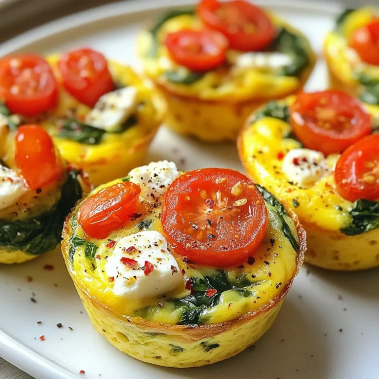 - 6 large eggs - 1 cup fresh spinach, chopped - 1/2 cup feta cheese, crumbled - 1/4 cup milk (or non-dairy milk) - 1/4 cup cherry tomatoes, halved - 1/4 teaspoon garlic powder - 1/4 teaspoon black pepper - 1/2 teaspoon salt - 1/4 teaspoon red pepper flakes (optional) - 1 tablespoon olive oil (for greasing the muffin pan) When I make these Spinach Feta Egg Muffins, I love using fresh, high-quality ingredients. The eggs provide protein, while spinach adds vitamins. Feta cheese gives a salty kick. Cherry tomatoes add color and flavor. Garlic powder, black pepper, and red pepper flakes add a nice spice. You can switch milk for any non-dairy option. Almond or oat milk works well. If you’re not a fan of feta, try goat cheese or cottage cheese. Both will add a creamy texture. Each muffin has about 100 calories. You get a good mix of protein, fats, and carbs. Spinach offers iron and vitamin A. Feta cheese adds calcium and protein. These muffins are not just tasty; they are healthy too! {{ingredient_image_1}} 1. Start by preheating your oven to 350°F (175°C). This ensures even cooking. 2. Next, grease a muffin tin with olive oil. You can also use silicone cups for easy removal. 3. In a large mixing bowl, whisk together 6 eggs and 1/4 cup of milk. Mix until smooth. 4. Now, stir in 1 cup of chopped spinach, 1/2 cup of crumbled feta, and 1/4 cup of halved cherry tomatoes. 5. Add 1/4 teaspoon of garlic powder, 1/4 teaspoon of black pepper, 1/2 teaspoon of salt, and 1/4 teaspoon of red pepper flakes if you want a kick. 1. Pour the egg mixture into the muffin tin. Fill each cup about 3/4 full to allow for rising. 2. Place the tin in your preheated oven. Bake for 20-25 minutes. The muffins should be set and golden on top. 1. Once baked, remove the muffins from the oven. Let them cool in the tin for about 5 minutes. 2. Use a fork or spatula to gently lift the muffins out of the tin. Enjoy them warm! To make your muffins fluffy, use fresh eggs. Whisk them well with milk until smooth. Avoid overcooking by checking muffins at 20 minutes. They should be set and slightly golden. If you want more flavor, adjust seasoning as you like. Try adding herbs or more salt. Just remember, balance is key! Serve your muffins warm for the best taste. Stack them on a plate or use a muffin stand for a nice look. For added flair, garnish with crumbled feta or extra cherry tomato halves. A sprinkle of fresh herbs can also brighten the dish. Store your muffins in an airtight container in the fridge. They will last for about four days. For reheating, place them in the microwave for about 30 seconds. If you want a crispy top, pop them in the oven for a few minutes. This keeps them tasting fresh! Pro Tips Use Fresh Spinach: Fresh spinach will give your muffins a vibrant color and flavor. If using frozen spinach, make sure to thaw and drain it well to avoid excess moisture. Customize Your Cheese: While feta adds a nice tang, feel free to experiment with other cheeses like goat cheese or cheddar for a different flavor profile. Storage Tips: These muffins can be stored in an airtight container in the fridge for up to a week. They also freeze well, making them perfect for meal prep. Perfect Baking Time: Keep an eye on the muffins during the last few minutes of baking. They are done when they are puffed up and a toothpick inserted comes out clean. {{image_2}} You can change up the flavor in your Spinach Feta Egg Muffins easily. Try adding bell peppers or onions for extra crunch. Fresh herbs, like basil or parsley, will also boost taste. If you want a new cheese, consider goat cheese or cheddar. Each choice adds a unique twist to your muffins. You can also switch up the vegetables. Zucchini, mushrooms, or even kale work well. This way, you keep your meals fun and fresh. If you need gluten-free muffins, use gluten-free flour instead of regular flour. For a dairy-free option, swap feta with a non-dairy cheese. You can also use almond milk or oat milk for a dairy-free upgrade. For those looking for high-protein options, add cooked quinoa or chickpeas to the mix. If you want low-carb muffins, consider using more spinach or cauliflower. These changes make the muffins fit your dietary needs without losing flavor. You can also bring seasonal veggies into your muffins. In spring, add asparagus or peas for a fresh taste. In fall, try sweet potatoes or butternut squash. These vegetables not only taste great but also add color. For holidays, you might mix in some pumpkin or cranberries. These ingredients can make your muffins festive and fun. Each season brings a chance to create new flavors. Enjoy exploring your options! To keep your Spinach Feta Egg Muffins fresh, use an airtight container. Glass or plastic containers work well. Store them in the fridge. They last about 4 to 5 days. Freezing muffins is easy for long-term storage. Place them in a single layer on a baking sheet. Once frozen, move them to a freezer bag. This helps save space. To thaw, leave them in the fridge overnight. You can also microwave them for a quick snack. Look for signs of spoilage like a strange smell or mold. Muffins should feel firm, not wet. To maintain taste, keep them sealed and cool. Reheat only what you plan to eat to keep the rest fresh. How long do Spinach Feta Egg Muffins last in the fridge? These muffins last about 4 to 5 days in the fridge. Store them in an airtight container to keep them fresh. Can I make these muffins ahead of time? Yes! You can prepare these muffins in advance. They are great for breakfast or snacks. Just reheat them before serving for the best taste. Why did my muffins sink in the middle? Muffins sink if they are undercooked or if there is too much liquid. Make sure to bake them until they are set and lightly golden. Can I use frozen spinach instead of fresh? Yes, you can use frozen spinach. Make sure to thaw and drain it well before adding. This prevents extra moisture in your muffins. What to serve with Spinach Feta Egg Muffins? These muffins pair well with a light salad or fruit. A dollop of yogurt also adds a nice touch. Are these muffins suitable for meal prep? Absolutely! These muffins are perfect for meal prep. They are easy to store and reheat, making them a convenient choice for busy days. In this blog post, we explored the tasty world of Spinach Feta Egg Muffins. We covered essential ingredients, useful substitutions, and nutrition facts. I provided easy preparation steps and baking tips to help you succeed. You learned about fun variations and how to store these muffins for later. These muffins are not just delicious but also versatile and easy to make. Give them a try for a nutritious breakfast or snack. Enjoy experimenting with flavors and make them your own!
