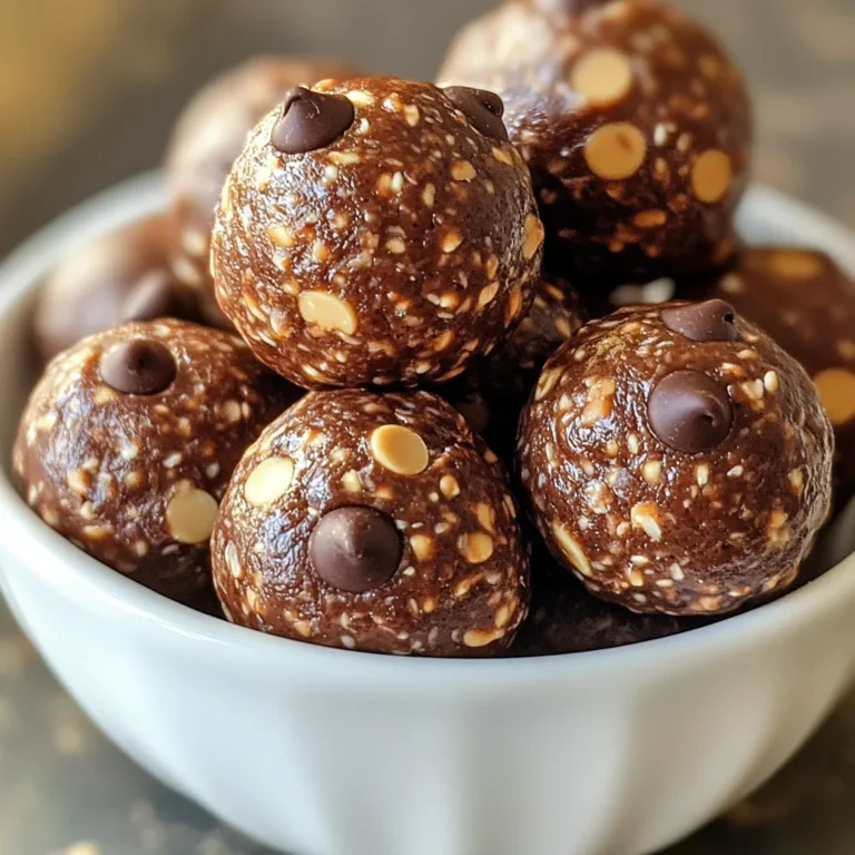 To make chocolate peanut butter energy balls, you need these key items: - 1 cup rolled oats - 1/2 cup creamy peanut butter - 1/4 cup honey or maple syrup - 1/4 cup unsweetened cocoa powder - 1/4 cup mini dark chocolate chips - 1/4 cup ground flaxseed (optional) - 1/2 teaspoon vanilla extract - A pinch of sea salt You can change the recipe to suit your taste. Here are some fun options: - Use crunchy peanut butter for extra texture. - Swap honey for agave syrup for a vegan option. - Add shredded coconut for a tropical twist. - Mix in dried fruit like cranberries or raisins for sweetness. Each ingredient offers unique health benefits: - Rolled oats: High in fiber and great for digestion. - Creamy peanut butter: Packed with protein and healthy fats. - Honey or maple syrup: Natural sweeteners that provide energy. - Cocoa powder: Rich in antioxidants and adds a chocolatey taste. - Mini dark chocolate chips: A treat that boosts mood and adds flavor. - Ground flaxseed: Full of omega-3 fatty acids, good for heart health. - Vanilla extract: Adds flavor and may have antioxidant properties. - Sea salt: Balances sweetness and enhances flavor. These ingredients make your energy balls tasty and nutritious! {{ingredient_image_1}} To make these tasty energy balls, start by gathering your ingredients. You will need rolled oats, creamy peanut butter, honey or maple syrup, unsweetened cocoa powder, mini dark chocolate chips, ground flaxseed, vanilla extract, and a pinch of sea salt. 1. In a large bowl, combine 1 cup of rolled oats, 1/4 cup of cocoa powder, and 1/4 cup of ground flaxseed if you choose to use it. Mix these dry ingredients well. 2. In another bowl, whisk together 1/2 cup of creamy peanut butter, 1/4 cup of honey or maple syrup, 1/2 teaspoon of vanilla extract, and a pinch of sea salt. Make sure this mixture is smooth. 3. Pour the peanut butter mix into the dry mix. Stir until everything is combined. If it feels too dry, add a splash of water or more honey to soften it. 4. Gently fold in 1/4 cup of mini dark chocolate chips. Ensure they spread evenly throughout the mix. 5. Now, use your hands or a small cookie scoop to shape the mix into small balls, about 1 inch wide. - Make sure your hands are slightly damp when forming the balls. This helps them hold shape without sticking. - If the mix crumbles too much, add a bit more peanut butter. It helps bind everything together. - Try using a cookie scoop for uniform size. This way, all the balls will look nice and cook evenly. Once you shape all the balls, place them on a baking sheet lined with parchment paper. Refrigerate them for at least 30 minutes. This helps them firm up nicely. After they chill, you can transfer the energy balls to an airtight container. They will stay fresh in the fridge for up to one week. Enjoy them as a quick snack or energy boost anytime! To get the best texture for your energy balls, you want a good mix. First, use creamy peanut butter. It helps bind everything together. If your mix feels too dry, add a splash of water or more honey. This makes it stick better. The rolled oats should break down a bit when you mix. This helps with the chewiness. Finally, chill them for at least 30 minutes. This helps them firm up nicely. One common mistake is not mixing enough. If you don’t combine all the ingredients well, the balls will fall apart. Another mistake is using too much cocoa powder. It can make the mix too dry. Stick to the recipe for the best results. Lastly, don’t skip the chilling step. Skipping it can lead to soft energy balls that won’t hold their shape. These energy balls are great as a snack or a quick breakfast. Serve them in a decorative bowl for a nice touch. You can add some extra mini dark chocolate chips on top. This makes them look even better. Pair these energy balls with a glass of milk or a smoothie. They are packed with nutrients and go well with many drinks. Enjoy them as a healthy treat any time of day! Pro Tips Customizing Sweetness: Adjust the amount of honey or maple syrup to suit your taste; you can reduce it for less sweetness or add a bit more for a sweeter treat. Adding Protein: Boost the nutritional value by incorporating protein powder into the mixture; this is especially great for a post-workout snack. Mixing In Nuts: Feel free to add chopped nuts or seeds for extra crunch and nutritional benefits; almonds or walnuts work particularly well. Storage Tips: For longer shelf life, freeze the energy balls instead of refrigerating them; they can last up to three months in the freezer. {{image_2}} You can change the flavors of these energy balls to keep things fun. For a coconut twist, add 1/2 cup of shredded coconut. It gives a nice chewiness and sweetness. If you like almonds, swap out the peanut butter for almond butter. It adds a rich taste that pairs well with chocolate. You can even try adding a few drops of almond extract for a stronger flavor. Adding seeds or dried fruits boosts nutrition. Chia seeds or pumpkin seeds work great. Just mix in 1/4 cup for added crunch and omega-3s. You can also toss in some dried cranberries or raisins. They add a pop of sweetness and fiber. If you want a protein boost, consider adding 1/4 cup of protein powder. This will make your energy balls even more filling. If you follow a vegan diet, use maple syrup instead of honey. It keeps your energy balls sweet and sticky. For a gluten-free option, make sure your oats are certified gluten-free. This way, everyone can enjoy these tasty bites. If you need nut-free options, try sunflower seed butter. It has a creamy texture and a unique flavor that works well. To keep your Chocolate Peanut Butter Energy Balls fresh, store them in an airtight container. This helps keep moisture out and flavor in. I like to place a piece of parchment paper between layers if I stack them. This way, they do not stick together. You can store these energy balls in the fridge for up to one week. If you want to save some for later, freezing is a great option. Start by placing the energy balls on a baking sheet lined with parchment paper. Freeze them for about one hour until they are firm. After that, transfer the balls to a freezer-safe bag or container. This will keep them safe for up to three months. When you want to enjoy one, just take it out and let it thaw in the fridge for a few hours. To keep your energy balls tasty, avoid leaving them out at room temperature for too long. If you notice them getting dry, consider adding a bit more peanut butter or honey next time you make them. Always check for any signs of spoilage, like changes in color or smell. If they look or smell off, it's best to toss them. Keeping them well-stored helps maintain their delicious flavor and chewy texture. Chocolate peanut butter energy balls are small snacks made from oats, peanut butter, and chocolate. They are simple to make and taste great. These energy balls are packed with nutrients and give you a boost of energy. The main ingredients create a chewy, sweet treat that you can eat anytime. They are perfect for a snack before or after a workout. Yes, you can easily swap ingredients based on your needs. If you are allergic to peanuts, use almond butter or sunflower seed butter instead. For a vegan option, replace honey with maple syrup. You can also skip the chocolate chips if you want to cut sugar. If you need gluten-free snacks, make sure the oats are certified gluten-free. There are many options to fit your diet. These energy balls can last about one week in the fridge. Keep them in an airtight container to keep them fresh. If you want them to last longer, you can freeze them. When frozen, they can last for up to three months. Just thaw them in the fridge before enjoying. In this post, we explored how to make energy balls with a focus on ingredients, preparation, and storage. We detailed each ingredient, shared tips for the best texture, and highlighted fun variations. Remember, you can customize these energy balls to fit your taste and dietary needs. Use these tips to make delicious, healthy snacks that boost your energy. Experiment with flavors, and enjoy your tasty creations!