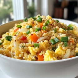 - 1 medium head of cauliflower, grated or pulsed into rice-sized pieces - 2 tablespoons sesame oil - 1 medium onion, diced - 2 cloves garlic, minced - 1 cup mixed vegetables (carrots, peas, and bell peppers) - 2 large eggs, lightly beaten - 3 green onions, sliced - 2 tablespoons soy sauce (or coconut aminos for a healthier option) - 1 tablespoon ginger, grated - Salt and pepper to taste - Optional: 1 teaspoon chili flakes for heat Each serving of cauliflower fried rice offers a healthy option. It contains about 150 calories, 8 grams of protein, and 5 grams of fiber. You also get vitamins A and C from the veggies. By using cauliflower, you lower carbs and calories compared to regular rice. To make this dish, you need a few tools for ease. - A food processor helps chop cauliflower into rice-sized pieces. - A large skillet or wok cooks everything evenly. - A spatula is useful for stirring and scrambling eggs. - Measuring spoons ensure you add the right amount of oil and sauces. These tools make cooking fast and fun, letting you focus on flavors and textures. {{ingredient_image_1}} First, you need to get your cauliflower ready. Take off the leaves and core. Cut the cauliflower into smaller florets. Next, use a food processor to pulse the florets. Keep pulsing until they look like rice grains. This step makes your cauliflower fried rice light and fluffy. Set the riced cauliflower aside for later. Now, it’s time to cook the aromatics. Heat two tablespoons of sesame oil in a large skillet or wok over medium heat. Add one medium diced onion and two cloves of minced garlic. Stir them often until the onion turns clear. This process releases a wonderful aroma that is key to your dish. Next, stir in one cup of mixed vegetables. You can use carrots, peas, and bell peppers. Cook these for three to four minutes until they soften. Then, push the veggie mix to one side of the skillet. On the empty side, pour in two large beaten eggs. Gently stir the eggs until they scramble and cook through. This adds protein and a nice texture to your meal. Now, it’s time to combine everything. Add the prepared cauliflower to the skillet. Mix all the ingredients well. Cook for five to seven minutes. You want the cauliflower to soften but stay firm. Then, add two tablespoons of soy sauce, one tablespoon of grated ginger, and season with salt and pepper. If you like a bit of heat, toss in one teaspoon of chili flakes. Stir well to blend all the flavors. For the final touch, add three sliced green onions to the skillet. Cook for another two minutes. This adds freshness and color to your dish. Taste your cauliflower fried rice and adjust the seasoning if you need to. Once done, remove it from heat and serve hot. Enjoy your healthy, tasty meal! When selecting cauliflower, look for firm heads. They should be white and free from brown spots. Fresh cauliflower has tight florets and green leaves. If the leaves are wilted, the cauliflower might not be fresh. Size matters too; a medium head is perfect for this recipe. To get the best texture, pulse the cauliflower in a food processor. Don’t over-process it, or you'll turn it into mush. Aim for rice-sized pieces. If you don’t have a food processor, you can grate the cauliflower with a box grater. This method takes more time but works well too. Use sesame oil for a nutty taste. Heat it before adding onions and garlic. Sauté them until the onion turns translucent. This step builds a great flavor base. When adding vegetables, cook them just until they’re tender. This keeps them colorful and crisp. Finally, don’t forget the soy sauce and ginger. They add depth to the dish. Adjust seasoning to your taste, and enjoy! Pro Tips Use Fresh Cauliflower: For the best texture and flavor, choose a fresh head of cauliflower that feels firm and has no brown spots. Customize Your Veggies: Feel free to add or swap out the mixed vegetables according to your preference or what you have on hand. Don’t Overcook the Cauliflower: Aim for a tender yet firm texture by cooking the cauliflower rice just until it softens, about 5-7 minutes. Boost the Flavor: Consider adding a splash of rice vinegar or a drizzle of sesame oil right before serving for an extra depth of flavor. {{image_2}} You can swap out the mixed vegetables in your cauliflower fried rice. Try using broccoli, zucchini, or snap peas. Each vegetable adds its own taste and texture. You can even use leftover veggies from your fridge. Just make sure they are cut into small pieces to cook evenly. Adding protein makes the dish heartier. Tofu works well if you want a plant-based option. Just cube it and sauté until golden. For meat lovers, cooked chicken or shrimp is great too. Add them after the garlic and onion for a rich flavor. Each protein brings its own unique taste to the dish. You can boost the flavor of your cauliflower fried rice in many ways. Add spices like cumin or paprika for a warm kick. Try a splash of sesame oil for extra depth. You can also experiment with sauces. Teriyaki or sriracha adds a fun twist. Don’t be afraid to mix and match to find your favorite flavor. To keep your cauliflower fried rice fresh, let it cool first. Use an airtight container to store it. It will last for about 3-4 days in the fridge. Make sure to label the container with the date. This way, you can enjoy your meal later. When you’re ready to eat, you can reheat your fried rice. The best way is to use a skillet. Add a small amount of sesame oil to the pan. Heat it over medium heat. Add the cauliflower fried rice and stir it often. This keeps it from sticking. Heat it for about 5-7 minutes until warm. You can also use a microwave. Place it in a microwave-safe bowl. Heat for 1-2 minutes. Stir halfway to ensure even warming. If you want to store it longer, freezing is a great option. Place the cooled fried rice in a freezer-safe bag. Try to remove as much air as possible before sealing. It can last for up to 3 months in the freezer. When you’re ready to enjoy it, thaw it in the fridge overnight. Reheat it as mentioned earlier for the best taste. Cauliflower fried rice is a healthy twist on traditional fried rice. Instead of using rice, we use grated cauliflower. This dish packs in veggies and protein, making it a nutritious choice. You can enjoy it as a main dish or a side. To make cauliflower fried rice vegan, skip the eggs. You can add tofu for protein instead. Firm tofu works best. Just cube it and cook it in the skillet with the veggies. It adds great texture and flavor. Yes, you can use frozen cauliflower rice. It saves time and is convenient. Just thaw it first and then add it to your skillet. Cook it for a shorter time, so it stays firm and doesn’t get mushy. Cauliflower fried rice is low in carbs and high in nutrients. It is rich in fiber, vitamins C and K, and antioxidants. This dish can help with weight loss and digestion. Plus, it’s a great way to add more veggies to your diet. To add spice, include chili flakes or sriracha. You can also add fresh peppers for heat. Adjust the amount to your taste. Start with a little, then add more if you like it spicier. Enjoy the kick! In this blog post, we explored how to make delicious cauliflower fried rice. We started with essential ingredients, learned step-by-step cooking methods, and shared helpful tips for great texture and flavor. You can also try different vegetable and protein options to mix things up. Remember to store leftovers properly and follow simple reheating methods. Cauliflower fried rice is a tasty, healthy choice for any meal. Enjoy your cooking adventure and feel free to customize each dish to your taste!