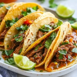 To make the best Crockpot Birria Tacos, you need a few key ingredients: - 2 lbs beef chuck roast, cut into chunks - 1 onion, quartered - 4 cloves garlic, minced - 2 dried guajillo chiles, seeds removed - 2 dried ancho chiles, seeds removed - 1 tablespoon ground cumin - 1 tablespoon ground oregano - 1 teaspoon smoked paprika - 1 teaspoon cinnamon - 4 cups beef broth - 2 tablespoons apple cider vinegar - Salt and pepper, to taste - Corn tortillas - Fresh cilantro, chopped (for garnish) - Lime wedges (for serving) These ingredients create a rich and savory flavor profile. The chiles bring warmth, while the spices add depth. For even more flavor, consider adding these optional ingredients: - Jalapeños for heat - Bay leaves for aroma - A splash of orange juice for sweetness These extras can elevate your tacos to a new level. Don’t hesitate to mix and match based on your taste. If you're missing an ingredient, here are some substitutes: - Beef chuck roast can be replaced with beef brisket. - Dried chiles can be swapped for chili powder. - Beef broth can be replaced with vegetable broth for a lighter taste. Using substitutes can help you work with what you have. Don’t let missing ingredients stop you from enjoying these delicious tacos! {{ingredient_image_1}} To start, I prepare the chiles. I take the guajillo and ancho chiles and remove the seeds. Then, I heat a dry skillet over medium heat. I toast the chiles for about 1-2 minutes. I watch carefully to avoid burning them. Once fragrant, I take them off the heat. I let them cool a little. After that, I transfer the chiles to a blender. Next, I make the sauce. I add the quartered onion and minced garlic to the blender. I also toss in the ground cumin, oregano, smoked paprika, and cinnamon. Then, I pour in the apple cider vinegar and 1 cup of beef broth. I blend everything until it is smooth. In a large bowl, I season the beef chunks with salt and pepper. I make sure every piece is well coated. Now, it’s time to combine everything in the crockpot. I place the seasoned beef chunks inside. Next, I pour the blended sauce over the meat. I add the remaining beef broth to cover the meat completely. I cover the crockpot and set it to cook on low for 8 hours. If I’m in a hurry, I can cook on high for 4-5 hours. When the beef is tender, I take it out and shred it with two forks. This makes it easy to fill the tacos later. To get great shredded beef, let it cook well. Cook the beef on low for a long time. This makes the meat tender and easy to pull apart. After cooking, use two forks to shred the meat. Pull the beef apart in thin strips. This will make your tacos look and taste amazing! Warming tortillas is key for good tacos. Use a dry skillet over medium heat. Place the corn tortillas in the skillet for about 30 seconds on each side. This makes them soft and pliable. You can also wrap them in a damp towel and microwave for about 20 seconds. Either way, warm tortillas help hold the filling well. Birria tacos taste great with fresh toppings. I love using chopped cilantro for a fresh kick. Lime wedges add a nice tang when squeezed over the tacos. You can also serve them with a small bowl of broth for dipping. This adds so much flavor and makes each bite special. Enjoy your delicious creation! Pro Tips Choose the Right Cut: Opt for beef chuck roast as it becomes tender and flavorful when slow-cooked, making it perfect for birria tacos. Toast the Chiles: Toasting the dried chiles enhances their flavor, giving your sauce a richer and more complex taste. Don’t Rush the Cooking: For the best results, cook the birria low and slow. This allows the flavors to meld and the beef to become incredibly tender. Use the Broth: Drizzle some of the flavorful broth over your tacos before serving for an extra layer of taste and moisture. {{image_2}} If you want a meat-free version, try jackfruit. It shreds well and soaks up flavors. Use the same spices and broth. You can also use mushrooms for a rich taste. Portobello or shiitake mushrooms are great choices. Don’t forget to add lime and cilantro for a fresh touch. Tacos can be so much more than just beef. You can use chicken, pork, or even fish. For a fun twist, try adding beans or cheese. You can layer in roasted veggies for extra flavor. Each filling can match the spices you love. Mix and match to find your perfect taco. Want heat? Add more guajillo or ancho chiles. You can also add jalapeños for a kick. If you prefer mild, use fewer chiles. Remove the seeds for less spice. You can make a mild sauce and serve hot salsa on the side. This way, everyone can enjoy their tacos just how they like! To store leftover Birria, let it cool first. Place the beef and broth in a container. Seal it tightly and refrigerate. You can keep it in the fridge for up to four days. For best taste, use it within two days. Always check for any off smells before using. To reheat the tacos, warm the beef in a skillet over low heat. You can add a splash of broth to keep it moist. Heat for about five minutes, stirring often. For tortillas, warm them in a dry skillet for about 30 seconds on each side. This makes them soft again. Build your tacos fresh for the best taste. You can freeze Birria for later. Cool it completely before freezing. Place it in a freezer-safe bag or container. Squeeze out as much air as possible to prevent freezer burn. It can last up to three months in the freezer. To thaw, move it to the fridge overnight. Reheat as mentioned before. Enjoy your Birria later with ease! Birria tacos come from Mexico. They started in the state of Jalisco. This dish began as a stew made with goat meat. Over time, people began using beef, making it more common. Birria is rich in flavor and has a deep red color. It gets its taste from special chiles and spices. People enjoy birria tacos at parties and family gatherings. Yes, you can use different meats for birria tacos. While beef is popular, you can also try lamb or pork. Each meat gives a unique flavor to the dish. Just remember to adjust cooking times based on the meat you choose. Lamb may cook faster, while pork may take longer. Your personal taste will guide you in this choice. You can keep leftover birria in the fridge for up to four days. Make sure to store it in an airtight container. If you want to keep it longer, freeze it for up to three months. When you reheat, it may taste even better. The flavors will have time to blend more. Just be sure to heat it well before serving. Crockpot Birria Tacos are a tasty treat you can make with simple steps. We covered key ingredients, including flavors and substitutes. I shared tips for making the perfect meal, like warming tortillas and shredding beef. You also learned ways to store leftovers and adjust spice levels. Try different fillings or go vegetarian for a twist. Enjoy crafting your own delicious tacos! Your kitchen can be a place of fun and flavor. Dive in and enjoy every bite of your creation!
