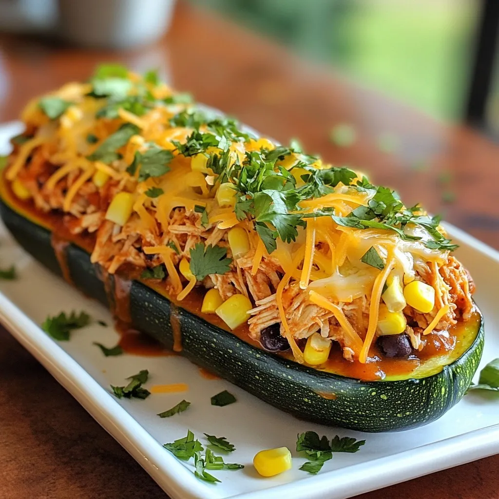 To make BBQ Chicken Stuffed Zucchini, gather these items: - 4 medium zucchinis - 2 cups cooked shredded chicken - 1 cup BBQ sauce (your choice of flavor) - 1 cup corn kernels (fresh, canned, or frozen) - 1 cup black beans, rinsed and drained - 1 cup shredded cheese (cheddar or a blend) - 1/2 teaspoon garlic powder - 1/2 teaspoon onion powder - Salt and pepper to taste - Fresh cilantro, chopped (for garnish) You can swap ingredients to fit your taste. If you don't have zucchini, try bell peppers. They work well too. For the chicken, shredded rotisserie chicken is a great choice. If you want a vegetarian option, use lentils or chickpeas instead. For the BBQ sauce, any flavor you love will work. You can even mix two flavors for fun! Each serving of BBQ Chicken Stuffed Zucchini offers: - Calories: 350 - Protein: 30g - Carbohydrates: 35g - Fat: 12g - Fiber: 8g This dish is rich in protein and fiber, making it a healthy choice. It also has a good mix of veggies and flavors. Enjoy this tasty meal guilt-free! {{ingredient_image_1}} Start by preheating your oven to 375°F (190°C). This helps cook the zucchinis evenly. Next, take the zucchinis and slice them in half lengthwise. Be careful with the knife! Use a spoon to scoop out the seeds gently. This creates a nice hollow space for our filling. Place the zucchinis cut side up on a baking sheet. This way, they can hold the BBQ chicken mixture well. In a mixing bowl, combine 2 cups of cooked shredded chicken with 1 cup of BBQ sauce. Choose any BBQ sauce you like. Then add 1 cup of corn kernels and 1 cup of rinsed black beans. These add great flavor and texture. Sprinkle in 1/2 teaspoon of garlic powder and 1/2 teaspoon of onion powder. Don't forget salt and pepper to taste! Mix everything well until the chicken is fully coated with sauce. This step makes the filling tasty and colorful. Now, spoon the BBQ chicken mixture into each zucchini half. Make sure to pack it lightly. This helps it hold together while baking. Next, top each stuffed zucchini with 1 cup of shredded cheese. I prefer cheddar, but you can use any cheese you like. Bake the zucchinis in the preheated oven for about 25 to 30 minutes. Keep an eye on them until they are tender. The cheese should be melted and bubbly. Once done, take them out and let them cool a bit. Finally, garnish with fresh chopped cilantro for a nice touch. Enjoy your BBQ chicken stuffed zucchinis! Pickling zucchini adds a tasty twist to your dish. To pickle zucchini, slice it thinly. Combine equal parts vinegar and water in a pot. Add sugar, salt, and spices like dill or garlic. Heat until the sugar dissolves. Pour this mix over the zucchini slices in a jar. Seal it and let it sit in the fridge for at least an hour. This quick pickling adds a crunchy, tangy flavor to your BBQ chicken stuffed zucchini. Cooking chicken well is key for flavor and safety. Always use cooked, shredded chicken for this recipe. You can boil, bake, or grill the chicken first. Make sure it reaches 165°F (74°C) for safety. Shredding the chicken helps it mix well with the BBQ sauce. This way, every bite is juicy and full of flavor. Choosing the right BBQ sauce can change your dish. For a sweet taste, try honey BBQ sauce. For a spicy kick, use a chipotle BBQ sauce. You can also mix sauces for a unique flavor. A smoky flavor pairs well with the zucchini. Experiment with different sauces to find your favorite blend. Adding a little hot sauce can also give a nice heat. Pro Tips Use Fresh Ingredients: Fresh zucchinis and high-quality BBQ sauce can significantly enhance the flavor of your dish. Mix It Up: Feel free to add other ingredients like diced bell peppers or jalapeños for extra flavor and texture. Cheese Variations: Experiment with different types of cheese such as mozzarella or pepper jack for a unique twist. Make Ahead: You can prepare the stuffed zucchinis in advance and store them in the fridge until you're ready to bake. {{image_2}} You can make BBQ Chicken Stuffed Zucchini vegetarian. Use cooked lentils or chickpeas instead of chicken. Both options add protein and fiber. You can also try tofu for a different texture. Just make sure to season it well with BBQ sauce. This keeps the flavor rich and tasty. To boost flavors, add spices or herbs. Try smoked paprika for a smoky taste. Cumin adds warmth and depth. Fresh herbs like basil or parsley brighten the dish. Experiment with your favorites to find the best mix. Don’t be afraid to get creative with flavors, as they can change the whole dish. Cheese makes everything better! While cheddar is great, you can mix it up. Use Monterey Jack for a creamy texture or pepper jack for a kick. Feta cheese adds a salty touch. Goat cheese can lend a tangy flavor. Feel free to combine different cheeses for a unique taste. To keep your BBQ Chicken Stuffed Zucchini fresh, place it in an airtight container. Make sure the container seals tightly to keep out air. You can also wrap the zucchinis in plastic wrap before placing them in the container. This extra layer helps keep moisture in. Always let the dish cool before storing it. This prevents extra steam from forming inside the container. You can store BBQ Chicken Stuffed Zucchini in the fridge for up to three days. After that, the taste and texture may change. If you want to keep it longer, consider freezing it. Just remember, freezing may change the zucchini's texture once thawed. To reheat your stuffed zucchini, preheat your oven to 350°F (175°C). Place the zucchinis on a baking sheet. Cover them with foil to keep the moisture. Bake for about 15-20 minutes, or until they are heated through. You can also use a microwave, but the oven works best for keeping the zucchini tender. Enjoy your delicious leftovers! Yes, you can make BBQ Chicken Stuffed Zucchini ahead of time. You can prepare the filling and stuff the zucchinis. Just cover them and store them in the fridge for up to 24 hours. When you are ready to eat, bake them as usual. This saves you time on busy nights! You can serve BBQ Chicken Stuffed Zucchini with many tasty sides. Here are some ideas: - A fresh green salad - Rice or quinoa for extra carbs - Grilled corn on the cob - Garlic bread for a nice crunch These sides will balance the flavors and make a full meal. Yes, you can make this recipe gluten-free. Just choose a gluten-free BBQ sauce. Check the labels on your ingredients. Many brands offer tasty options that fit your needs. Using gluten-free options keeps the dish safe for everyone to enjoy! BBQ Chicken Stuffed Zucchini is a fun and tasty dish. We covered the ingredients, how to prepare them, and tips to enhance flavor. You can even customize it with vegetarian options or different cheeses. Proper storage and reheating keep it fresh for later. This meal is flexible, healthy, and sure to please everyone. Enjoy exploring these options in your kitchen!