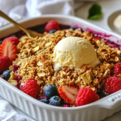 For this recipe, I use a mix of three berries. You will need: - 1 cup strawberries, hulled and sliced - 1 cup blueberries - 1 cup raspberries These berries bring a sweet and tart flavor. Each type adds its own charm. Strawberries are juicy, blueberries are sweet, and raspberries are tangy. Together, they create a colorful and tasty base. To sweeten the berries, I add: - 3 tablespoons granulated sugar - 1 tablespoon lemon juice - 1 teaspoon vanilla extract Granulated sugar helps the berries shine. Lemon juice gives a bright kick. Vanilla adds depth to the flavor. This mix makes the berries even more delicious. The topping is what makes this crisp special. You will need: - 1 cup rolled oats - 1/2 cup all-purpose flour - 1/2 cup brown sugar, packed - 1/2 teaspoon cinnamon - 1/4 cup unsalted butter, melted - Pinch of salt Rolled oats add crunch, while flour brings structure. Brown sugar gives a rich flavor. Cinnamon adds warmth, and salt balances all the taste. Melted butter helps bind it all. This topping creates a golden, crispy layer. {{ingredient_image_1}} Start by preheating your oven to 350°F (175°C). This helps the crisp bake evenly. Next, take a large mixing bowl. Add 1 cup of hulled and sliced strawberries, 1 cup of blueberries, and 1 cup of raspberries. These berries bring bright flavors and colors to your dish. To enhance the taste, sprinkle in 3 tablespoons of granulated sugar. Add 1 tablespoon of lemon juice for some zing. Don't forget 1 teaspoon of vanilla extract for a sweet touch. Gently toss the berries until they are well coated in the mixture. Pour this berry mix into your greased 8x8 inch baking dish. In a separate bowl, combine 1 cup of rolled oats, 1/2 cup of all-purpose flour, and 1/2 cup of brown sugar. The brown sugar gives a nice caramel flavor. Add 1/2 teaspoon of cinnamon for warmth and a pinch of salt to balance sweetness. Mix these ingredients well until they are combined. Now, drizzle 1/4 cup of melted unsalted butter over the oat mix. Use a fork to mix until the mixture is crumbly. This crumbly topping will turn golden brown while baking and add a delightful crunch. Spread the oat mixture evenly over the berry layer in your baking dish. This ensures every bite has a mix of berry and crisp. Bake in your preheated oven for 25-30 minutes. Keep an eye on it; you want the top to become golden brown and the berries to bubble up. After baking, remove the dish and let it cool for about 10 minutes. This cooling time allows the juices to settle. Serve it warm, and for an extra treat, add a scoop of vanilla ice cream or whipped cream on top. Enjoy your delicious triple berry crisp! When choosing berries, look for bright colors. Fresh berries should feel firm, not mushy. Strawberries should have a shiny red hue. Blueberries should be deep blue and plump. Raspberries need to be bright red with no dark spots. You can mix and match berries based on your taste. If you have leftover Triple Berry Crisp, store it in an airtight container. Keep it in the fridge for up to three days. To reheat, place it in the oven for 10 minutes at 350°F. This keeps the topping crispy and the berries warm. Avoid microwaving, as it can make the topping soggy. Serve your crisp warm for the best taste. A scoop of vanilla ice cream adds creaminess. You could also use whipped cream for a lighter option. For a fun twist, try adding a sprinkle of nuts on top. This adds crunch and flavor. Enjoy your Triple Berry Crisp with friends and family for a sweet treat! Pro Tips Use Fresh Berries: For the best flavor, opt for fresh berries that are in season. They will elevate the taste of your crisp significantly. Customize Your Sweetness: Taste the berry mixture before baking; you can adjust the sugar to your liking depending on how sweet the berries are. Experiment with Spices: Add a pinch of nutmeg or ginger to the oat topping for a unique twist on the traditional flavor profile. Let It Rest: Allow the crisp to cool slightly after baking. This helps the berry juices thicken and makes for easier serving. {{image_2}} You can make this crisp gluten-free easily. Swap the all-purpose flour for gluten-free flour. Check that your oats are certified gluten-free. This way, you can enjoy the crisp without worry! Feel free to mix and match your berries. Blackberries, boysenberries, or even cherries work well. Use whatever berries you have on hand. This keeps the recipe fun and exciting! To make this dessert dairy-free, use coconut oil instead of butter. You can also try a dairy-free ice cream on top. This lets everyone enjoy the dessert, no matter their diet! Each serving of Triple Berry Crisp has about 250 calories. This comes mainly from the oats, sugar, and butter. The berries add vital nutrients while keeping the calorie count low. Here’s how it breaks down: - Calories from oats: 150 - Calories from sugar: 60 - Calories from butter: 40 - Calories from fruit: 0-20 This tasty dessert is not just sweet; it’s balanced too. Berries are not only delicious; they pack a punch of health benefits. Strawberries, blueberries, and raspberries are rich in vitamins and antioxidants. Here are some key benefits: - High in fiber: This helps with digestion. - Low in calories: Great for weight management. - Rich in vitamins: Such as vitamin C and K. - Antioxidants: These protect your body from damage. Eating berries can help boost your mood and support heart health. You can make this dessert even healthier with a few tweaks. Here are some ideas: - Use less sugar: Cut the sugar by half or use a sugar substitute. - Choose whole grain oats: They add more fiber and nutrients. - Swap butter for coconut oil: This can add healthy fats. - Add nuts or seeds: They add crunch and boost protein. These changes keep the flavor while improving nutrition. Yes, you can use frozen berries for this crisp. They work well and save time. Just remember to thaw and drain them first. This keeps your crisp from getting too watery. Frozen berries will still taste great and offer a nice tartness. To prevent sogginess, use fresh berries if possible. When using frozen berries, thaw and drain them well. Make sure you coat the berries lightly with sugar. This helps draw out some moisture. Also, let your crisp cool for a few minutes before serving. This will help it set up and stay crisp. Triple Berry Crisp is delicious on its own. But you can add a scoop of vanilla ice cream or a dollop of whipped cream. Both add creaminess and balance the tart berries. You could also serve it with yogurt for a lighter option. Enjoy it warm for the best taste! In this article, we explored how to make a delicious triple berry crisp. We covered ingredients like fresh berries, sweeteners, and toppings. I shared instructions for preparing the berry mixture, making the crisp topping, and baking it. You learned tips for selecting berries and storing leftovers. We also discussed fun variations and the health benefits of berries. These insights aim to enhance your cooking experience. Enjoy your berry crisp and feel free to get creative with it!