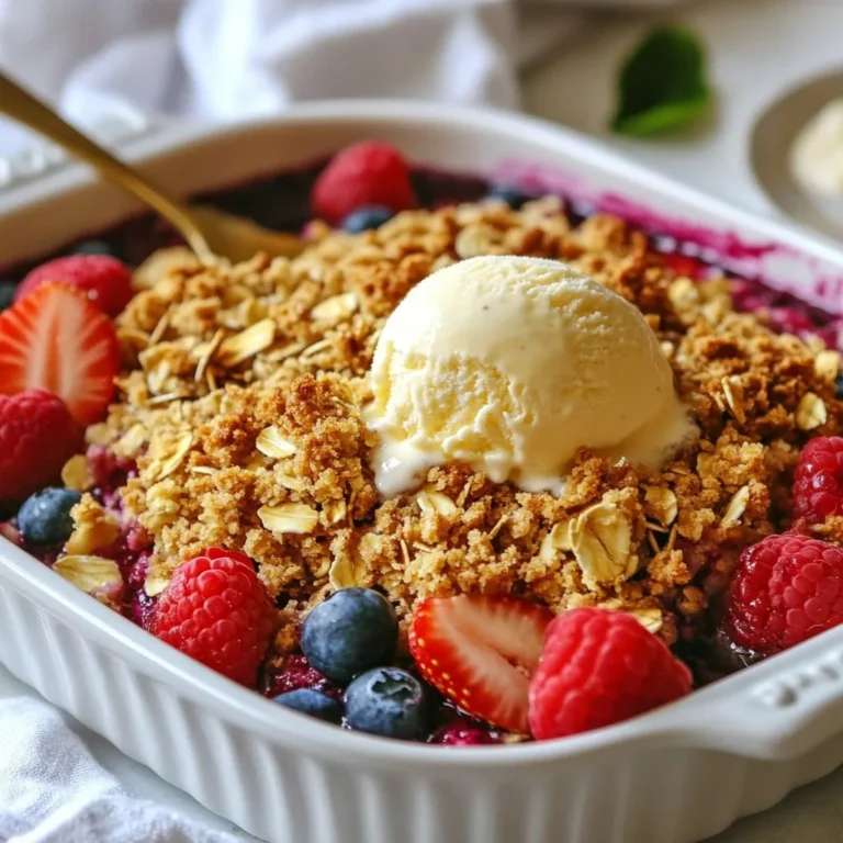 For this recipe, I use a mix of three berries. You will need: - 1 cup strawberries, hulled and sliced - 1 cup blueberries - 1 cup raspberries These berries bring a sweet and tart flavor. Each type adds its own charm. Strawberries are juicy, blueberries are sweet, and raspberries are tangy. Together, they create a colorful and tasty base. To sweeten the berries, I add: - 3 tablespoons granulated sugar - 1 tablespoon lemon juice - 1 teaspoon vanilla extract Granulated sugar helps the berries shine. Lemon juice gives a bright kick. Vanilla adds depth to the flavor. This mix makes the berries even more delicious. The topping is what makes this crisp special. You will need: - 1 cup rolled oats - 1/2 cup all-purpose flour - 1/2 cup brown sugar, packed - 1/2 teaspoon cinnamon - 1/4 cup unsalted butter, melted - Pinch of salt Rolled oats add crunch, while flour brings structure. Brown sugar gives a rich flavor. Cinnamon adds warmth, and salt balances all the taste. Melted butter helps bind it all. This topping creates a golden, crispy layer. {{ingredient_image_1}} Start by preheating your oven to 350°F (175°C). This helps the crisp bake evenly. Next, take a large mixing bowl. Add 1 cup of hulled and sliced strawberries, 1 cup of blueberries, and 1 cup of raspberries. These berries bring bright flavors and colors to your dish. To enhance the taste, sprinkle in 3 tablespoons of granulated sugar. Add 1 tablespoon of lemon juice for some zing. Don't forget 1 teaspoon of vanilla extract for a sweet touch. Gently toss the berries until they are well coated in the mixture. Pour this berry mix into your greased 8x8 inch baking dish. In a separate bowl, combine 1 cup of rolled oats, 1/2 cup of all-purpose flour, and 1/2 cup of brown sugar. The brown sugar gives a nice caramel flavor. Add 1/2 teaspoon of cinnamon for warmth and a pinch of salt to balance sweetness. Mix these ingredients well until they are combined. Now, drizzle 1/4 cup of melted unsalted butter over the oat mix. Use a fork to mix until the mixture is crumbly. This crumbly topping will turn golden brown while baking and add a delightful crunch. Spread the oat mixture evenly over the berry layer in your baking dish. This ensures every bite has a mix of berry and crisp. Bake in your preheated oven for 25-30 minutes. Keep an eye on it; you want the top to become golden brown and the berries to bubble up. After baking, remove the dish and let it cool for about 10 minutes. This cooling time allows the juices to settle. Serve it warm, and for an extra treat, add a scoop of vanilla ice cream or whipped cream on top. Enjoy your delicious triple berry crisp! When choosing berries, look for bright colors. Fresh berries should feel firm, not mushy. Strawberries should have a shiny red hue. Blueberries should be deep blue and plump. Raspberries need to be bright red with no dark spots. You can mix and match berries based on your taste. If you have leftover Triple Berry Crisp, store it in an airtight container. Keep it in the fridge for up to three days. To reheat, place it in the oven for 10 minutes at 350°F. This keeps the topping crispy and the berries warm. Avoid microwaving, as it can make the topping soggy. Serve your crisp warm for the best taste. A scoop of vanilla ice cream adds creaminess. You could also use whipped cream for a lighter option. For a fun twist, try adding a sprinkle of nuts on top. This adds crunch and flavor. Enjoy your Triple Berry Crisp with friends and family for a sweet treat! Pro Tips Use Fresh Berries: For the best flavor, opt for fresh berries that are in season. They will elevate the taste of your crisp significantly. Customize Your Sweetness: Taste the berry mixture before baking; you can adjust the sugar to your liking depending on how sweet the berries are. Experiment with Spices: Add a pinch of nutmeg or ginger to the oat topping for a unique twist on the traditional flavor profile. Let It Rest: Allow the crisp to cool slightly after baking. This helps the berry juices thicken and makes for easier serving. {{image_2}} You can make this crisp gluten-free easily. Swap the all-purpose flour for gluten-free flour. Check that your oats are certified gluten-free. This way, you can enjoy the crisp without worry! Feel free to mix and match your berries. Blackberries, boysenberries, or even cherries work well. Use whatever berries you have on hand. This keeps the recipe fun and exciting! To make this dessert dairy-free, use coconut oil instead of butter. You can also try a dairy-free ice cream on top. This lets everyone enjoy the dessert, no matter their diet! Each serving of Triple Berry Crisp has about 250 calories. This comes mainly from the oats, sugar, and butter. The berries add vital nutrients while keeping the calorie count low. Here’s how it breaks down: - Calories from oats: 150 - Calories from sugar: 60 - Calories from butter: 40 - Calories from fruit: 0-20 This tasty dessert is not just sweet; it’s balanced too. Berries are not only delicious; they pack a punch of health benefits. Strawberries, blueberries, and raspberries are rich in vitamins and antioxidants. Here are some key benefits: - High in fiber: This helps with digestion. - Low in calories: Great for weight management. - Rich in vitamins: Such as vitamin C and K. - Antioxidants: These protect your body from damage. Eating berries can help boost your mood and support heart health. You can make this dessert even healthier with a few tweaks. Here are some ideas: - Use less sugar: Cut the sugar by half or use a sugar substitute. - Choose whole grain oats: They add more fiber and nutrients. - Swap butter for coconut oil: This can add healthy fats. - Add nuts or seeds: They add crunch and boost protein. These changes keep the flavor while improving nutrition. Yes, you can use frozen berries for this crisp. They work well and save time. Just remember to thaw and drain them first. This keeps your crisp from getting too watery. Frozen berries will still taste great and offer a nice tartness. To prevent sogginess, use fresh berries if possible. When using frozen berries, thaw and drain them well. Make sure you coat the berries lightly with sugar. This helps draw out some moisture. Also, let your crisp cool for a few minutes before serving. This will help it set up and stay crisp. Triple Berry Crisp is delicious on its own. But you can add a scoop of vanilla ice cream or a dollop of whipped cream. Both add creaminess and balance the tart berries. You could also serve it with yogurt for a lighter option. Enjoy it warm for the best taste! In this article, we explored how to make a delicious triple berry crisp. We covered ingredients like fresh berries, sweeteners, and toppings. I shared instructions for preparing the berry mixture, making the crisp topping, and baking it. You learned tips for selecting berries and storing leftovers. We also discussed fun variations and the health benefits of berries. These insights aim to enhance your cooking experience. Enjoy your berry crisp and feel free to get creative with it!