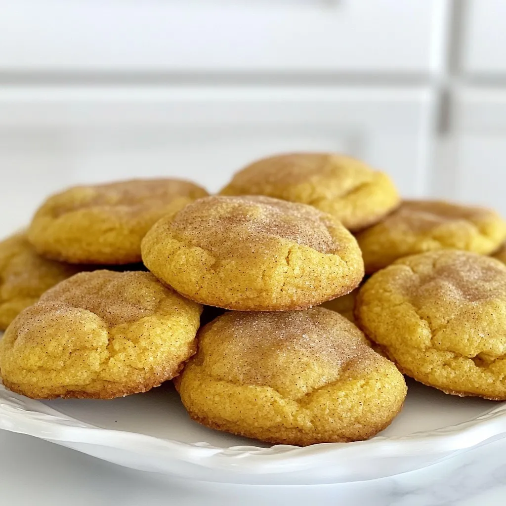 - 1 cup pumpkin puree - 1/2 cup unsalted butter, softened - 1 cup granulated sugar - 1/2 cup brown sugar, packed - 1 egg - 1 teaspoon vanilla extract For the main ingredients, pumpkin puree gives the cookies a soft texture and rich flavor. Softened unsalted butter helps the dough blend well. The mix of granulated and brown sugar adds sweetness and moisture. The egg binds everything together, while vanilla extract adds a lovely aroma. - 2 cups all-purpose flour - 1 teaspoon cream of tartar - 1 teaspoon baking soda - 1/2 teaspoon salt - 1 teaspoon ground cinnamon - 1/2 teaspoon ground nutmeg - 1/4 teaspoon ground ginger The dry ingredients are key to the cookie's structure. All-purpose flour provides the main body. Cream of tartar helps create the soft texture you want. Baking soda gives the cookies a nice rise. Salt balances the sweetness, while cinnamon, nutmeg, and ginger bring warmth and spice. - 1/4 cup granulated sugar (for rolling) - 2 teaspoons ground cinnamon (for rolling) The cinnamon-sugar coating adds a sweet and spicy crunch. Rolling the dough balls in this mixture makes each bite extra tasty. It also gives the cookies a beautiful look when baked. {{ingredient_image_1}} First, set your oven to 350°F (175°C). This step is key for even baking. Next, take a baking sheet and line it with parchment paper. This helps the cookies not stick and makes cleanup easy. In a large bowl, add 1/2 cup of softened butter, 1 cup of granulated sugar, and 1/2 cup of brown sugar. Mix them together until the mixture is light and fluffy. This creates a nice base for the cookies. Now, add 1 cup of pumpkin puree, 1 egg, and 1 teaspoon of vanilla extract to the butter mixture. Mix well until everything is combined. In another bowl, whisk together 2 cups of all-purpose flour, 1 teaspoon of cream of tartar, 1 teaspoon of baking soda, 1/2 teaspoon of salt, and your spices: 1 teaspoon of ground cinnamon, 1/2 teaspoon of nutmeg, and 1/4 teaspoon of ginger. Combine the dry ingredients slowly into the wet mix, stirring gently. Be careful not to overmix. Use a cookie scoop or your hands to form the dough into balls about 1 inch wide. In a small bowl, mix 1/4 cup of granulated sugar with 2 teaspoons of cinnamon. Roll each ball in this cinnamon-sugar mixture until fully coated. Place the coated dough balls on the prepared baking sheet. Leave about 2 inches of space between them. Bake in the oven for 10-12 minutes. The cookies should be set and lightly golden on the edges. They may look soft in the middle, but they will firm up as they cool. After baking, let them sit on the sheet for a few minutes before moving them to a wire rack to cool completely. To make soft cookies, avoid overmixing the dough. When you combine wet and dry ingredients, mix until just blended. Overmixing can make cookies tough. Using room temperature ingredients helps too. Softened butter blends better with sugars, giving a light and fluffy texture. If you forgot to take your butter out early, you can microwave it for just 10 seconds to soften it. Adding more spices can boost flavor. Try mixing in a bit of allspice or cloves for a warm taste. Fresh spices give the best flavor. If you can, buy whole spices and grind them at home. Ground spices lose flavor over time, so fresh is best. Arrange your cookies on a festive platter to make them pop. A light dusting of cinnamon on top adds a nice touch. For drinks, serve them with cold milk or a warm cup of coffee. The flavors mix well, making your snack more enjoyable. Pro Tips Use Fresh Pumpkin Puree: For the best flavor, consider using fresh pumpkin puree instead of canned. Roast a pumpkin, scoop out the flesh, and blend until smooth. Chill the Dough: If the dough feels too sticky to handle, chill it in the refrigerator for 30 minutes. This will make it easier to form into balls. Check for Doneness: The cookies will look soft in the center when done; they should not be overly brown. They will firm up as they cool on the baking sheet. Experiment with Spices: Feel free to adjust the spices to your taste or even add a pinch of cloves or allspice for a unique flavor twist. {{image_2}} You can add fun flavors to these cookies. One great option is to make maple-flavored snickerdoodle pumpkin cookies. Just swap some sugar for maple syrup. This gives your cookies a sweet, rich taste. Adding chocolate chips or nuts is another way to change things up. Mix in half a cup of chocolate chips for a sweet surprise. Chopped walnuts or pecans can add a nice crunch. Both options make your cookies even more special. If you need gluten-free options, use gluten-free flour instead of all-purpose flour. This makes the cookies just as tasty. You won’t miss the regular flour at all. For vegan adaptation, replace the egg with 1/4 cup of applesauce or a flax egg. Use vegan butter in place of unsalted butter. These swaps let everyone enjoy the cookies, no matter their diet. You can make cookie sandwiches with cream cheese frosting. Spread frosting between two cookies for a rich treat. This makes a fun and tasty dessert for any gathering. Snickerdoodle pumpkin cookie bars are another creative idea. Spread the dough into a baking pan instead of forming cookies. Bake and cut into bars for easy sharing. These bars are perfect for parties or potlucks. To keep your Snickerdoodle pumpkin cookies fresh, store them in an airtight container. Place a piece of wax paper between layers of cookies to avoid sticking. Keep them at room temperature for up to five days. This method keeps the cookies soft and tasty. For longer storage, freezing is a great option. Place cookies in a single layer on a baking sheet. Freeze them for about an hour until firm. Then, transfer them to a freezer-safe bag or container. You can freeze these cookies for up to three months. When ready to enjoy, thaw cookies in the fridge overnight. For a warm treat, pop them in the microwave for 10-15 seconds. This way, they’ll be soft and delicious again. Snickerdoodle pumpkin cookies last up to five days at room temperature. If stored in the fridge, they can stay fresh for up to a week. In the freezer, they maintain quality for about three months. Always check for signs of spoilage before eating. Enjoy every bite! Snickerdoodle pumpkin cookies can last for up to one week at room temperature. To store them, place the cookies in an airtight container. This keeps them soft and fresh. You can also freeze them for longer storage. They stay good for about three months in the freezer. Just make sure to wrap them well to prevent freezer burn. Using pumpkin pie filling is possible, but it changes the flavor. Pumpkin pie filling contains spices and sugar. This can make your cookies sweeter and less balanced. If you choose to use it, reduce the sugar in your recipe. You may also want to skip some spices to avoid an overpowering taste. If you don't have cream of tartar, you can use baking powder. Use one and a half teaspoons of baking powder for every teaspoon of cream of tartar. You can also use lemon juice or vinegar. Substitute one teaspoon of cream of tartar with one teaspoon of either lemon juice or vinegar. Yes, you can make the dough ahead of time. After mixing, cover it tightly and place it in the fridge. The dough can sit for up to three days. This allows flavors to develop. When you're ready to bake, scoop and roll the dough in sugar before baking. You can also freeze the dough. Shape it into balls, freeze them, then bake directly from frozen, adding a minute or two to the baking time. You now know how to make delicious Snickerdoodle Pumpkin Cookies. We covered the key ingredients, step-by-step instructions, and helpful tips for the perfect bake. We also explored fun variations and how to store your cookies for maximum freshness. Enjoy these tasty treats fresh from the oven or with creative spins. Baking can bring joy and warmth to your kitchen. Now, it’s time to share your cookies and smiles with others.