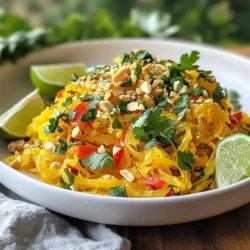 - 1 medium spaghetti squash - 2 tablespoons peanut oil - 2 cloves garlic, minced - 1 red bell pepper, sliced - 1 cup bean sprouts - 2 green onions, sliced (white and green parts separated) - 2 large eggs, lightly beaten - 3 tablespoons soy sauce - 1 tablespoon tamarind paste - 1 tablespoon brown sugar - ½ teaspoon red pepper flakes (adjust to taste) - Fresh cilantro, for garnish - Chopped peanuts, for garnish - Lime wedges, for serving The ingredients in this Spaghetti Squash Pad Thai make it unique and tasty. First, we use spaghetti squash instead of traditional noodles. This squash is low in carbs and adds a fun texture. The peanut oil is perfect for cooking. It gives a lovely nutty flavor that helps tie the dish together. Garlic adds a strong and savory taste. The red bell pepper brings color and sweetness. Bean sprouts add crunch, while green onions give a fresh bite. The eggs not only add protein, but they also help bind everything together. For the sauces, soy sauce brings umami, while tamarind paste adds a tangy twist. Brown sugar balances the flavors with sweetness. Red pepper flakes give a kick, which you can adjust based on your spice level. Finally, the garnishes are key. Fresh cilantro adds brightness, while chopped peanuts give crunch. Lime wedges add a zesty finish. All these ingredients work together to create a dish that is full of flavor and fun. {{ingredient_image_1}} - Preheating the oven: Start by preheating your oven to 400°F (200°C). This step is key for even roasting. - Slicing and seasoning the squash: Carefully slice the spaghetti squash in half lengthwise. Scoop out the seeds. Drizzle the inside with olive oil and season with salt and pepper. - Roasting instructions: Place the squash cut-side down on a baking sheet. Roast for 35-40 minutes. The squash should be tender and easy to scrape into strands. - Heating peanut oil and sautéing garlic: In a large skillet or wok, heat 2 tablespoons of peanut oil over medium-high heat. Add 2 minced garlic cloves and sauté for about 30 seconds until fragrant. - Adding vegetables and stir-frying: Next, add 1 sliced red bell pepper and the white parts of 2 sliced green onions. Stir-fry for 3-4 minutes until the veggies are tender-crisp. - Scrambling the eggs and mixing: Push the veggies to one side of the skillet. Pour in 2 lightly beaten eggs on the other side. Scramble the eggs until fully cooked, then mix them in with the veggies. - Making the sauce: In a small bowl, mix 3 tablespoons of soy sauce, 1 tablespoon of tamarind paste, 1 tablespoon of brown sugar, and ½ teaspoon of red pepper flakes. - Adding the sauce to the skillet: Pour the sauce over the cooked veggie and egg mixture in the skillet. Stir well to combine. - Incorporating the spaghetti squash and finishing touches: Turn off the heat and add 1 cup of bean sprouts, mixing until they’re just wilted. Once the spaghetti squash is done, use a fork to scrape it into strands. Add these strands to the skillet and gently toss everything together until heated through. - Look for a squash that feels heavy for its size. - The skin should be hard with a rich yellow color. - Avoid squashes with soft spots or blemishes. - To change the spice level, add more or less red pepper flakes. - For a milder dish, skip the red pepper flakes altogether. - You can swap peanut oil for sesame oil for a different taste. - Soy sauce can be replaced with tamari for a gluten-free option. - Use a large, shallow bowl to plate your dish. - Twist the spaghetti strands into nests for a beautiful look. - Scatter chopped peanuts and cilantro on top for color. - Add lime wedges on the side for a fresh burst of flavor. Pro Tips Choosing the Right Squash: Look for a spaghetti squash that feels heavy for its size and has a firm skin. This indicates freshness and quality. Perfectly Roasted Squash: For even cooking, place the squash cut-side down on the baking sheet to allow steam to circulate while roasting. Adjusting Spice Levels: If you prefer less heat, start with fewer red pepper flakes and add more gradually until it reaches your desired spice level. Serving Suggestions: For added flavor, serve with a sprinkle of lime juice just before eating to brighten the dish. {{image_2}} You can add protein to your Spaghetti Squash Pad Thai. Chicken, shrimp, or tofu work well. For chicken, cut it into small pieces. Cook it in the skillet until it is no longer pink, about 5-7 minutes. Shrimp cooks quickly, about 3-4 minutes until they turn pink. If you prefer tofu, use firm tofu. Cut it into cubes and cook it for 5-6 minutes until golden. If you want a vegetarian or vegan dish, you can skip the eggs. Use scrambled tofu instead. For sauces, replace soy sauce with tamari for gluten-free options. Look for vegan tamarind paste. You can also use nutritional yeast for a cheesy flavor that fits vegan diets. Feel free to play with the veggies in your Pad Thai. Carrots, snap peas, or broccoli add great taste. You can also try different spices. Add ginger for a warm kick or lime juice for zest. Each change can bring a new twist to this classic dish. Store leftovers in an airtight container. Keep it in the fridge for up to three days. Make sure to let it cool to room temperature first. This helps keep the flavors fresh. I find that separating the sauce from the squash helps maintain texture. Reheat in a skillet over medium heat. Stir often to heat evenly. You can also use a microwave. If using the microwave, heat in short bursts. Add a splash of water to keep it moist. This keeps the squash from drying out. To freeze, place in a freezer-safe container. Leave some space for expansion. It can last up to three months. When ready to eat, thaw in the fridge overnight. Reheat in a skillet for best results. You can also use the microwave, but watch the texture. Spaghetti Squash Pad Thai is a fun twist on the classic dish. Instead of rice noodles, we use spaghetti squash. This squash has a mild flavor and a spaghetti-like texture. The main components include: - Spaghetti squash - Peanut oil - Garlic - Red bell pepper - Bean sprouts - Green onions - Eggs These ingredients come together for a tasty and colorful meal. The sauce is made from soy sauce, tamarind paste, brown sugar, and red pepper flakes. This mix gives the dish a sweet, savory, and slightly spicy flavor. Yes, you can easily make this recipe gluten-free. Use gluten-free soy sauce, which is widely available. For a different flavor, you can try tamari, which is a gluten-free soy sauce. Look for brands that are labeled gluten-free. Always check the labels to be sure. To prepare this dish in advance, you can roast the spaghetti squash first. Store the cooked squash in the fridge. Cook the vegetable and egg mix and store that separately. When you're ready to eat, just heat both together in a pan. This will keep the flavors fresh. This blog post covered how to make Spaghetti Squash Pad Thai. We explored key ingredients, sauces, and garnishes. You learned helpful steps for preparing the squash and cooking the dish. Tips on selecting, adjusting, and presenting were shared. Variations for proteins and flavors offer choices for everyone. Lastly, we discussed storage tips to keep your meal fresh. Enjoy making this dish. It’s fun, tasty, and easy!
