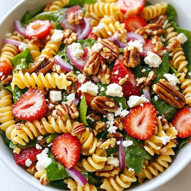 To make a tasty Strawberry Spinach Pasta Salad, you need fresh and simple ingredients. Here’s what you’ll need: - 8 oz. fusilli pasta - 4 cups fresh spinach, washed and roughly chopped - 1 cup strawberries, sliced - 1/2 cup feta cheese, crumbled - 1/4 cup red onion, thinly sliced - 1/4 cup pecans, toasted and chopped - 3 tablespoons olive oil - 2 tablespoons balsamic vinegar - 1 tablespoon honey - Salt and pepper to taste These ingredients come together to create a bright and flavorful dish. The fusilli pasta adds a fun twist, while spinach and strawberries bring freshness. Feta cheese gives it a creamy touch, and pecans add a nice crunch. The dressing of olive oil, balsamic vinegar, and honey ties everything together with a sweet and tangy flavor. Don’t forget to season with salt and pepper for that extra kick! {{ingredient_image_1}} To start, you need 8 ounces of fusilli pasta. Bring a big pot of water to a boil. Add the pasta and cook it according to the package directions. This usually takes about 8 to 10 minutes. You want the pasta to be tender but not mushy. Once done, drain the pasta in a strainer. Rinse it under cold water. This step cools the pasta and stops the cooking process. In a large bowl, combine the cooled fusilli pasta with 4 cups of chopped spinach and 1 cup of sliced strawberries. Next, add 1/4 cup of thinly sliced red onion and 1/4 cup of chopped pecans. Finally, fold in 1/2 cup of crumbled feta cheese. Mixing these ingredients gives you a colorful and tasty salad. For the dressing, grab a small bowl. Whisk together 3 tablespoons of olive oil, 2 tablespoons of balsamic vinegar, and 1 tablespoon of honey. Add a pinch of salt and pepper to taste. Keep whisking until the dressing blends well. This dressing adds a sweet and tangy flavor. Now, drizzle the dressing over the salad. Toss everything gently to coat the ingredients in the dressing. Be careful not to break the pasta or strawberries. Let the salad sit for about 10 minutes. This time allows the flavors to meld together and enhances the taste. To make your Strawberry Spinach Pasta Salad look great, serve it in a large bowl. This gives a nice view of the colorful ingredients. For a fun touch, garnish the top with extra sliced strawberries and crumbled feta cheese. You could also add a few whole strawberries on the side. It adds charm and makes the dish pop. To make your salad taste even better, adjust the seasoning. If you like it sweeter, add more honey. For a bit of spice, sprinkle in some red pepper flakes. Fresh herbs can also boost the flavor. Try adding basil or mint for a fresh twist. These simple changes can make your salad stand out even more. Pro Tips Use Fresh Ingredients: Fresh spinach and ripe strawberries will enhance the flavor and texture of your salad. Always opt for the freshest produce available. Make Ahead: This salad can be prepared a few hours in advance. Just keep the dressing separate until you're ready to serve to prevent the spinach from wilting. Customize Your Nuts: Feel free to swap pecans for walnuts or almonds based on your taste preference. Toasted nuts add a delightful crunch and depth of flavor. Balance the Flavors: Adjust the sweetness of the dressing by adding more honey or vinegar based on your taste. A little extra acidity can brighten the overall flavor. {{image_2}} You can easily change the pasta in this salad. Try using penne or bowtie pasta instead of fusilli. Each shape brings a unique twist. If you want a gluten-free option, use chickpea or quinoa pasta. For cheese, feta is great, but you can swap it for goat cheese or mozzarella. Both options add a creamy touch. Nuts also provide a nice crunch. Instead of pecans, consider walnuts or almonds. They will taste amazing with the strawberries. The dressing is key to this salad. While the olive oil and balsamic vinegar mix well, you can try other dressings. A poppy seed dressing or a citrus vinaigrette will give a fresh taste. You can go homemade or store-bought with dressings. Homemade dressings let you control flavors and ingredients. They can taste fresher than store options. Store-bought dressings save time but check for added sugars. Using seasonal fruits and veggies can change your salad. In summer, add blueberries or peaches. In fall, consider apples or pears for a cozy twist. These fruits pair well with spinach and pasta. For holidays, think about themed adaptations. Add cranberries for Thanksgiving or pomegranate seeds for Christmas. These add color and flavor, making your salad festive and fun. After you enjoy your Strawberry Spinach Pasta Salad, save the leftovers. To keep it fresh, place the salad in an airtight container. This helps prevent air from making the salad soggy. Make sure to seal it tightly. If you have extra dressing, store it in a separate container. This way, the salad stays crisp and tasty. In the fridge, this salad lasts about 3 days. After that, the freshness fades. Look for signs that your salad has gone bad. If the spinach looks brown or wilty, it's time to toss it out. Also, if the strawberries feel mushy or smell sour, don't eat them. Always trust your senses when checking for freshness. Yes, you can make this salad ahead of time! I suggest preparing the pasta and chopping the veggies early in the day. You can mix everything together and keep it in the fridge. Just wait to add the dressing until right before you serve it. This helps the salad stay fresh and tasty. Absolutely! Adding proteins can make this salad even better. You can toss in grilled chicken, shrimp, or even tofu for a vegetarian option. These proteins add great flavor and make the salad more filling. Just chop them up and mix them in with the other ingredients. To keep your salad fresh, store it in an airtight container. This will help prevent wilting. If you notice any sogginess, you can add fresh spinach just before serving. It’s also smart to keep the dressing separate until you are ready to eat. This way, everything stays crisp and bright! This salad combines pasta, fresh produce, and tasty cheese for a delightful dish. You can adjust flavors with various dressings and seasonings. Remember to store leftovers in airtight containers to keep them fresh. Try the tips for presentation and flavor enhancement for a beautiful meal. With these ideas and variations, you can customize your salad every time. Enjoy creating a dish that is not only delicious but also easy to make. Have fun mixing and matching your favorite ingredients!