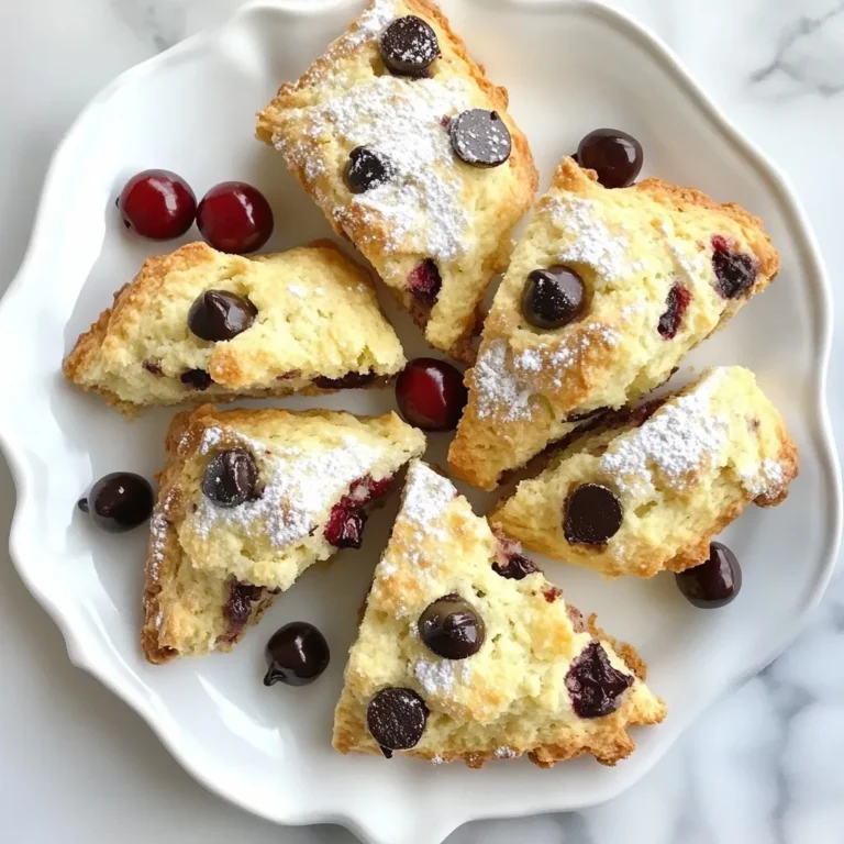 - 2 cups all-purpose flour - 1/4 cup granulated sugar - 1 tablespoon baking powder - 1/2 teaspoon salt - 1/4 cup unsalted butter, cold and cubed - 1/2 cup heavy cream - 1 large egg - 1 teaspoon vanilla extract - 1 cup fresh or frozen cherries, pitted and halved - 1/2 cup chocolate chips - 1 tablespoon milk (for brushing the tops) You can swap all-purpose flour for whole wheat flour if you like. Use coconut sugar instead of granulated sugar to add a hint of caramel. If you want to make it dairy-free, try coconut cream instead of heavy cream. You can also use a plant-based butter. Fresh cherries taste bright and juicy, making them a great choice for scones. They bring a sweet burst in every bite. Frozen cherries are handy and can work well too, but they may release more juice during baking. This can change the texture a bit. If you use frozen cherries, make sure to thaw and drain them first. {{ingredient_image_1}} First, set your oven to 400°F (200°C). This high heat helps the scones rise well. Next, line a baking sheet with parchment paper. This keeps the scones from sticking and makes clean-up easy. In a large bowl, mix together the flour, sugar, baking powder, and salt. Use a whisk to blend these dry ingredients well. This step ensures even flavor throughout the scones. Next, add the cold, cubed butter into your dry mixture. Use your fingers or a pastry cutter to mix it in. You want the mix to look like coarse crumbs. This step adds flakiness to your scones. In a separate bowl, whisk together the heavy cream, egg, and vanilla extract. Make sure this mix is smooth and well-blended. Pour this mixture into your dry ingredients. Gently fold in the halved cherries and chocolate chips. Ensure they spread evenly throughout the dough. This gives every bite a sweet burst of fruit and rich chocolate. Turn the dough onto a floured surface. Knead it gently until it comes together. Shape it into a circle about 1 inch thick. Cut the circle into wedges, like slicing a pizza. Place these wedges on your baking sheet, leaving space between them. Brush the tops of the scones with a little milk. This helps them turn golden brown. Bake in your preheated oven for 15-20 minutes. They are ready when they are golden and smell amazing. Once done, cool them on a wire rack before serving. Enjoy your warm scones! To create light and fluffy scones, keep your butter cold. Cold butter helps the scones rise. When mixing, use your fingers or a pastry cutter. Aim for crumbs that look like sand. Don't overmix your dough; mix just until combined. This keeps your scones tender. One common mistake is using warm butter. Warm butter makes the dough greasy. Another mistake is overworking the dough. This can lead to tough scones. Make sure to measure your flour correctly. Too much flour can dry out your scones. Lastly, avoid skipping the milk wash on top. It helps your scones brown nicely. Always preheat your oven to 400°F (200°C). This ensures even baking. Use parchment paper on your baking sheet. It prevents sticking and helps with cleanup. Space your scones apart on the sheet. This allows them to expand while baking. Keep an eye on them during the last few minutes. You want golden brown tops for the best flavor. Pro Tips Use Cold Ingredients: Ensure your butter and cream are cold to achieve the best flaky texture in your scones. Don't Overmix: Gently combine the dough to keep the scones tender. Overmixing can lead to tough scones. Chill Before Baking: If possible, chill the shaped scones for 15-30 minutes before baking to enhance their rise. Experiment with Mix-Ins: Feel free to substitute cherries and chocolate chips with your favorite fruits and nuts for a different flavor profile. {{image_2}} You can change the flavor of your scones easily. Try adding almonds or citrus. For almond flavor, mix in 1/2 cup of sliced almonds. This adds a nice crunch and nutty taste. For a citrus twist, add the zest of one orange or lemon. The zest gives a fresh, bright flavor that pairs well with cherries. The type of chocolate you use can change your scone's taste. I love using dark chocolate chips, which add richness. You can also use milk chocolate for a sweeter treat. If you want something unique, try white chocolate chips. They blend well with cherries and add a creamy flavor. If you need a gluten-free option, swap all-purpose flour for a gluten-free blend. Make sure the blend has xanthan gum for better texture. This will help your scones rise and stay fluffy. You can also use almond flour for a nutty flavor. Just remember, each flour type has a different taste and texture. Store your leftover scones in an airtight container. Keep them at room temperature for up to two days. If you want them to last longer, place them in the fridge. They can stay fresh for up to a week when stored this way. Make sure they are completely cool before sealing them. This prevents moisture from making them soggy. Reheat your scones for the best taste. Preheat the oven to 350°F (175°C). Place the scones on a baking sheet. Heat them for about 5–10 minutes. This will help restore their crispness. You can also use a microwave. Heat them for 10-15 seconds, but this may make them soft. For a warm treat, I recommend the oven method. Freezing scones is a great option. To freeze, let them cool completely first. Wrap each scone tightly in plastic wrap. Place them in a freezer-safe bag or container. They can stay frozen for up to three months. When ready to enjoy, thaw in the fridge overnight. Reheat them in the oven, and they will taste fresh again! Yes, you can use dried cherries. They add a different taste and texture. However, fresh cherries give a juicy burst in each bite. If using dried cherries, soak them in warm water for about 10 minutes. This helps soften them and brings back some moisture. Look for a golden brown color on the tops. The edges should feel firm to the touch. You can also insert a toothpick into the center. If it comes out clean, the scones are ready. They will also smell amazing when done! These scones pair well with many things! Try serving them with whipped cream or clotted cream for a rich treat. A dollop of jam also works great. Coffee or tea makes a lovely drink option to enjoy with your scones. Cherry chocolate chip scones last about 2 to 3 days at room temperature. Store them in an airtight container to keep them fresh. You can also freeze them for longer storage, up to 3 months. Just reheat them in the oven for a warm treat! You learned how to make Cherry Chocolate Chip Scones from start to finish. We covered key ingredients, mixing methods, and baking tips. Fresh cherries shine in this recipe, but frozen can work too. Remember to avoid common mistakes for the best texture. Don't hesitate to try new flavors or gluten-free options. Store leftovers correctly for later enjoyment. Baking scones can be simple and fun. Enjoy your tasty treats and share them with loved ones. Happy baking!