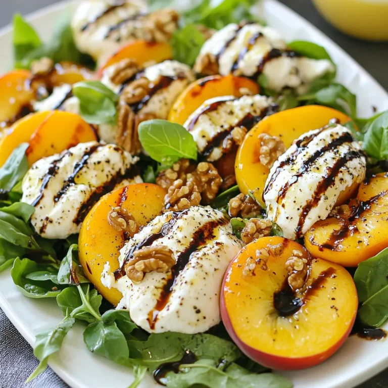 - 2 ripe peaches, halved and pitted - 8 ounces burrata cheese - 4 cups mixed greens (arugula, spinach, and lettuce) - 1/4 cup walnuts, toasted - 2 tablespoons balsamic glaze - 1 tablespoon olive oil - Salt and black pepper to taste - Fresh basil leaves for garnish When choosing ripe peaches, look for those that are slightly soft to the touch. The sweetness of the peaches brings a lovely contrast to the creamy burrata. This cheese is soft and rich, adding a luxurious feel to your salad. Mixed greens like arugula and spinach lend a fresh crunch and a hint of peppery flavor. To add a nutty crunch, use toasted walnuts. They not only boost the flavor but also add texture. Balsamic glaze provides a sweet and tangy finish, tying all the flavors together. Drizzling a bit of olive oil enhances the overall taste and helps with seasoning. Finally, fresh basil leaves offer a bright aroma and a pop of color. They make your dish look beautiful and taste even better. {{ingredient_image_1}} 1. Preheat your grill or grill pan over medium-high heat. This ensures even cooking. 2. Brush the cut side of the peach halves with olive oil. Lightly sprinkle with salt for flavor. 3. Place the peaches cut side down on the grill. Grill them for about 3-4 minutes. You want nice grill marks and a slight softness to the peaches. 1. While the peaches grill, prepare the mixed greens. Place them in a large bowl. 2. Drizzle a little olive oil over the greens. Add salt and black pepper to taste. Toss gently to coat. 3. Once the peaches are done, remove them from the grill and let them cool slightly. 4. Arrange the mixed greens on a platter or individual plates. 5. Tear the burrata cheese into large pieces. Place them atop the greens. 6. Slice the grilled peaches and arrange them around the burrata on the salad. 7. Sprinkle the toasted walnuts over the top. This adds a nice crunch. 1. Drizzle balsamic glaze over the entire salad. This adds sweetness and enhances the flavor. 2. Garnish with fresh basil leaves for a pop of color and freshness. This makes the dish look vibrant and inviting. Choosing the right ripeness To get the best flavor, pick peaches that are ripe but not overripe. A ripe peach will give slightly when you press it. Look for a sweet scent and a nice golden color. If the peaches are too firm, they won't grill well. If they are too soft, they may fall apart on the grill. Avoiding common grilling mistakes Make sure your grill is hot before placing the peaches on it. This helps create nice grill marks. If the grill is too cool, the peaches will cook unevenly and may stick. Use a light coat of olive oil to prevent sticking and add flavor. Don't overcrowd the grill; give each peach space to cook evenly. Cheese pairing suggestions Burrata cheese is creamy and rich, which pairs well with sweet grilled peaches. You can also try goat cheese for a tangy twist or feta for a salty bite. Each cheese brings its own charm, so feel free to experiment based on your taste. Suggested toppings for added texture To add crunch, sprinkle some toasted walnuts on top. They add a nutty flavor that complements the peaches. You can also use pumpkin seeds or even crispy bacon bits for an extra layer of taste. Fresh herbs like mint or thyme can also enhance the overall flavor. Best serving dishes A large white platter works best for this salad. It highlights the vibrant colors of the peaches and greens. For a more rustic look, use a wooden board. This adds charm to your table setting. Color arrangement ideas Arrange the greens as a base, then artfully place the burrata and peaches. Drizzle the balsamic glaze in a zig-zag pattern for visual appeal. Finish with fresh basil leaves scattered on top for a pop of color. This makes your dish look as good as it tastes! Pro Tips Choose Ripe Peaches: Ensure your peaches are perfectly ripe for the best flavor. They should yield slightly to pressure and have a sweet aroma. Grill with Care: Monitor the peaches closely while grilling to prevent them from becoming too soft or mushy. They should have nice grill marks but remain firm. Enhance with Fresh Herbs: Consider adding other herbs like mint or thyme for an extra layer of flavor that complements the sweetness of the peaches. Presentation Matters: Arrange the salad artfully, using contrasting colors and textures to make it visually appealing. A large white platter enhances the vibrant colors of the ingredients. {{image_2}} You can switch things up with different cheeses. Try goat cheese for a tangy twist. Feta cheese also adds a salty bite that pairs well with peaches. You can also add extra fruits or nuts. Grilled pineapple or strawberries give sweetness. For nuts, try pecans or almonds for a fun crunch. Using seasonal produce makes this salad even better. In summer, fresh tomatoes or cucumbers work well. In fall, you can add roasted butternut squash for warmth. You can also play with dressing variations. Instead of balsamic glaze, use a light citrus vinaigrette or honey mustard dressing for a fresh take. For a vegetarian option, keep the burrata cheese. If you want a vegan salad, use dairy-free cheese. Cashew cheese or almond cheese adds creaminess without the dairy. You can also make salads without nuts if allergies are a concern. Just add extra fruits or seeds for texture and flavor. To keep your Grilled Peach Burrata Salad fresh, use airtight containers. Place the salad in the fridge right after serving. It will stay good for about 1-2 days. Keep the dressing separate to avoid soggy greens. Store the nuts in a separate bag to keep them crunchy. You don’t need to reheat this salad, as it tastes best cold. If you want to warm the peaches, do it gently. Use a microwave on low power for 10-15 seconds. Remember, avoid reheating the burrata, as it can lose its creamy texture. For easy meal prep, grill the peaches ahead of time. Then, store them in the fridge. You can also wash and chop the greens in advance. Just keep each part stored separately. When you're ready to serve, combine everything on a plate. Drizzle with balsamic glaze just before enjoying. This keeps your salad fresh and bright. You can use canned or frozen peaches, but the texture and flavor will change. Fresh peaches are juicy and sweet. Canned peaches may be soft and syrupy. Frozen peaches lose some firmness when thawed. For the best taste, use fresh, ripe peaches whenever possible. Serve this salad on a large white platter for a stunning look. You can also make individual plates for gatherings. This salad is great for picnics or summer parties. Add extra basil around the edges for a beautiful touch. Pair it with crusty bread or grilled chicken for a full meal. You can prep components early for easy assembly. Grill the peaches and let them cool, then store them in the fridge. Prepare the mixed greens and keep them in a bowl. Tear the burrata cheese just before serving to keep it fresh. Assemble everything right before your meal for the best taste and texture. This article explored a delicious grilled peach salad. We covered ingredients, steps to prepare, tips for flavor, and presentation ideas. You learned how to choose ripe peaches and the best cheese to pair. In summary, this salad is fresh and versatile. It brings vibrant flavors and can adapt to seasons. Whether you're grilling for friends or meal prepping, this salad shines. Enjoy making it your own!