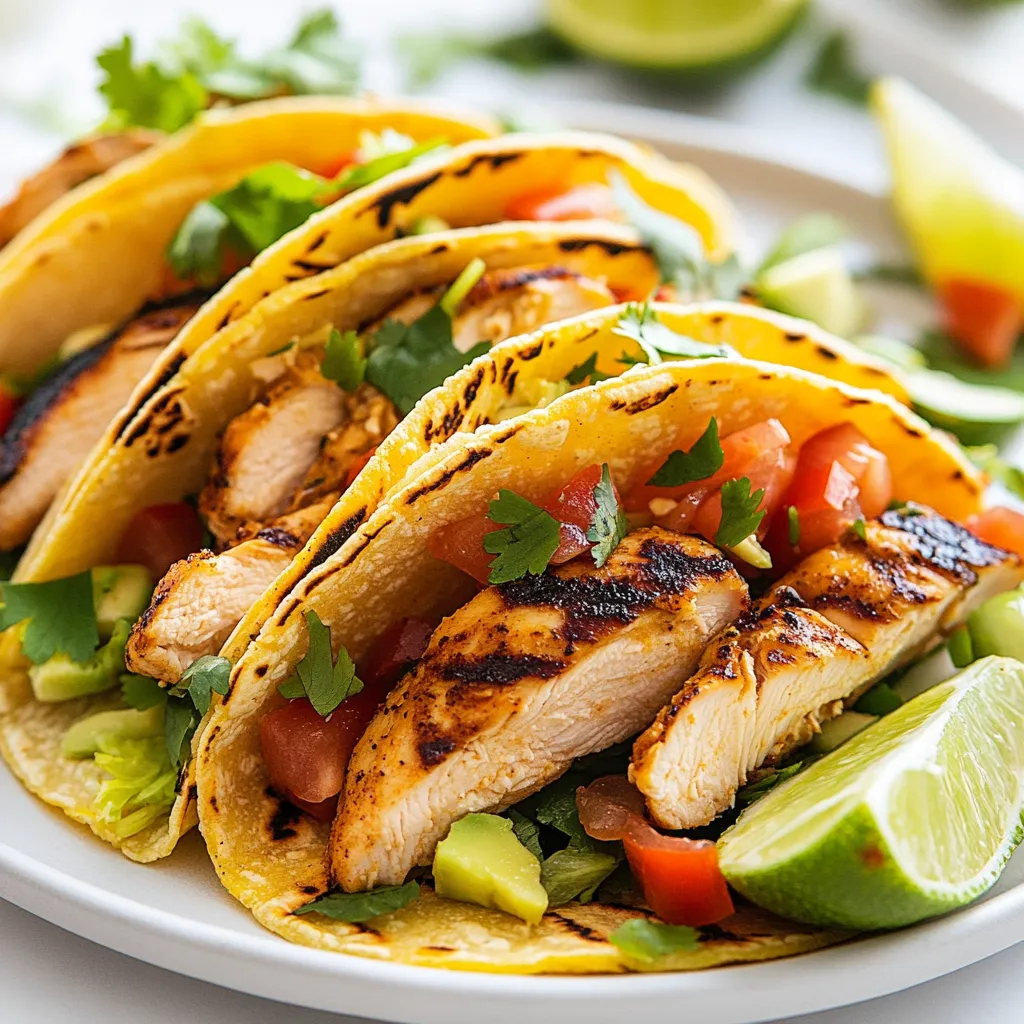 To make honey lime chicken tacos, you need: - 1 lb boneless, skinless chicken thighs - 3 tablespoons honey - 2 tablespoons fresh lime juice - 1 tablespoon olive oil - 2 cloves garlic, minced - 1 teaspoon ground cumin - 1 teaspoon paprika - Salt and pepper to taste - 8 small corn or flour tortillas These ingredients create a simple yet delicious flavor. The chicken thighs provide great taste and texture. Honey brings sweetness, while lime adds a refreshing twist. Garlic, cumin, and paprika make the dish full of flavor. You can add some fun toppings to your tacos. Here are some suggestions: - 1 cup shredded lettuce - 1 avocado, sliced - 1 cup diced tomatoes - Fresh cilantro, for garnish - Lime wedges, for serving These toppings add color and freshness. The creamy avocado balances the sweet and tangy chicken. Crunchy lettuce and juicy tomatoes provide great textures. When it comes to tortillas, you have options. You can use: - Small corn tortillas for a classic taste - Small flour tortillas for a softer bite Corn tortillas bring a traditional flavor. Flour tortillas offer a more tender texture. Choose the one you love best, or try both! {{ingredient_image_1}} Start by grabbing a medium bowl. In it, whisk together these key ingredients: - 3 tablespoons honey - 2 tablespoons fresh lime juice - 1 tablespoon olive oil - 2 cloves garlic, minced - 1 teaspoon ground cumin - 1 teaspoon paprika - Salt and pepper to taste This mix creates a sweet and tangy marinade that makes the chicken shine. Next, take 1 lb of boneless, skinless chicken thighs. Place them in a resealable bag or shallow dish. Pour the marinade over the chicken, ensuring every piece gets coated. Seal the bag or cover the dish. Let it marinate for at least 30 minutes. For more flavor, you can marinate it for up to 2 hours in the fridge. Now it’s time to heat your grill or skillet. Preheat it over medium-high heat. Once hot, take the chicken out of the marinade. Place it on the grill or skillet. Cook each side for about 6-7 minutes. The chicken should be fully cooked when juices run clear, which means it reached an internal temperature of 165°F. After cooking, let the chicken rest for a few minutes before slicing it into thin strips. Warm up 8 small corn or flour tortillas in a dry skillet or microwave until they are soft. To assemble the tacos, lay a few slices of chicken on each tortilla. Top each one with shredded lettuce, avocado slices, and diced tomatoes. For the final touch, add fresh cilantro and serve with lime wedges on the side. Enjoy your tasty Honey Lime Chicken Tacos! For this recipe, I prefer boneless, skinless chicken thighs. They stay juicy and tender when cooked. Chicken breasts can dry out. If you use breasts, watch the cooking time closely. Thighs also soak up the marinade flavors better. You can use any cut you like, but thighs are my go-to for tacos. Marinating the chicken is key to great flavor. I recommend marinating for at least 30 minutes. If you have time, two hours works even better. The honey and lime juice really soak in, making the chicken taste amazing. Don't rush this step; it makes a big difference. Cook the chicken over medium-high heat for best results. I usually grill or use a skillet. Cook each side for about 6 to 7 minutes. The chicken is done when the juices run clear. Use a meat thermometer to check; it should read 165°F. Let the chicken rest for a few minutes before slicing. This keeps it juicy and flavorful for your tacos. Pro Tips Marinade Time: Allow the chicken to marinate for at least 2 hours for maximum flavor infusion. Grill Marks: For beautiful grill marks, avoid moving the chicken too much while it's cooking—let it sear! Perfectly Warm Tortillas: Wrap tortillas in aluminum foil and place them in a low oven (200°F) to keep them warm while you prepare the tacos. Serving Fresh: Assemble tacos just before serving to keep the tortillas crisp and ingredients fresh. {{image_2}} You can switch the chicken for other meats. Try using shrimp or pork. Both cook fast and soak up the flavors well. If you use shrimp, grill them for about 3-4 minutes on each side. For pork, choose tender cuts like loin. Marinate and cook until they reach 145°F for safe eating. If you want a veggie twist, use grilled veggies or beans. Grilled zucchini, bell peppers, and mushrooms add great taste. You can also use black beans or chickpeas for protein. Simply season them like the chicken and grill or sauté until tender. These options keep the tacos tasty and hearty. You can change the flavor of your tacos easily. For a spicy kick, add jalapeños or chili powder to the marinade. If you prefer sweeter flavors, mix in some pineapple juice with the honey. This adds a tropical touch! Experiment with different herbs, like cilantro or mint, to find your favorite taste. To keep your Honey Lime Chicken Tacos fresh, store leftovers in an airtight container. Place the chicken, tortillas, and toppings separately. This helps keep everything crisp. Store the chicken in the fridge for up to three days. When you're ready to enjoy leftovers, reheat the chicken in a skillet. Heat on medium until warm, about five minutes. You can also use the microwave for quick reheating. Just make sure to cover it to keep moisture in. Warm the tortillas briefly in a skillet or microwave, too. If you want to freeze the tacos, it's best to freeze the chicken separately. After cooking, let the chicken cool completely. Place it in a freezer bag and remove as much air as possible. You can freeze the chicken for up to three months. When ready to eat, thaw it in the fridge overnight and reheat as mentioned earlier. If you need a substitute for honey, you can use maple syrup. It adds a nice sweetness. Agave nectar also works well. Both options keep the flavor bright and tangy. Yes, you can substitute olive oil with canola oil or avocado oil. Both oils have a mild taste. They will blend well with the other flavors in the marinade. To check if chicken is done, look for clear juices when you cut it. You can also use a meat thermometer. The chicken should reach an internal temperature of 165°F. These tacos are not spicy. The honey and lime bring sweet and tangy flavors. If you want heat, add jalapeños or chili powder for a kick. Yes, you can prepare the chicken and marinade ahead of time. Marinate the chicken for up to 2 hours. You can also chop the toppings and store them in the fridge. Just warm the tortillas before serving. Honey Lime Chicken Tacos are easy to make and delicious. You start with simple ingredients, from the marinade to the right toppings. Marinating the chicken gives great flavor, while grilling ensures it cooks just right. You can switch up proteins or try vegetarian options, too. Finally, store any leftovers correctly to enjoy later. Remember to ask if you have questions about substitutions or making these tacos on your own. Now, grab your ingredients and start cooking!
