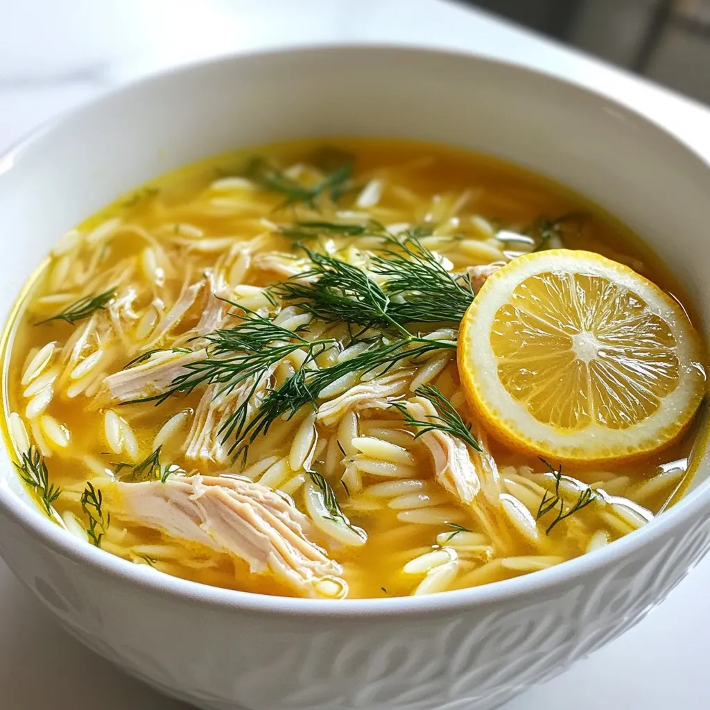 - 2 boneless, skinless chicken breasts - 6 cups chicken broth - 1 cup orzo pasta - 1 medium onion, finely chopped - 2 cloves garlic, minced - 2 carrots, diced - 2 celery stalks, diced - 3 large eggs - 1/4 cup fresh lemon juice - 1 teaspoon lemon zest - Salt and pepper to taste - Fresh dill, chopped (for garnish) - Olive oil When making Greek Lemon Chicken Soup, I focus on fresh and simple ingredients. First, I use boneless, skinless chicken breasts. They cook quickly and stay tender in the soup. Chicken broth forms the base of the dish, adding depth and warmth. I love orzo pasta for its small size and texture. It cooks quickly and absorbs the soup’s flavors well. Fresh veggies like onion, carrots, and celery give the soup a sweet and savory touch. I always add minced garlic for its fragrant flavor. The egg and lemon mixture is what makes this soup special. The eggs add creaminess, while lemon juice brightens the dish. I finish with lemon zest for an extra burst of flavor. Seasoning is key. Salt and pepper help balance the dish. Finally, I garnish with fresh dill. It adds a pop of color and a fresh taste. Each ingredient plays a part in making this soup nourishing and delicious. {{ingredient_image_1}} First, we need to cook the chicken. Heat 1 tablespoon of olive oil in a large pot. Add the chicken breasts and cook them for about 5 minutes on each side. You want them to be golden brown. Once done, take the chicken out and set it aside. Now, let’s sauté our veggies. In the same pot, add the chopped onion, carrots, and celery. Cook these for about 5 minutes until they soften. Then, add the minced garlic and cook for one more minute. This step fills your kitchen with a lovely aroma. Pour in 6 cups of chicken broth. Bring this broth to a boil over high heat. Once it boils, lower the heat and add the chicken back to the pot. Let it simmer for 15 to 20 minutes. The goal is to ensure the chicken is fully cooked. After simmering, take the chicken out again and set it aside to cool a bit. Add 1 cup of orzo pasta to the broth. Cook this according to the package instructions, which is usually about 8 to 10 minutes. The orzo will soak up the flavors of the broth. While the orzo cooks, we prepare the egg-lemon mix. In a bowl, whisk together 3 large eggs, 1/4 cup of fresh lemon juice, and 1 teaspoon of lemon zest. This mixture adds creaminess and a zing to the soup. Now comes the important part: tempering the eggs. Gradually ladle about 1 cup of the hot broth into the egg mixture. Whisk this well to prevent the eggs from scrambling. After this, slowly pour the tempered egg mixture back into the pot, stirring constantly. Shred the cooked chicken and return it to the soup. Season with salt and pepper to taste. Let the soup simmer for 2 to 3 more minutes. This warms it through and thickens it slightly. Enjoy your Greek lemon chicken soup! - Using Fresh Herbs: Fresh dill adds a bright taste to the soup. You can also use parsley or mint. These herbs boost flavor and make the soup feel fresh. Use a handful of chopped herbs for the best result. - Importance of Lemon Zest: Lemon zest gives a strong citrus flavor. It adds depth without making the soup sour. Just a teaspoon is all you need. Grate the zest finely to mix well. - Ladling the Soup: When serving, ladle the soup gently into bowls. This keeps the ingredients intact and looks nicer. - Suggested Garnishes: Top each bowl with chopped fresh dill. A slice of lemon on the side adds color and a hint of flavor. You can also serve with crusty bread. - Ensuring Creaminess without Scrambling Eggs: To keep the soup creamy, temper the eggs. Slowly mix in hot broth while whisking. This helps avoid scrambled eggs in the soup. - Adjusting for Thickness: If the soup is too thin, let it simmer longer. This will help thicken it naturally. For a thicker soup, you can add more orzo pasta or reduce some broth. Pro Tips Use Fresh Ingredients: Opt for fresh vegetables and herbs to enhance the flavor and aroma of your soup. Perfectly Cooked Orzo: Add orzo to the soup towards the end of cooking to prevent it from becoming mushy. Tempering Eggs: Always temper the eggs with hot broth gradually to avoid scrambling and achieve a silky texture. Garnish Wisely: Fresh dill not only adds flavor but also brightens the presentation, making the soup visually appealing. {{image_2}} You can switch up proteins in Greek lemon chicken soup. Turkey works great as a substitute. It gives a nice flavor and keeps the dish light. You can also try shrimp or tofu for a different taste. For pasta, orzo is a classic choice, but you can use rice or quinoa. These options change the texture while keeping it hearty and filling. If you need gluten-free options, there are many choices for orzo. Look for gluten-free pasta made from rice or corn. These options cook well and blend into the soup nicely. For dairy-free versions, skip the eggs. Instead, use a cornstarch slurry to thicken the soup. This keeps the soup creamy without any dairy. Greek lemon chicken soup changes across Greece. In some areas, cooks add vegetables like spinach or zucchini for extra nutrition. Others use different herbs like parsley or mint for unique flavors. Local ingredients often inspire these variations. For example, in coastal regions, seafood might replace chicken, adding a fresh twist. It’s fun to explore these local takes on a classic dish! To keep your Greek lemon chicken soup fresh, store it properly. First, let the soup cool down. Then, place it in an airtight container. You can keep it in the fridge for up to three days. If you want to save it longer, freezing works well too. Pour the cooled soup into freezer-safe containers. Leave some space at the top for expansion. You can freeze it for up to three months. When it’s time to eat, you can reheat the soup on the stovetop or in the microwave. For the stovetop, pour the soup into a pot and heat it slowly. Stir often to keep it smooth. If using the microwave, put it in a bowl. Heat it in short bursts. Stir in between to avoid hot spots. This way, you keep the taste and texture nice. Understanding freshness is key. The soup tastes best when fresh. If stored in the fridge, try to eat it within three days. After that, the flavor may fade. In the freezer, it stays good for about three months. Just remember, the longer you wait, the more the quality may change. Always check for any off smells or changes before eating. Greek lemon chicken soup is a warm, comforting dish. It combines chicken, orzo pasta, and fresh lemon. This soup is known as Avgolemono in Greece. It has a rich taste from the eggs and lemon. People love it for its bright flavor and light texture. You can serve it warm or cold, making it perfect for any season. To make the soup richer, add cream or Greek yogurt. Stir in a bit of heavy cream after cooking. You can also use more eggs in the egg-lemon mixture. This will give the soup a silkier texture. Another tip is to sauté the chicken in butter instead of olive oil for added flavor. Yes, you can make this soup in advance. Prepare the soup and chill it in the fridge. Store it in an airtight container for up to three days. When ready to serve, heat it on the stove. If the soup thickens, add a little chicken broth to loosen it. Yes, this soup is healthy! It has lean protein from chicken. The fresh veggies add vitamins and minerals. Lemon juice provides vitamin C, which boosts your immune system. Orzo pasta gives you energy from carbohydrates. Overall, it’s a nutritious choice for a meal. This soup pairs well with crusty bread or a fresh salad. You can serve a Greek salad with tomatoes, cucumbers, and olives. A side of roasted vegetables complements the soup nicely. If you want something light, a simple green salad works too. In this blog post, we explored the simple yet delicious steps to make Greek Lemon Chicken Soup. We covered each ingredient, from the chicken and broth to fresh vegetables and seasonings. I shared cooking instructions and tips to enhance flavor and texture. You can even try different variations based on your needs. Remember, this soup stores well and can be enjoyed later. Embrace the warmth and richness of this dish, knowing it fits many diets and preferences. Enjoy your cooking!