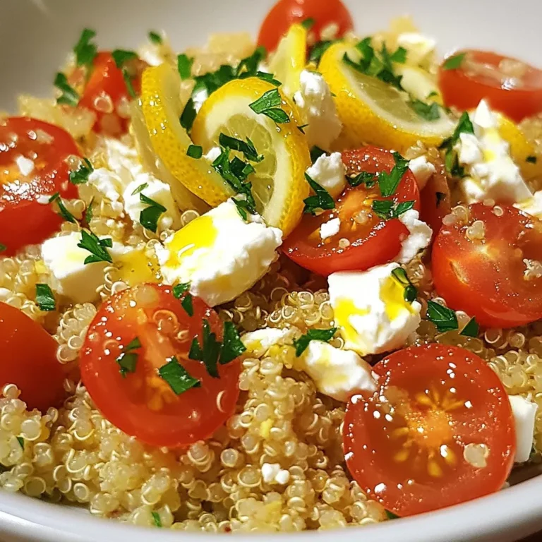 To make Lemon Herb Quinoa, gather these fresh and tasty items: - 1 cup quinoa, rinsed - 2 cups vegetable broth or water - 1 tablespoon olive oil - 1 small onion, finely chopped - 2 cloves garlic, minced - Zest of 1 lemon - Juice of 1 lemon - 1 teaspoon dried oregano - 1 teaspoon dried thyme - Salt and pepper to taste - 1/4 cup fresh parsley, chopped - 1/4 cup cherry tomatoes, halved (for garnish) - 1/4 cup feta cheese, crumbled (optional) Use high-quality ingredients for the best flavor. Choose organic quinoa if possible. Fresh herbs make a big difference. Pick bright, firm tomatoes for garnish. Use fresh lemon for zest and juice. Good olive oil adds richness. If using feta, select a creamy type for a nice texture. You can easily adjust this recipe to fit your needs. For a gluten-free option, quinoa is already safe. If you want it vegan, skip the feta cheese. You can also swap out the vegetable broth for water. Use different herbs, like basil or dill, for new flavors. If you dislike onions, try leeks or shallots instead. {{ingredient_image_1}} 1. Start by rinsing 1 cup of quinoa under cold water. This helps remove any bitter taste. 2. In a medium saucepan, heat 1 tablespoon of olive oil over medium heat. 3. Add 1 small chopped onion and sauté for about 3-4 minutes until it turns soft. 4. Toss in 2 minced garlic cloves and cook for another minute until you smell the garlic. 5. Now, stir in the rinsed quinoa, lemon zest, 1 teaspoon of dried oregano, and 1 teaspoon of dried thyme. Cook this mixture for 1-2 minutes to toast the quinoa slightly. 6. Pour in 2 cups of vegetable broth or water, and bring it to a boil. 7. Once it boils, reduce the heat to low. Cover the saucepan and let it simmer for 15 minutes. 8. After the time is up, take it off the heat. Let it sit covered for another 5 minutes. 9. Fluff the quinoa with a fork. Add the juice of 1 lemon, salt, and pepper to taste. 10. Mix in 1/4 cup of chopped fresh parsley. 11. Serve it in a dish and top with halved cherry tomatoes and feta cheese, if you like. - Always rinse quinoa before cooking. This step removes bitterness. - Use the right water-to-quinoa ratio. For this recipe, it’s 2 cups of liquid for 1 cup of quinoa. - Avoid stirring too much while it cooks. Stir only before serving. - Let it rest covered after cooking. This helps it become fluffy. - Prep time: 10 minutes - Cook time: 20 minutes - Total time: 30 minutes These steps and tips will lead you to a perfect Lemon Herb Quinoa that is fresh and flavorful. Enjoy the process and the delicious meal! When making Lemon Herb Quinoa, avoid rinsing quinoa too little. Rinsing removes a bitter coating called saponin. Not using enough liquid can lead to dry quinoa. Stick to the 2 cups of broth or water for best results. Also, don’t skip the resting time after cooking. Letting it sit helps the quinoa become fluffy. Store leftover quinoa in an airtight container. Keep it in the fridge for up to five days. If you plan to keep it longer, freeze it in portions. This way, you can easily use it later. When stored correctly, the quinoa stays fresh and tasty. To boost the flavor, try adding fresh herbs like basil or cilantro. You can mix in some chopped mint for a refreshing twist. Using spices like cumin or smoked paprika also adds depth. Experiment with flavors that you enjoy to make this dish your own. Pro Tips Rinse Your Quinoa: Always rinse quinoa under cold water before cooking to remove its natural coating, called saponin, which can give a bitter taste. Toast for Flavor: Toasting quinoa in the olive oil with the onions and garlic enhances its nuttiness and adds depth to the flavor profile. Resting Time: Allowing the cooked quinoa to rest for a few minutes after cooking helps it to firm up and makes it easier to fluff. Fresh Herbs for Brightness: Adding fresh herbs like parsley at the end of cooking preserves their vibrant flavor and color, making the dish more appealing. {{image_2}} You can add seasonal vegetables to your Lemon Herb Quinoa. Think about fresh bell peppers, zucchini, or spinach. These veggies give color and taste. For spring, use asparagus or peas. In summer, try corn or cherry tomatoes. Fall brings in roasted butternut squash or brussels sprouts. Each season offers great choices. Just chop them up and add them while cooking. This way, you keep the dish fresh and vibrant. Adding protein can make this dish more filling. You can mix in cooked chickpeas or black beans for a plant-based protein boost. If you enjoy meat, grilled chicken or shrimp complements the lemon flavor. For a creamy touch, add some crumbled feta cheese. You can also stir in some cooked quinoa for extra texture. Choose what fits your taste and need. Protein not only adds flavor but also makes it a complete meal. This Lemon Herb Quinoa is already vegan and gluten-free. To keep it that way, choose vegetable broth instead of chicken broth. Always check labels on ingredients like canned beans. Ensure no gluten is present. For a nutty flavor, add some toasted sunflower seeds. You can even swap olive oil for avocado oil for a different twist. These changes help maintain the dish’s essence while catering to different diets. Enjoy creating your own version! To store Lemon Herb Quinoa, let it cool first. Place it in an airtight container. Keep it in the fridge. It will stay fresh for about 3 to 5 days. You can also add a bit more lemon juice before storing. This helps keep the flavors bright. To freeze your Lemon Herb Quinoa, use a freezer-safe bag or container. Make sure to remove all air before sealing. Label the bag with the date. You can freeze it for up to 3 months. When ready to use, thaw it in the fridge overnight. Reheat quinoa in the microwave or on the stove. Add a splash of water or broth to keep it moist. Heat until warm, stirring to mix. For the best taste, add fresh parsley and lemon juice after reheating. This keeps the flavors fresh and bright. Quinoa is a small, round seed that cooks like a grain. It is high in protein and fiber. Quinoa is also gluten-free, making it great for many diets. It has all nine essential amino acids, which helps build muscles. Quinoa contains vitamins and minerals, like magnesium and iron. Eating quinoa can help keep your heart healthy and boost your energy. Yes, you can make Lemon Herb Quinoa ahead of time. It stores well in the fridge for up to five days. Just let it cool before storing. Place it in an airtight container to keep it fresh. When you are ready to eat, reheat it in a pan or microwave. You may want to add a splash of lemon juice for extra flavor. Quinoa is done cooking when it is fluffy and the little tails appear. These tails are called germ rings and look like tiny spirals. If all the liquid is gone and the quinoa is soft, it is ready. You can taste a bit to check the texture. If it feels crunchy, give it a few more minutes. You have now learned about all the key parts of making Lemon Herb Quinoa. We covered the right ingredients, cooking steps, and tips for success. I shared ways to store leftovers and different variations to try. Quinoa is healthy and easy to make. You can enjoy it as a side or a meal. Experiment with flavors and find what you love. With this guide, you’re ready to create a tasty dish that fits your needs. Enjoy making it today!