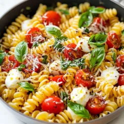 For a tasty Caprese Pasta Skillet, you need: - 8 ounces fusilli or penne pasta - 2 tablespoons olive oil - 2 cloves garlic, minced - 1 pint cherry tomatoes, halved - 8 ounces fresh mozzarella balls, halved - 1 cup fresh basil leaves, torn - 1 teaspoon balsamic glaze - Salt and pepper to taste - Parmesan cheese, grated (for serving) These ingredients work together to create a fresh and bright meal. The pasta gives you a nice base. The garlic adds flavor, while the cherry tomatoes bring sweetness. The mozzarella makes the dish creamy. Lastly, the basil gives it a wonderful aroma. You can get creative with your Caprese Pasta Skillet. Here are some fun ideas: - Grilled chicken or shrimp for protein - Spinach or arugula for extra greens - Pine nuts for crunch - A sprinkle of red pepper flakes for heat These toppings can change the dish's taste and texture. They also help you customize the meal to fit your mood. If you don’t have something on hand, you can swap ingredients easily. Here are some suggestions: - Use whole wheat pasta for a healthier option - Swap cherry tomatoes for diced regular tomatoes - Try burrata cheese instead of mozzarella for a creamier texture - Use any fresh herbs like parsley or oregano instead of basil These substitutions keep the dish fun and flexible. You can still enjoy a great meal even if you don’t have every ingredient. {{ingredient_image_1}} First, grab a large skillet. Fill it with water and bring it to a boil. Add a good pinch of salt. This helps flavor the pasta. Once boiling, add 8 ounces of fusilli or penne pasta. Cook it as the package says, usually about 8–10 minutes. You want it al dente, which means it should still have a slight bite. When done, drain the pasta and set it aside for later. Now, let’s move on to the fun part. In the same skillet, add 2 tablespoons of olive oil. Heat it over medium heat. Once hot, toss in 2 cloves of minced garlic. Sauté it for about 1 minute until it smells great. Next, add 1 pint of halved cherry tomatoes. Cook them for 4 to 5 minutes. You want them to soften and start to burst. This brings out their sweetness. After that, stir in the pasta, 8 ounces of halved fresh mozzarella balls, and half of the torn basil leaves. Mix everything together well. Add salt and pepper to taste. Now it’s time to drizzle in 1 teaspoon of balsamic glaze. This gives the dish a tangy kick. Toss everything again to combine it all. Remove the skillet from heat. Serve the pasta hot. Garnish with the rest of the basil leaves and a sprinkle of grated Parmesan cheese. You can serve it right in the skillet for a rustic look. Enjoy your quick and tasty meal! To get the best pasta, cook it until it is al dente. This means it should be firm but not hard. Always use a large pot of boiling water. Add a good pinch of salt; this helps flavor the pasta. Stir the pasta often while it cooks. This keeps it from sticking together. Check the package for cooking time, but start tasting a minute or two early. Drain it well, but do not rinse. Rinsing washes away the starch that helps sauces stick. Seasoning is key for a tasty Caprese Pasta Skillet. Start with fresh garlic. Sauté it in olive oil until it smells great. Use a mix of salt and pepper for balance. When you add cherry tomatoes, let them cook until they burst. This releases their sweet juice. The balsamic glaze adds depth and tang. You can also use fresh herbs like basil. Torn basil leaves add a fresh kick at the end. Experiment with additional spices if you like. Just remember, less is often more. Presentation can make your dish even more appealing. You can serve it directly from the skillet for a cozy look. If you prefer individual plates, that works too. Add a few fresh basil leaves on top for a pop of color. A sprinkle of grated Parmesan cheese adds a nice touch. For extra flair, you can drizzle more balsamic glaze on top. This adds flavor and makes the dish look gourmet. Remember, we eat with our eyes first! Pro Tips Use Fresh Ingredients: Fresh mozzarella and basil make a significant difference in flavor. Opt for high-quality ingredients for the best results. Don't Overcook the Pasta: Cook the pasta just until al dente, as it will continue to cook slightly in the skillet with the other ingredients. Customize the Vegetables: Feel free to add other vegetables like spinach or bell peppers for extra flavor and nutrition. Perfect Balsamic Glaze Drizzle: A light drizzle of balsamic glaze enhances the dish's flavor. Use it sparingly to avoid overpowering the other ingredients. {{image_2}} You can add protein to your Caprese Pasta Skillet. Grilled chicken is a great choice. Simply slice the chicken and mix it in with the pasta. Shrimp also works well. Sauté shrimp in olive oil until pink, then combine. If you prefer plant-based options, try adding chickpeas for a healthy boost. They add texture and protein without meat. For a vegetarian twist, replace the mozzarella with vegan cheese. Look for brands that melt well. You can also use grilled zucchini or eggplant as a hearty addition. Both add flavor and texture. Another option is to mix in spinach or kale. They cook down nicely and add nutrients without overpowering the dish. Cheese is key to the dish's flavor. If you want to switch it up, use burrata cheese. It’s creamier and adds a rich taste. Feta cheese can also work well. Crumble it on top for a salty kick. If you want a sharper taste, try goat cheese. It pairs nicely with the tomatoes and basil. Choose any cheese that you love for a personal touch! After enjoying your Caprese Pasta Skillet, let it cool first. Place leftovers in an airtight container. Store in the fridge for up to three days. This dish tastes great even after a day or two! To reheat, you can use the stove or a microwave. For the stove, heat a small amount of olive oil in a pan. Add the pasta and stir until hot. If using a microwave, place the pasta in a bowl. Cover and heat for about 1-2 minutes. Stir halfway to ensure it heats evenly. You can freeze Caprese Pasta Skillet if you want to save some for later. Use a freezer-safe container. Make sure to leave some space for the pasta to expand. It can last up to three months in the freezer. When ready to eat, thaw it in the fridge overnight. Reheat it as mentioned above for best results. Yes, you can use any pasta you like! Fusilli and penne work great. You can also try spaghetti, rotini, or farfalle. Just remember to cook it until al dente. This keeps the pasta firm and tasty in the dish. To make Caprese Pasta Skillet vegan, swap the mozzarella with vegan cheese. You can also use avocado for creaminess. Instead of balsamic glaze, use balsamic vinegar for flavor. This keeps the dish fresh and delicious without dairy. Caprese Pasta Skillet pairs well with a simple green salad. You can add a light vinaigrette for a nice touch. Garlic bread also makes a great side. For drinks, try sparkling water with lemon or a glass of red wine. In this blog post, we explored how to make a delicious Caprese Pasta Skillet. We covered the main ingredients, helpful tips, and fun variations. You can easily swap ingredients and choose your favorite toppings. Remember, the right pasta texture is key for the best taste. Storing and reheating are simple too. Make this meal your own by adding protein or trying different cheeses. Enjoy experimenting and have fun in the kitchen!