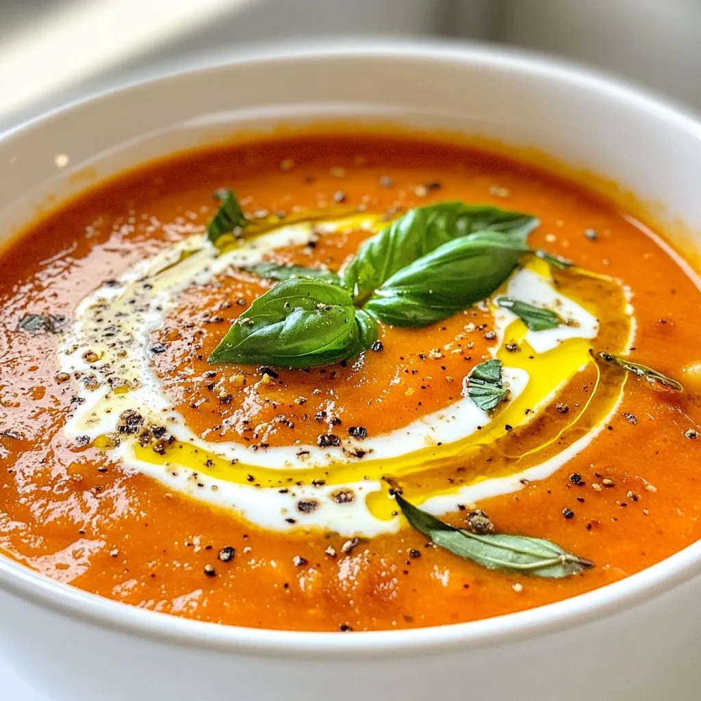 - 2 lbs ripe tomatoes, halved - 1 medium onion, quartered - 4 cloves garlic, unpeeled - 2 tablespoons olive oil - Salt and pepper to taste - 1 teaspoon sugar (optional, to balance acidity) - 4 cups vegetable broth - 1 cup fresh basil leaves, chopped - 1/2 cup heavy cream (optional for creaminess) These ingredients form the base of a great soup. The ripe tomatoes give a sweet and fresh flavor. The onion adds depth, while garlic brings a nice aroma. Olive oil helps with roasting. You can play with amounts to fit your taste. - Fresh herbs like thyme or parsley - A pinch of red pepper flakes for heat - A squeeze of lemon juice for brightness Adding these optional items can take your soup to the next level. Fresh herbs add layers of flavor. Red pepper flakes give a hint of spice. Lemon juice brightens the taste, balancing the sweetness. Fresh tomatoes are the best choice for this soup. They add bright, vibrant flavors. When tomatoes are in season, they are juicy and full of taste. However, canned tomatoes can work well too. They are convenient and often cheaper. Choose whole, peeled tomatoes for great results. If using canned, look for options with no added salt or sugar. {{ingredient_image_1}} Start by gathering all your ingredients. You need 2 pounds of ripe tomatoes, 1 medium onion, and 4 cloves of garlic. Halve the tomatoes and quarter the onion. Leave the garlic unpeeled for now. Place them on a large baking sheet. Drizzle 2 tablespoons of olive oil over them. Sprinkle salt and pepper to taste. If you want to balance the soup's acidity, add 1 teaspoon of sugar. This step sets the stage for rich flavors. Preheat your oven to 400°F (200°C). Once it’s ready, place the baking sheet in the oven. Roast the veggies for about 30 to 35 minutes. You want the tomatoes to become soft and caramelized. This roasting brings out their sweetness. When done, take the sheet out and let the vegetables cool a bit. Squeeze the garlic from its skins and discard the skins. This process adds depth to the soup. In a large pot, combine the roasted tomatoes, onion, and garlic with 4 cups of vegetable broth. If you added sugar, toss it in now. Heat the pot over medium until it boils. Once boiling, reduce the heat and let it simmer for 10 to 15 minutes. This step allows the flavors to mingle. After simmering, use an immersion blender to puree the soup until it’s smooth. If you don’t have an immersion blender, carefully transfer the soup to a regular blender. Stir in 1 cup of chopped fresh basil leaves. If you want a creamy texture, add 1/2 cup of heavy cream. Let it simmer for another 5 minutes. Taste your soup and adjust the seasoning with salt and pepper as needed. Enjoy your flavorful creation! Tomatoes can be very acidic. To balance this, I suggest adding sugar. Just one teaspoon can help. You can also add a pinch of baking soda. This changes the soup’s pH and lessens the acidity. Taste as you go to find what you like best. For a creamy soup, use heavy cream. Add it near the end. If you prefer a thinner soup, add more vegetable broth. If it's too thick, just blend in more broth until you reach your desired thickness. Always blend until smooth for the best texture. You can change the flavor with different herbs. Try thyme or oregano for a new twist. A splash of balsamic vinegar adds depth. For a spicy kick, add red pepper flakes. Experiment to find what you love. Pro Tips Choose the Right Tomatoes: Use ripe, flavorful tomatoes for the best taste. Heirloom or vine-ripened varieties work wonderfully in this recipe. Don't Skip the Garlic: Roasting the garlic unpeeled enhances its sweetness and mellows the flavor, adding depth to your soup. Adjust Acidity: If your tomatoes are particularly acidic, a teaspoon of sugar can help balance the flavors without making the soup sweet. Garnish Creatively: Elevate your presentation with garnishes like croutons, a sprinkle of parmesan cheese, or a drizzle of balsamic reduction for added flavor and visual appeal. {{image_2}} You can easily make this soup vegan. Omit the heavy cream and use vegetable broth. The fresh tomatoes and basil bring a burst of flavor. You can also add a splash of coconut milk for creaminess. This option keeps the soup rich without dairy. This soup is naturally gluten-free! All the basic ingredients are safe. Just be sure to check your broth. Some brands may add gluten. Stick with a certified gluten-free vegetable broth for safety. Want to make your soup heartier? Add protein! You can mix in shredded chicken. It adds flavor and makes the soup filling. If you prefer a plant-based option, try beans. Cannellini or chickpeas work well. Just stir them in before blending. They'll add texture and nutrients. To store leftover soup, let it cool first. Once cooled, pour it into an airtight container. Make sure to seal it well. Store the soup in the fridge for up to five days. Label the container with the date to keep track of freshness. You can freeze this soup for later. Use freezer-safe containers or bags. Leave some space at the top, as the soup will expand when frozen. It can last in the freezer for up to three months. When you are ready to eat, thaw it in the fridge overnight. Reheat the soup gently to keep its taste. Use a pot on low heat, stirring often. You can also use a microwave if you’re short on time. Add a splash of water or broth to keep it from being too thick. Taste and adjust the seasoning before serving. Yes, you can use dried basil. It has a stronger taste than fresh. Use about one tablespoon of dried basil for each cup of fresh. Add it when you blend the soup. This way, it can mix well with the other flavors. Dried basil works great, but the soup will taste best with fresh basil. Fresh basil adds a bright, herby taste that dried basil cannot match. Roasted tomato basil soup can last for about four to five days in the fridge. Make sure to store it in an airtight container. This keeps it fresh and tasty. If you notice any sour smell or change in color, it’s best to toss it out. Reheating the soup is easy. Just warm it on the stove or in the microwave until hot. Absolutely! You can make roasted tomato basil soup ahead of time. Just let it cool completely before you store it. Then, put it in the fridge or freezer. If you freeze it, it can last for up to three months. When you’re ready to eat, thaw it overnight in the fridge. Then, reheat it gently on the stove. You might want to add a splash of cream or a bit more basil when you serve it. Roasted tomato basil soup is easy and rewarding to make. We covered key ingredients, cooking steps, and helpful tips. You learned how to choose between fresh and canned tomatoes. We also explored tasty variations and storage methods. In the end, making this soup brings warmth and comfort. Enjoy experimenting with flavors and share your love for this dish!