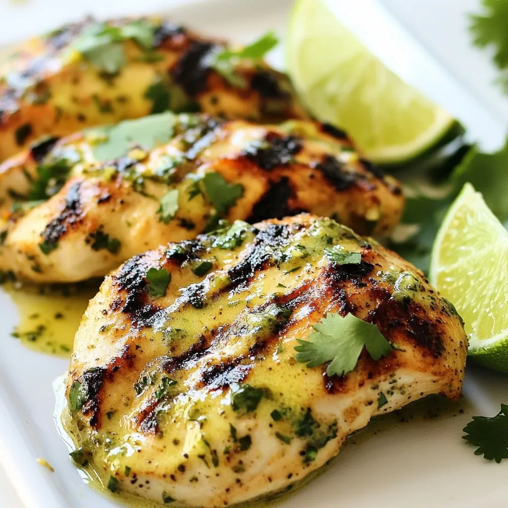 - 4 boneless, skinless chicken breasts - 1 cup coconut milk - 1 lime (zested and juiced) - 2 tablespoons honey - 2 cloves garlic, minced For Coconut Lime Chicken, you need some key items. The chicken gives a nice base. Coconut milk adds creaminess. Lime provides a zesty kick, while honey balances the flavors. Garlic brings depth. Each ingredient plays its part in this dish. - 1 teaspoon ginger, grated - 1/2 teaspoon red pepper flakes (adjust to taste) - Salt and pepper to taste Next, we add seasoning. Ginger adds a warm touch. Red pepper flakes give heat. Adjust the amount based on your taste. Salt and pepper help enhance all the flavors. These spices create a tasty marinade that soaks into the chicken. - Fresh cilantro for garnish - Lime wedges for serving To finish, use garnishes. Fresh cilantro adds color and flavor. Lime wedges serve as a bright touch. They let you squeeze more acidity when serving. These final details make the dish pop and enhance the overall experience. {{ingredient_image_1}} To start, grab a bowl. Whisk together these ingredients: - 1 cup coconut milk - Juice and zest of 1 lime - 2 tablespoons honey - 2 cloves garlic, minced - 1 teaspoon grated ginger - 1/2 teaspoon red pepper flakes - A pinch of salt and pepper Mix well until all the flavors blend. This marinade gives the chicken a fresh taste. Next, take the chicken breasts. Place them in a resealable bag or a shallow dish. Pour the marinade over the chicken. Seal or cover it tightly. Marinate in the refrigerator for at least 1 hour. For even more flavor, let it sit for up to 4 hours. Now, it's time to cook. Preheat your grill or skillet over medium heat. Remove the chicken from the marinade. Let any extra marinade drip off. Cook the chicken for about 6-7 minutes on each side. You want the internal temperature to reach 165°F (75°C). The chicken should have a nice golden color. Discard any leftover marinade to keep things safe. Once the chicken is cooked, let it rest for 5 minutes. This keeps it juicy. To serve, plate the chicken. Drizzle some of the coconut sauce over it. Garnish with freshly chopped cilantro. Add lime wedges on the side for a burst of flavor. This dish looks pretty and tastes amazing! - Alternative sweeteners for honey: If you want a different sweetness, try maple syrup or agave nectar. They work well in this dish. Adjust the amount to your taste. - Dairy-free options for coconut milk: If you don't have coconut milk, use almond milk or soy milk. These give a different flavor but still taste great. - Best methods for grilling vs. skillet cooking: Grilling gives a smoky flavor. Cook chicken on medium heat for around 6-7 minutes per side. Skillet cooking is easier indoors. Use medium heat and cook the same way. - Ensuring chicken is cooked thoroughly: Always check the internal temperature. It should be 165°F (75°C). Use a meat thermometer for best results. This keeps your chicken safe to eat. - Adding herbs and spices: Fresh herbs like cilantro or parsley add brightness. You can also try basil or mint for a twist. - Adjusting spice levels: If you like it spicy, add more red pepper flakes or use fresh chili. For milder flavor, reduce the amount or leave it out. Pro Tips Marinate for Maximum Flavor: Allow the chicken to marinate for up to 4 hours for the best flavor infusion from the coconut lime mixture. Check for Doneness: Use a meat thermometer to ensure the chicken reaches an internal temperature of 165°F (75°C) for safe consumption. Grilling Tips: Preheat the grill or skillet properly to achieve a nice sear on the chicken, which locks in moisture and flavor. Serving Suggestions: Pair the chicken with a side of jasmine rice or a fresh salad to complement the tropical flavors. {{image_2}} You can turn your coconut lime chicken into a tasty bowl. Start by serving it with rice and colorful vegetables. Brown rice or jasmine rice works well. You can use bell peppers, carrots, and snap peas. Add a layer of freshness with chopped cilantro on top. For a fun twist, sprinkle some toasted coconut flakes for crunch. For a fiesta, try making tacos with the chicken. Use soft corn tortillas for a great base. To build your taco, add sliced chicken, avocado, and shredded cabbage. You can also add a drizzle of lime crema for extra flavor. For a spicy kick, toss in some jalapeños. If you prefer baking, this recipe works great in the oven. Preheat your oven to 375°F (190°C). Place the marinated chicken on a baking sheet. Bake for 25-30 minutes or until fully cooked. Serve it with a side of roasted vegetables or a fresh salad. This makes a complete meal that is easy and delicious. To store cooked chicken, place it in an airtight container. Make sure it cools down first. This keeps the chicken fresh and safe to eat later. You can store it in the fridge for up to four days. Always label the container with the date. This helps you keep track of how long it's been stored. If you want to freeze the chicken, first let it cool completely. Wrap each piece tightly in plastic wrap. Then, place them in a freezer bag. Try to remove as much air as possible. This helps prevent freezer burn. You can freeze the chicken for up to three months for the best flavor. To thaw it, move it to the fridge overnight before cooking. For reheating chicken, the oven works best. Preheat it to 350°F (175°C). Place the chicken in a baking dish and cover it with foil. This keeps the chicken moist while reheating. Heat it for about 20 minutes or until it's warm. You can also use a skillet over medium heat. Add a splash of water to help keep it juicy. Avoid using high heat to prevent drying out the chicken. Marinate the chicken for at least 1 hour. This time helps the flavors soak in. For a deeper flavor, marinate for up to 4 hours. Avoid marinating too long, as the acid from lime can make the chicken tough. Yes, you can use chicken thighs. They add a richer flavor due to their higher fat content. Adjust cooking time to about 8-10 minutes per side. Ensure they reach an internal temperature of 165°F (75°C). Here are some great side dish ideas: - Steamed jasmine rice - Grilled vegetables - Fresh garden salad - Coconut rice - Quinoa with herbs These dishes enhance the flavors of the chicken while keeping your meal light and fresh. This blog post explored delicious coconut lime chicken, starting with simple ingredients and cooking techniques. We covered ways to marinate the chicken for flavor and served it with fresh garnishes. Plus, I shared helpful tips on substitutions and storage for leftovers. In conclusion, this dish is versatile and easy to make. Enjoy experimenting with variations and serving ideas. Whether you grill, bake, or create a bowl, coconut lime chicken can be a crowd-pleaser. Happy cooking!