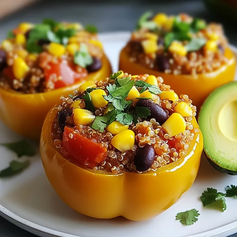 - 4 large bell peppers (any color) - 1 cup quinoa, rinsed - 2 cups vegetable broth - 1 can (15 oz) black beans, rinsed and drained - 1 cup corn (fresh, frozen, or canned) - 1 cup diced tomatoes (fresh or canned) - 1 small onion, finely chopped - 2 cloves garlic, minced - 1 teaspoon cumin - 1 teaspoon smoked paprika - ½ teaspoon chili powder - Salt and pepper to taste - ½ cup cilantro, chopped (for garnish) - 1 avocado, sliced (for serving) - Instead of quinoa, you can use rice or farro. - Swap black beans for kidney beans or lentils. - Use fresh corn if you have it; frozen or canned works too. - If you don’t have cumin, try using curry powder. - Any bell pepper color is fine; red, yellow, or green all taste great. - Calories: 300 - Protein: 10g - Carbohydrates: 55g - Fiber: 12g - Fat: 5g - Sodium: 350mg These ingredients give you a tasty meal packed with nutrients. Adjust as you like for your taste! {{ingredient_image_1}} First, you need to cook the quinoa. In a medium pot, bring 2 cups of vegetable broth to a boil. Then, add 1 cup of rinsed quinoa to the pot. Reduce the heat to low, cover it, and let it simmer for about 15 minutes. The quinoa will absorb all the broth and become fluffy. While the quinoa cooks, prepare the bell peppers. Take 4 large bell peppers and slice the tops off. Remove the seeds and membranes inside. Place the peppers upright in a baking dish. This step helps them stand tall and hold all the delicious filling. Now, let’s make the filling. In a large skillet over medium heat, sauté 1 small chopped onion and 2 minced garlic cloves. Cook them until the onion is soft and clear, about 3 to 4 minutes. Next, add the cooked quinoa to the skillet. Then, mix in 1 can of rinsed black beans, 1 cup of corn, and 1 cup of diced tomatoes. Add 1 teaspoon of cumin, 1 teaspoon of smoked paprika, and ½ teaspoon of chili powder. Season with salt and pepper to your taste. Stir everything well and cook for another 5 minutes until it’s hot. Now that the filling is ready, it’s time to stuff the peppers. Use a spoon to fill each bell pepper with the quinoa mixture. Press it down a bit to fit as much as you can. If you have extra filling, place it around the peppers in the dish. Cover the baking dish with aluminum foil. Bake it in your preheated oven at 375°F (190°C) for 25 to 30 minutes. The peppers should be tender when done. For a nice roasted finish, remove the foil and bake for another 10 minutes. Once they are ready, let them cool for a few minutes. Garnish with chopped cilantro and serve with avocado slices on the side. Enjoy your tasty vegan stuffed bell peppers! To cook quinoa, start by rinsing it. This removes any bitter taste. Next, bring vegetable broth to a boil. Use a 2:1 ratio of broth to quinoa. After boiling, add quinoa and lower the heat. Cover the pot and let it simmer for about 15 minutes. When done, the quinoa should be fluffy and each grain should be separate. If you follow these steps, you will have perfect quinoa every time. When you pick bell peppers, look for bright colors. Choose peppers that feel firm and heavy. Avoid any with soft spots or wrinkles. The skin should be shiny and smooth. Each color offers a different taste. Red peppers are sweet, while green ones are more bitter. Choose the one that fits your dish best. Baking your stuffed bell peppers can change their texture. For a softer pepper, cover the dish with foil for the first part of baking. This keeps moisture in. For a firmer texture, bake them uncovered. You can also try different oven temperatures. Baking at a lower temperature for longer can give a softer finish. Experiment to find your favorite way! Pro Tips Choose Colorful Peppers: Using a variety of bell pepper colors not only makes the dish visually appealing but also adds different flavors and nutrients. Cook Quinoa Perfectly: Rinse quinoa thoroughly before cooking to remove bitterness and ensure it cooks fluffy and light. Customize Your Filling: Feel free to add other vegetables or spices to the filling based on your personal taste preferences for a unique twist. Garnish for Flavor: Don’t skip the garnishing step; fresh cilantro and avocado add a burst of flavor and creaminess that enhances the overall dish. {{image_2}} You can change the grain in this recipe. Instead of quinoa, try brown rice or farro. Both add a nice texture. You can also use lentils for a protein boost. They cook fast and mix well with the other flavors. To make the dish unique, play with spices. Swap cumin for curry powder for a warm taste. Add fresh herbs like parsley or dill for a fresh bite. A pinch of cayenne pepper can add heat if you like spice. You can switch up the stuffing to match your taste. Try adding chopped mushrooms for earthy flavor. Spinach or kale can bring in some greens. For a touch of sweetness, mix in diced bell pepper or zucchini. Each option adds its own fun twist! To keep your vegan stuffed bell peppers fresh, let them cool first. Once cooled, place them in an airtight container. This helps prevent moisture loss and keeps the flavors intact. If you have extra filling, store it in a separate container. This way, you can enjoy the leftovers later without soggy peppers. When stored properly, vegan stuffed bell peppers will last about 3 to 5 days in the fridge. Always check for any signs of spoilage before eating. If they look or smell off, it’s best to throw them away. Enjoy them within this time for the best taste and texture. You can freeze vegan stuffed bell peppers too. First, let them cool completely. Wrap each pepper in plastic wrap or foil. Then, place them in a freezer-safe bag or container. They can last up to 3 months in the freezer. When you're ready to eat, thaw them in the fridge overnight. Reheat in the oven at 375°F (190°C) for about 25 minutes. You can also use a microwave, but the oven gives a better texture. Enjoy your meal! Yes, you can make Vegan Stuffed Bell Peppers ahead of time. Prepare the filling and stuff the peppers. Then, store them in the fridge for up to 24 hours before baking. This saves time and adds flavor as it sits. Just cover them tightly with foil or plastic wrap to keep them fresh. You can serve many sides with stuffed bell peppers. A simple green salad pairs well. You might also try some rice or quinoa on the side. For a fun twist, serve tortilla chips with salsa or guacamole. Each side adds a nice touch to your meal. Yes, stuffed bell peppers are gluten-free. The main ingredients—quinoa, beans, and veggies—have no gluten. Always check labels on canned goods to ensure they are gluten-free. This makes them a great option for those with gluten sensitivities or celiac disease. Enjoy a tasty meal without worry! In this post, we explored how to make tasty stuffed bell peppers. We covered ingredients, cooking steps, and storage tips. You learned about different grains, proteins, and flavor options for variety. These peppers are a healthy meal choice. They are simple to make, and you can tweak them to fit your taste. Enjoy making this dish and feel free to experiment with new ideas!