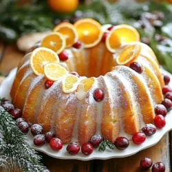 To make the perfect Cranberry Orange Bundt Cake, you need some simple ingredients. Here’s what you will need: - 2 cups all-purpose flour - 1 teaspoon baking powder - 1 teaspoon baking soda - ½ teaspoon salt - 1 cup unsalted butter, softened - 1 ½ cups granulated sugar - 4 large eggs - Zest of 1 orange - 1 cup orange juice (freshly squeezed) - 1 cup fresh or frozen cranberries, halved - 1 teaspoon vanilla extract Each ingredient plays a key role in creating a moist and flavorful cake. The flour gives structure, while baking powder and baking soda help it rise. The butter adds richness, and the sugar sweetens the mix. Eggs bind everything together, while orange zest and juice pack a citrus punch. Fresh or frozen cranberries provide tartness and color. Lastly, vanilla extract adds a warm flavor that makes every bite delightful. Gather these ingredients before you start. This will make the process smoother and more fun. {{ingredient_image_1}} 1. Preheating the Oven: Set your oven to 350°F (175°C). This step is key for even baking. 2. Greasing and flouring the Bundt pan: Use a non-stick spray or butter to grease the pan. Then, add flour to coat it. This helps the cake slide out easily. 3. Mixing dry ingredients: In a medium bowl, whisk together 2 cups of all-purpose flour, 1 teaspoon of baking powder, 1 teaspoon of baking soda, and ½ teaspoon of salt. Set this aside for later. 4. Creaming butter and sugar: In a large bowl, beat 1 cup of softened unsalted butter with 1 ½ cups of granulated sugar. Mix until it's light and fluffy, which takes about 3-4 minutes. 1. Adding eggs and flavorings: Crack 4 large eggs into the butter mix, adding them one at a time. Mix well after each egg. Then add the zest of 1 orange and 1 teaspoon of vanilla extract. 2. Combining dry and wet ingredients: Gradually mix the dry ingredients into the butter mixture. Alternate this with 1 cup of freshly squeezed orange juice. Start and end with the flour mix. Stir until just combined; don’t overmix. 3. Folding in cranberries: Gently fold in 1 cup of halved fresh or frozen cranberries. This step adds bursts of flavor in every bite. 1. Pouring batter into the pan: Carefully pour the batter into the prepared Bundt pan. Smooth the top with a spatula to make it even. 2. Baking time and checking doneness: Bake in the oven for 55-65 minutes. Check doneness by inserting a toothpick in the center. It should come out clean. 3. Cooling instructions: Once baked, let the Bundt cake cool in the pan for about 15 minutes. After that, transfer it to a wire rack to cool completely. This helps it firm up and makes slicing easier. - Checking for doneness: To check if your cake is done, insert a toothpick in the center. If it comes out clean, the cake is ready. If it has wet batter, bake a few more minutes. Keep checking every five minutes. - Avoiding sticking with proper pan preparation: Grease and flour your bundt pan well. This step is key. It helps the cake slide out easily after baking. Make sure to cover all the nooks and crannies. - Whipping butter and sugar correctly: Cream the butter and sugar until light and fluffy. This step takes about 3 to 4 minutes. This creates air pockets in your batter, making the cake light and fluffy. - Suggested toppings and garnishes: Once the cake cools, dust it lightly with powdered sugar. For a fun twist, add a simple orange glaze. To make the glaze, mix powdered sugar with orange juice. - Serving suggestions for best presentation: Serve slices on decorative plates. Add whole cranberries and orange slices on the side. This makes each serving look festive and inviting. Pro Tips Use Fresh Cranberries: Fresh cranberries add a burst of flavor and texture. If using frozen, ensure they are halved and evenly distributed in the batter to avoid clumping. Properly Measure Flour: Spoon the flour into your measuring cup and level it off with a knife. This prevents adding too much flour, which can make the cake dense. Let Ingredients Reach Room Temperature: Ensure your eggs and butter are at room temperature for better mixing and a smoother batter, leading to a fluffier cake. Cool Before Serving: Allow the cake to cool completely on a wire rack before serving. This helps maintain its structure and enhances flavor. {{image_2}} You can change the fruit for a new twist. Try using blueberries or raspberries instead of cranberries. Both add a nice color and flavor. You can also mix fruits. A blend of cranberries and apples works well too. If you want to swap butter, use coconut oil or applesauce. These options can make the cake lighter. For sugar, try maple syrup or honey. These swaps add unique flavors and sweetness. Spices can add warmth and depth. A pinch of cinnamon or nutmeg adds a cozy touch. You can also add a bit of almond extract for a nutty flavor. Just remember, a little goes a long way. Different types of glaze can change the cake's finish. A citrus glaze adds brightness. Mix powdered sugar with lemon or lime juice for a tangy drizzle. A cream cheese glaze can add richness. It pairs well with the tart cranberries. To keep your cranberry orange bundt cake fresh, store it at room temperature. Place it in an airtight container. This way, the cake stays moist. Avoid direct sunlight or heat sources. If you plan to eat it within two days, this method works great. If you want to store it longer, refrigeration is a good option. Wrap the cake in plastic wrap tightly. Then, place it in a container. This helps to keep the cake fresh for about a week. Just remember to let it come to room temperature before serving. To freeze the bundt cake, first let it cool completely. Wrap it tightly in plastic wrap. Then, place it in a freezer-safe bag. You can freeze it for up to three months. This way, you can enjoy a slice later! When you are ready to eat the cake, take it out of the freezer. Let it thaw in the fridge overnight. After that, let it sit at room temperature for a bit. This helps the cake regain its soft texture. Serve it as you like! To make the cake more moist, you can add extra orange juice or a bit of sour cream. These add moisture without changing the cake's flavor. Additionally, be careful not to overbake the cake. Check for doneness with a toothpick. If it comes out clean, your cake is ready. Yes, you can use frozen cranberries! Just make sure to chop them in half before adding them to the batter. There is no need to thaw them. They will bake well and add a nice tartness to the cake. To ensure even baking, it’s crucial to grease and flour the bundt pan well. This helps the cake rise evenly. Also, place the bundt pan in the center of the oven. Avoid opening the oven door too often while it bakes. If you don’t have orange juice, you can use apple juice or a mix of lemon juice and water. This will still give your cake a nice zing. Adjust the amount based on your taste preference. This blog post covered a delicious Bundt cake made with simple ingredients. We discussed the steps for preparation, baking, and cooling. I shared useful tips for baking and decorating, plus variations you can try. Storage methods ensure your cake stays fresh. Baking is fun and rewarding. With these instructions, you can create a tasty treat. Enjoy the process and share your cake with friends and family!