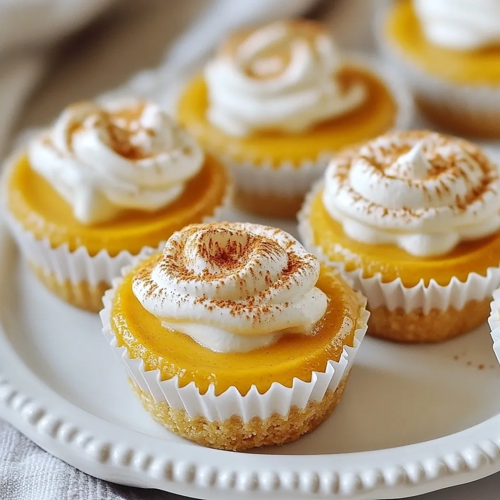 - 12 oz cream cheese, softened - 1/2 cup pumpkin puree - 2 large eggs - 1/4 cup granulated sugar (for crust) - 1/2 cup granulated sugar - 1 teaspoon ground cinnamon - 1/2 teaspoon ground nutmeg - 1/4 teaspoon ground ginger - 1/4 teaspoon salt These ingredients create a smooth, creamy texture. The cream cheese and pumpkin puree blend well. The eggs help set the filling. The granulated sugar adds sweetness. The spices bring warmth and flavor to each bite. - 1 cup graham cracker crumbs - 1/4 cup unsalted butter, melted The graham cracker crumbs give a crunchy base. The melted butter binds the crumbs together. This combination makes a perfect crust that holds up well. - Whipped cream - Ground cinnamon Whipped cream adds a light touch. It contrasts the dense filling. A sprinkle of ground cinnamon enhances the fall flavors. Together, they create a delightful finish to each mini cheesecake. {{ingredient_image_1}} - Preheat your oven to 325°F (160°C). This helps the cheesecakes bake evenly. - Line a 12-cup muffin tin with paper liners. This step makes removing the cheesecakes simple. - In a medium bowl, combine 1 cup of graham cracker crumbs with 1/4 cup of sugar. This mixture gives a sweet base. - Add 1/4 cup of melted unsalted butter. Mix well until everything combines smoothly. - Press about 1 tablespoon of the crumb mixture firmly into the bottom of each muffin liner. This creates a solid crust. - In a large bowl, beat 12 oz of softened cream cheese until smooth. This step ensures a creamy filling. - Add 1/2 cup of pumpkin puree, 1/2 cup of sugar, and 2 large eggs. Then mix in 1 teaspoon of vanilla extract, 1 teaspoon of ground cinnamon, 1/2 teaspoon of ground nutmeg, 1/4 teaspoon of ground ginger, and 1/4 teaspoon of salt. Beat on low speed until everything is well combined and smooth. - Carefully scoop the pumpkin cheesecake filling into each crust. Fill them about 3/4 full to allow for rising. - Bake the cheesecakes in your preheated oven for 18 to 20 minutes. The centers should be set but still slightly jiggly. - When time is up, turn off the oven and crack the door open. Let the cheesecakes cool in the oven for about 10 minutes. This helps prevent cracks. - After cooling in the oven, remove the cheesecakes and let them cool completely at room temperature. - Once cool, refrigerate them for at least 2 hours or until chilled. This step makes them firm and tasty. - Before serving, top each cheesecake with whipped cream and a sprinkle of ground cinnamon. Enjoy these mini treats! To get the best texture for your mini pumpkin cheesecakes, follow these tips: - Cream Cheese: Make sure the cream cheese is very soft. It should be at room temperature. This helps it mix well and become smooth. - Mixing: Beat the cream cheese well before adding other ingredients. This helps avoid lumps. - Baking Time: Keep an eye on them while they bake. The centers should be set but still slightly jiggly. - Cooling: After baking, let them cool in the oven for a bit. This helps prevent cracks on top. Your mini cheesecakes can look even better with some fun touches: - Serving Plate: Use a colorful or patterned plate. A lovely platter makes them pop. - Toppings: Top with whipped cream for a creamy finish. Add a sprinkle of cinnamon or nutmeg for extra flair. - Drizzle: Try drizzling caramel sauce over them. It adds a sweet touch and looks fancy! - Garnish: A small cinnamon stick on top makes for a lovely decoration. You can swap ingredients if you need to: - Cream Cheese Alternatives: Use mascarpone or a dairy-free cream cheese for a different flavor or for dietary needs. - Sugar Substitutes: For a healthier option, consider using honey or maple syrup. These can add a nice twist to the sweetness. These tips will help you create mini pumpkin cheesecakes that not only taste great but also look amazing! Pro Tips Chill Before Serving: Allow the mini cheesecakes to chill in the refrigerator for at least 2 hours. This helps them firm up and enhances the flavor. Use Room Temperature Ingredients: Ensure your cream cheese and eggs are at room temperature for a smoother batter and better incorporation of ingredients. Don’t Overmix: When combining the filling ingredients, mix just until combined to avoid incorporating too much air, which can lead to cracks. Creative Toppings: Experiment with different toppings like crushed gingersnap cookies or a drizzle of chocolate for a unique flavor twist. {{image_2}} You can easily change up the taste of mini pumpkin cheesecakes. Adding chocolate chips or a drizzle of caramel can make them even more special. If you love nuts, sprinkle some chopped pecans or walnuts on top. Dried fruits like cranberries or raisins also add a fun twist. These small changes can create a new experience each time you bake. Want a gluten-free option? Swap the graham cracker crumbs for crushed gluten-free cookies. This keeps the crust tasty without the gluten. For a vegan version, use dairy-free cream cheese and replace the eggs with flaxseed meal mixed with water. These options let everyone enjoy these treats, no matter their dietary needs. You can make these cheesecakes festive for any holiday. For Halloween, add spooky decorations like candy eyes on top. During Thanksgiving, try adding a sprinkle of nutmeg or a mini pumpkin on each cheesecake. You can also use special toppings like crushed candy canes for Christmas. Each season brings new chances to make these desserts fun and exciting! To store leftovers, place the mini pumpkin cheesecakes in an airtight container. You can layer them with parchment paper to avoid sticking. Keep them in the fridge for up to five days. The flavors will deepen as they chill. This makes each bite even more delightful! For long-term storage, you can freeze these mini cheesecakes. First, let them chill in the fridge for at least two hours. Then, wrap each cheesecake in plastic wrap. Place them in a freezer-safe bag or container. They can stay frozen for up to three months. When you're ready to enjoy, thaw them in the fridge overnight. This helps maintain their smooth texture. These mini cheesecakes are perfect for portion control. Each cheesecake is a single serving, making them easy to share. If you serve a large group, consider making a double batch. You can present them on a large platter for a stunning display. Drizzling caramel sauce on top adds a fun touch! Yes, you can prepare mini pumpkin cheesecakes a few days ahead. Just follow the recipe and chill them in the fridge. They keep well for about three days. This makes them a great choice for busy days or holiday gatherings. Absolutely! Fresh pumpkin can add a nice flavor. Start with a small pumpkin. Roast it until soft, then scoop out the flesh. Blend it smooth to use as pumpkin puree. This fresh touch can elevate your cheesecakes even more. Mini cheesecakes pair well with many drinks. Serve them with coffee, hot cider, or tea. You can also offer a side of chocolate sauce or caramel to drizzle. For a fun twist, add a scoop of vanilla ice cream. To avoid cracks, mix the filling gently. Do not overbeat the eggs. After baking, let the cheesecakes cool in the oven with the door ajar. This slow cooling helps prevent sudden temperature changes that cause cracks. Yes, you can! Simply double all the ingredients. Use a springform pan instead of muffin tins. Bake for 40-50 minutes, or until the center is set. Remember to watch the time closely, as baking longer may dry it out. You learned how to make delicious mini pumpkin cheesecakes from scratch. We covered all the main ingredients, including cream cheese and spices. The step-by-step instructions guided you from preparing the crust to serving with toppings. I also shared tips for baking and storing. Feel free to experiment with flavors and variations to make it your own. Now, it's time to impress your friends and family with your tasty creations! Enjoy every bite of your homemade cheesecake.
