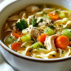 - 1 lb boneless, skinless chicken thighs or breasts - 8 cups low-sodium chicken broth - 1 cup carrot, diced - 1 cup celery, diced - 1 medium onion, finely chopped - 4 cloves garlic, minced - 1 teaspoon fresh thyme or ½ teaspoon dried thyme - 1 teaspoon fresh dill or ½ teaspoon dried dill - 1 cup egg noodles or whole grain noodles - 1 tablespoon olive oil - Salt and pepper to taste - 2 tablespoons lemon juice - Fresh parsley for garnish Gathering the right ingredients is key to making Light Chicken Penicillin Soup. First, you'll need your chicken. I like to use chicken thighs for their rich flavor. You can also use chicken breasts for a leaner option. Next, grab some low-sodium chicken broth. This helps keep the soup healthy and tasty. For veggies, diced carrots, celery, and onion add nice texture and flavor. Now, let’s add some flavor enhancers. I always use fresh garlic, thyme, and dill. They really bring out the taste of the soup. If you want to make it heartier, consider adding egg noodles or whole grain noodles. A splash of lemon juice adds a fresh zing. Don't forget salt and pepper for that essential seasoning. Finally, a sprinkle of fresh parsley makes your soup look great and adds a pop of color. With these ingredients, you’re set to create a warm, nourishing meal. {{ingredient_image_1}} 1. In a large pot, heat the olive oil over medium heat. 2. Add the chopped onion, carrots, and celery. Sauté for about five minutes. 3. Cook until the vegetables start to soften. 4. Add the minced garlic and cook for one more minute until fragrant. 1. Add the diced chicken to the pot. 2. Season with salt, pepper, thyme, and dill. 3. Brown the chicken on all sides for about seven to eight minutes. 1. Pour in the chicken broth and bring the mixture to a boil. 2. Reduce heat to a simmer and add the egg noodles. 3. Cook according to package instructions, about eight to ten minutes, until noodles are tender. 4. Stir in the lemon juice and taste. Adjust seasoning with salt and pepper if needed. - Use low-sodium broth for a healthier option. This helps keep the soup light. - Adjust cooking time based on noodle type. Whole grain noodles may need a bit longer. - Substitute chicken with tofu for a vegetarian version. Tofu absorbs flavor well. - Use gluten-free noodles for a gluten-free option. This keeps everyone happy at the table. - Garnish with fresh parsley for an appealing look. The green adds a nice touch. - Serve with crusty bread for a complete meal. Bread soaks up the tasty broth nicely. Pro Tips Use Fresh Herbs: Fresh thyme and dill will enhance the flavor profile of your soup, making it more aromatic and delicious. Adjust the Noodles: For a healthier version, consider using whole grain noodles or adding more vegetables instead of noodles. Enhance the Broth: For a richer taste, you can simmer the broth with leftover chicken bones or add a splash of white wine. Serve with a Twist: Add a sprinkle of red pepper flakes for a little heat or a dollop of yogurt for creaminess when serving. {{image_2}} You can enhance your soup by adding extra veggies. Spinach or kale brings more nutrients. These greens add color and health benefits. They are easy to add; just toss them in at the end. You can also use peas for a sweet touch. They add a pop of flavor and texture. Simply stir them in during the last few minutes of cooking. This small change makes a big difference. If you want a change, try different proteins. Using turkey makes a leaner option. It's just as tasty and still very filling. Cut the turkey into small pieces and cook it like chicken. For a fun twist, consider shrimp. This seafood brings a unique flavor. Just add the shrimp during the last few minutes of cooking. They cook quickly and stay tender. If you like heat, spice things up! Add red pepper flakes for a kick. Start with a small amount, then adjust to your taste. This adds warmth without overwhelming the dish. Incorporate jalapeños for a bolder flavor. You can slice them and add them early in the cooking. They bring a nice bite, perfect for spice lovers. Store your Light Chicken Penicillin Soup in an airtight container. It will last for up to 3 days in the fridge. While this soup is best enjoyed fresh, you can easily reheat it when needed. Just make sure to heat it gently to keep the flavors intact. If you want to save some for later, freeze the soup in individual portions. This makes it easy to grab a quick meal on busy days. When you're ready to eat, thaw it overnight in the fridge. This helps keep the texture nice when you reheat it. To reheat your soup, warm it gently on the stove or in the microwave. If you notice it’s a bit thick, add a splash of chicken broth. This helps avoid dryness and keeps it nice and soupy. Enjoy your comforting bowl of soup anytime! Chicken penicillin soup is a warm, comforting dish that many people love. The traditional version is rich and creamy, often made with heavy cream and lots of fat. My light version swaps out some of those rich ingredients for healthier choices. I use low-sodium chicken broth and lean chicken thighs or breasts. This keeps the soup tasty without the heaviness. Fresh herbs like thyme and dill add great flavor, and the lemon juice gives it a bright touch. You still get all the cozy feels, but with fewer calories. Yes, you can make this soup in advance! It actually tastes better after sitting for a bit. To prepare ahead, follow these steps: - Cook the soup as directed but stop before adding the egg noodles. - Let the soup cool before storing it in the fridge. - When ready to eat, reheat the soup and add the noodles. Cook until the noodles are tender. This way, you keep the noodles from getting mushy. It’s a smart way to meal prep! You can easily modify this soup to fit many diets: - Low-carb: Skip the egg noodles or use zucchini noodles instead. This keeps it low in carbs while still being filling. - Vegetarian: Replace the chicken with tofu or chickpeas for protein. Use vegetable broth to keep the flavors. - Dairy-free: This recipe is already dairy-free, but if you want a creamier feel, add a splash of coconut milk. These swaps keep the soup delicious while meeting your needs. This blog post detailed how to make chicken soup from scratch. You learned about key ingredients, cooking steps, and tips for perfecting your dish. Remember, you can customize it with extra veggies or proteins. Storing leftovers properly ensures you enjoy it later. Soup is a wholesome meal that warms the body and soul. Get creative with flavors, and you’ll always have something new to try. With these easy steps, anyone can make delicious chicken soup!