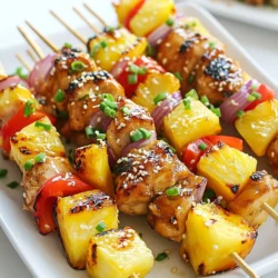 - 1 lb boneless, skinless chicken thighs, cut into 1-inch pieces - 1 cup fresh pineapple, cut into 1-inch chunks - 1 bell pepper (red or yellow), cut into 1-inch pieces - 1 small red onion, cut into wedges - 1/2 cup teriyaki sauce - 2 tablespoons soy sauce - 1 tablespoon honey - 1 tablespoon sesame oil - 2 cloves garlic, minced - 1 teaspoon ginger, grated - Salt and pepper to taste - Skewers (soaked in water if wooden) Gather these ingredients to make your pineapple teriyaki chicken skewers. The chicken thighs provide a tender bite. Fresh pineapple adds a sweet touch. The bell pepper and onion give color and crunch. For the marinade, teriyaki sauce brings savory depth. Soy sauce adds saltiness, while honey gives sweetness. Sesame oil adds a nice nutty flavor. Garlic and ginger bring warmth and spice to the mix. Don’t forget to season with salt and pepper. Finally, choose your skewers. Wooden skewers need soaking to prevent burning. Now you have everything you need for a tasty meal! {{ingredient_image_1}} To start, mix the marinade in a bowl. Combine 1/2 cup of teriyaki sauce, 2 tablespoons of soy sauce, 1 tablespoon of honey, and 1 tablespoon of sesame oil. Add 2 cloves of minced garlic and 1 teaspoon of grated ginger. This mix gives the chicken great flavor. Next, add the chicken thighs cut into 1-inch pieces. Stir well to coat each piece. Cover the bowl and place it in the fridge for at least 30 minutes. For even more flavor, you can marinate it for up to 2 hours. If you use wooden skewers, soak them in water for 30 minutes. This step helps prevent them from burning on the grill. Now, it’s time to assemble the skewers. Take the marinated chicken pieces and thread them onto the soaked skewers. Alternate with 1-inch chunks of fresh pineapple, bell pepper, and red onion. Leave a little space between each piece. This helps them cook evenly. Before grilling, preheat your grill to medium-high heat. Make sure the grill is clean and lightly oiled. This will help prevent sticking. Place the skewers on the grill and cook for about 12 to 15 minutes. Turn them every few minutes. The chicken should be cooked through and have nice grill marks. Check the internal temperature; it should reach 165°F (75°C). In the last few minutes, brush some leftover teriyaki sauce on the skewers. This adds extra flavor and makes them shine. Once they are done, remove the skewers from the grill and let them rest for a couple of minutes before serving. - For the best flavor, marinate the chicken for at least 30 minutes. - You can marinate for up to 2 hours for a richer taste. - Adjust the marinade by adding more honey for sweetness or soy sauce for saltiness. - To prevent sticking, always preheat the grill and use oil. - Lightly brush the grill with oil before placing the skewers. - For perfect grill marks, let the skewers sit on one side for a few minutes. - Garnish the skewers with sesame seeds and chopped green onions. - Serve with jasmine rice or a fresh salad for a complete meal. - Pair with a cold drink like iced tea or lemonade to balance the flavors. Pro Tips Marinate for Maximum Flavor: The longer you marinate the chicken, the deeper the flavors will penetrate. Aim for at least 2 hours, or overnight if you can plan ahead! Use Fresh Ingredients: Fresh pineapple and vegetables not only enhance the taste but also provide better texture. Canned pineapple can be mushy and less flavorful. Keep It Colorful: Adding a variety of colorful vegetables not only makes the skewers visually appealing but also adds different flavors and nutrients. Check for Doneness: Always use a meat thermometer to ensure the chicken reaches an internal temperature of 165°F (75°C) for safe consumption. {{image_2}} You can change the chicken thighs if you want. For a leaner option, try chicken breast. It cooks faster and still tastes great. If you're not into chicken, use shrimp or tofu. Both soak up flavors well. For veggies, swap bell peppers with zucchini or mushrooms. They add a different texture. You can also use cherry tomatoes for a fun burst of flavor. To boost flavors, add spices like red pepper flakes or cumin. These spices bring a nice kick. Fresh herbs like cilantro or basil also work well in the marinade. They add a fresh taste that brightens the dish. You can change the sauce, too. Try a sweet chili sauce instead of teriyaki for a spicy twist. Or mix in some barbecue sauce for a smoky flavor. Grilling is fun, but baking is an easy option. Preheat your oven to 400°F (200°C). Place the skewers on a baking sheet and cook for about 20 minutes. Turn them halfway through to ensure even cooking. An air fryer is another great choice. Set it to 375°F (190°C) and cook for 10 to 12 minutes. This method gives you a lovely crust without extra oil. It’s quick and keeps the chicken juicy. To keep your Pineapple Teriyaki Chicken Skewers fresh, store leftovers in the fridge. Use an airtight container. They can last for up to three days. If you want to freeze them, wrap each skewer tightly in plastic wrap, then place them in a freezer bag. This method helps prevent freezer burn. They can stay good for up to three months. When it's time to eat again, reheat the skewers in the oven. Set it to 350°F (175°C). Place the skewers on a baking sheet and cover with foil. Heat for about 10 to 15 minutes. This keeps them juicy and warm. You can also reheat them on the grill for a few minutes. Just be careful not to overcook and dry them out. For quick meals, prep the chicken and veggies ahead of time. Cut them into pieces and store them in separate containers. This makes it easy to assemble skewers when you are ready to cook. Use clear, stackable containers to save space in your fridge. You can also pre-mix the marinade and keep it in the fridge for up to a week. This way, you can whip up tasty skewers whenever you want! Yes, you can use chicken breast. Chicken breast is leaner than thighs. It may dry out if overcooked. Keep an eye on the grill time. Thighs add more flavor and juiciness, though. Marinating for at least 30 minutes works well. For more flavor, aim for 2 hours. The longer you marinate, the better the taste. Just don’t go over 24 hours. The chicken needs to reach 165°F (75°C) to be safe to eat. Use a meat thermometer for accuracy. This ensures the chicken is fully cooked. It also keeps your meal safe. Yes, you can prep the skewers ahead of time. Assemble them and store in the fridge. Just grill them when you're ready to eat. This saves time during busy days. Soak wooden skewers in water for 30 minutes before using. This helps them resist burning on the grill. You can also use metal skewers. They won’t burn and are reusable. In this post, we explored a delicious chicken skewer recipe. We covered main ingredients like chicken thighs, fresh pineapple, and peppers. The marinade adds fantastic flavor with teriyaki and honey. I shared tips for marinating, grilling, and serving to help you succeed. Overall, you can make tasty skewers that impress your guests. Try variations and creativity in cooking methods for even more fun. Enjoy your grilling adventure!