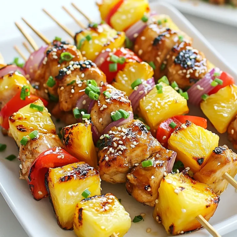 - 1 lb boneless, skinless chicken thighs, cut into 1-inch pieces - 1 cup fresh pineapple, cut into 1-inch chunks - 1 bell pepper (red or yellow), cut into 1-inch pieces - 1 small red onion, cut into wedges - 1/2 cup teriyaki sauce - 2 tablespoons soy sauce - 1 tablespoon honey - 1 tablespoon sesame oil - 2 cloves garlic, minced - 1 teaspoon ginger, grated - Salt and pepper to taste - Skewers (soaked in water if wooden) Gather these ingredients to make your pineapple teriyaki chicken skewers. The chicken thighs provide a tender bite. Fresh pineapple adds a sweet touch. The bell pepper and onion give color and crunch. For the marinade, teriyaki sauce brings savory depth. Soy sauce adds saltiness, while honey gives sweetness. Sesame oil adds a nice nutty flavor. Garlic and ginger bring warmth and spice to the mix. Don’t forget to season with salt and pepper. Finally, choose your skewers. Wooden skewers need soaking to prevent burning. Now you have everything you need for a tasty meal! {{ingredient_image_1}} To start, mix the marinade in a bowl. Combine 1/2 cup of teriyaki sauce, 2 tablespoons of soy sauce, 1 tablespoon of honey, and 1 tablespoon of sesame oil. Add 2 cloves of minced garlic and 1 teaspoon of grated ginger. This mix gives the chicken great flavor. Next, add the chicken thighs cut into 1-inch pieces. Stir well to coat each piece. Cover the bowl and place it in the fridge for at least 30 minutes. For even more flavor, you can marinate it for up to 2 hours. If you use wooden skewers, soak them in water for 30 minutes. This step helps prevent them from burning on the grill. Now, it’s time to assemble the skewers. Take the marinated chicken pieces and thread them onto the soaked skewers. Alternate with 1-inch chunks of fresh pineapple, bell pepper, and red onion. Leave a little space between each piece. This helps them cook evenly. Before grilling, preheat your grill to medium-high heat. Make sure the grill is clean and lightly oiled. This will help prevent sticking. Place the skewers on the grill and cook for about 12 to 15 minutes. Turn them every few minutes. The chicken should be cooked through and have nice grill marks. Check the internal temperature; it should reach 165°F (75°C). In the last few minutes, brush some leftover teriyaki sauce on the skewers. This adds extra flavor and makes them shine. Once they are done, remove the skewers from the grill and let them rest for a couple of minutes before serving. - For the best flavor, marinate the chicken for at least 30 minutes. - You can marinate for up to 2 hours for a richer taste. - Adjust the marinade by adding more honey for sweetness or soy sauce for saltiness. - To prevent sticking, always preheat the grill and use oil. - Lightly brush the grill with oil before placing the skewers. - For perfect grill marks, let the skewers sit on one side for a few minutes. - Garnish the skewers with sesame seeds and chopped green onions. - Serve with jasmine rice or a fresh salad for a complete meal. - Pair with a cold drink like iced tea or lemonade to balance the flavors. Pro Tips Marinate for Maximum Flavor: The longer you marinate the chicken, the deeper the flavors will penetrate. Aim for at least 2 hours, or overnight if you can plan ahead! Use Fresh Ingredients: Fresh pineapple and vegetables not only enhance the taste but also provide better texture. Canned pineapple can be mushy and less flavorful. Keep It Colorful: Adding a variety of colorful vegetables not only makes the skewers visually appealing but also adds different flavors and nutrients. Check for Doneness: Always use a meat thermometer to ensure the chicken reaches an internal temperature of 165°F (75°C) for safe consumption. {{image_2}} You can change the chicken thighs if you want. For a leaner option, try chicken breast. It cooks faster and still tastes great. If you're not into chicken, use shrimp or tofu. Both soak up flavors well. For veggies, swap bell peppers with zucchini or mushrooms. They add a different texture. You can also use cherry tomatoes for a fun burst of flavor. To boost flavors, add spices like red pepper flakes or cumin. These spices bring a nice kick. Fresh herbs like cilantro or basil also work well in the marinade. They add a fresh taste that brightens the dish. You can change the sauce, too. Try a sweet chili sauce instead of teriyaki for a spicy twist. Or mix in some barbecue sauce for a smoky flavor. Grilling is fun, but baking is an easy option. Preheat your oven to 400°F (200°C). Place the skewers on a baking sheet and cook for about 20 minutes. Turn them halfway through to ensure even cooking. An air fryer is another great choice. Set it to 375°F (190°C) and cook for 10 to 12 minutes. This method gives you a lovely crust without extra oil. It’s quick and keeps the chicken juicy. To keep your Pineapple Teriyaki Chicken Skewers fresh, store leftovers in the fridge. Use an airtight container. They can last for up to three days. If you want to freeze them, wrap each skewer tightly in plastic wrap, then place them in a freezer bag. This method helps prevent freezer burn. They can stay good for up to three months. When it's time to eat again, reheat the skewers in the oven. Set it to 350°F (175°C). Place the skewers on a baking sheet and cover with foil. Heat for about 10 to 15 minutes. This keeps them juicy and warm. You can also reheat them on the grill for a few minutes. Just be careful not to overcook and dry them out. For quick meals, prep the chicken and veggies ahead of time. Cut them into pieces and store them in separate containers. This makes it easy to assemble skewers when you are ready to cook. Use clear, stackable containers to save space in your fridge. You can also pre-mix the marinade and keep it in the fridge for up to a week. This way, you can whip up tasty skewers whenever you want! Yes, you can use chicken breast. Chicken breast is leaner than thighs. It may dry out if overcooked. Keep an eye on the grill time. Thighs add more flavor and juiciness, though. Marinating for at least 30 minutes works well. For more flavor, aim for 2 hours. The longer you marinate, the better the taste. Just don’t go over 24 hours. The chicken needs to reach 165°F (75°C) to be safe to eat. Use a meat thermometer for accuracy. This ensures the chicken is fully cooked. It also keeps your meal safe. Yes, you can prep the skewers ahead of time. Assemble them and store in the fridge. Just grill them when you're ready to eat. This saves time during busy days. Soak wooden skewers in water for 30 minutes before using. This helps them resist burning on the grill. You can also use metal skewers. They won’t burn and are reusable. In this post, we explored a delicious chicken skewer recipe. We covered main ingredients like chicken thighs, fresh pineapple, and peppers. The marinade adds fantastic flavor with teriyaki and honey. I shared tips for marinating, grilling, and serving to help you succeed. Overall, you can make tasty skewers that impress your guests. Try variations and creativity in cooking methods for even more fun. Enjoy your grilling adventure!