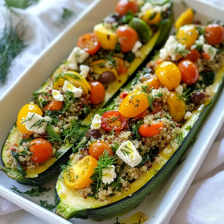 - 4 medium zucchinis - 1 cup cooked quinoa - 1 cup cherry tomatoes, halved - 1 cup spinach, chopped - 1/2 cup feta cheese, crumbled - 1/4 cup Kalamata olives, pitted and chopped - 2 tablespoons fresh dill, chopped - 2 tablespoons olive oil - 1 tablespoon lemon juice - Salt and pepper to taste When I make Greek stuffed zucchini boats, I start with fresh zucchinis. They are the perfect vessel for all the tasty fillings. I use cooked quinoa for a hearty base. Quinoa adds protein and a nice texture. Cherry tomatoes bring a sweet burst of flavor. I like to halve them for the right size. Spinach adds color and nutrients. It cooks down nicely with the zucchini flesh. Feta cheese gives a creamy saltiness. The Kalamata olives add a briny touch that pairs well with the other flavors. Fresh dill brightens the dish and adds a hint of earthiness. I drizzle olive oil for richness and use lemon juice for a refreshing zing. Finally, I season with salt and pepper to enhance all the flavors. - Extra dill - Olive oil drizzle - Additional cherry tomatoes for presentation I love to garnish my zucchini boats with a sprinkle of extra dill. It makes the dish pop! A drizzle of olive oil adds a shiny finish and enhances flavor. Sometimes, I add a few extra cherry tomatoes on top for a colorful presentation. These small touches make the dish look as good as it tastes. {{ingredient_image_1}} - Preheat oven to 375°F (190°C). - Wash the zucchinis and slice them in half lengthwise. - Scoop out the center of the zucchinis to create boats. Keep the flesh for later use. I find that prepping the zucchinis is key to a great dish. This step gives you the perfect shape for stuffing. When you scoop out the flesh, make sure to leave some zucchini on the sides. It adds flavor and keeps the boats sturdy. - In a large skillet, heat the olive oil over medium heat. - Add the reserved zucchini flesh and cook for about 3-4 minutes until softened. - Stir in the chopped spinach and cook until wilted, about 2-3 minutes. - Add the cooked quinoa, cherry tomatoes, Kalamata olives, feta cheese, dill, lemon juice, and season with salt and pepper. Mix well. This filling is where the magic happens! The blend of zucchini, spinach, and quinoa gives you a healthy boost. The Kalamata olives and feta cheese bring that classic Greek taste. I love how the lemon juice brightens everything up. Make sure to stir well to combine all the flavors. - Spoon the filling evenly into each zucchini boat. - Place the stuffed zucchinis on a baking sheet lined with parchment paper. - Bake in the preheated oven for about 20-25 minutes, or until the zucchinis are tender and slightly golden on top. When you fill the zucchini boats, don’t be shy! Pack them full of the tasty mixture. This ensures every bite is bursting with flavor. Baking them gives a nice golden finish, making them look inviting. I enjoy serving these warm, right out of the oven. For the best filling, mix your ingredients evenly. This ensures every bite is full of flavor. Use a spoon to scoop out the zucchini flesh. Keep it even so each boat holds the same amount of filling. This way, they cook uniformly and taste great. Adjust your baking time based on how soft you want the zucchinis. If you like them firm, check around 20 minutes. For softer boats, leave them in for 25 minutes. Fresh herbs really boost the flavor. If you have fresh dill, use it! Dried herbs are okay, but fresh makes a big difference. If you don't have quinoa, you can use rice or couscous. Both work well in this dish. For cheese, try ricotta or vegan cheese if you want a different taste. These options still give you a creamy texture without losing the dish's essence. Pro Tips Choose Fresh Zucchini: Look for zucchinis that are firm, smooth, and free from blemishes for the best flavor and texture. Customize Your Filling: Feel free to add other vegetables or proteins like bell peppers or chickpeas to the quinoa filling for extra nutrition. Don’t Overbake: Keep an eye on the zucchinis while baking; they should be tender but not mushy for optimal taste and presentation. Garnish for Flavor: Add a sprinkle of extra feta or a squeeze of fresh lemon juice just before serving to enhance the dish’s freshness. {{image_2}} You can make Greek stuffed zucchini boats heartier. Try adding ground meat like turkey or chicken. This gives a rich flavor and boosts protein. If you prefer a vegetarian option, consider using tofu or chickpeas. Both options still add great taste and texture. Tofu soaks up flavors well, while chickpeas add a nice bite. Spice things up by adding chili flakes to your filling. This will give your dish a warm kick. You can also add more veggies. Diced bell peppers or chopped mushrooms mix well with the zucchini. They bring more color and taste to your meal. Feel free to get creative with herbs too, like oregano or basil. Pair your stuffed zucchini boats with a cool yogurt sauce. The creamy yogurt balances the flavors nicely. A side salad is another great choice. Fresh greens and a light dressing complement the dish perfectly. You can mix it with cucumbers or tomatoes for a refreshing crunch. After you enjoy your Greek stuffed zucchini boats, store any leftovers in the fridge. Place them in an airtight container. This helps keep the flavors fresh. Make sure to eat them within three to four days. To keep the texture nice, avoid stacking the boats. Lay them flat in the container. This prevents them from getting squished. If you want, you can cover them with plastic wrap for extra protection. You can freeze stuffed zucchini boats, both before and after baking. If you freeze them raw, prepare the filling and stuff the zucchinis. Place them in a freezer-safe container. When you're ready to cook, bake them straight from the freezer. Just add about ten more minutes to the cooking time. If you freeze them after baking, let them cool first. Wrap each boat in foil or plastic wrap. Place them in a freezer bag. When you want to eat them, thaw them in the fridge overnight. Reheat them in the oven at 350°F (175°C) until warm. This keeps the filling tasty and the zucchini tender. Stuffed zucchinis last about three to four days in the fridge. Check for signs of spoilage, like a bad smell or mushy texture. If you see any mold, throw them out. Always trust your nose and eyes; they help keep you safe. Zucchini boats are done when they are tender and slightly golden. A fork should easily pierce the zucchini. Look for a light golden color on top. This means the filling is also hot and ready to eat. I love to check them at the 20-minute mark. If they need more time, bake for another 5 minutes. Yes, you can prepare Greek Stuffed Zucchini Boats ahead of time. You can assemble them and keep them in the fridge until you are ready to bake. This makes meal prep easy and quick. Just cover them tightly with plastic wrap or aluminum foil. Bake them fresh when you are ready to eat. If you want to freeze them, do so before baking. Just thaw them in the fridge overnight and bake as usual. These zucchini boats pair well with many sides. Here are some great options: - A simple Greek salad with tomatoes, cucumber, and olives. - Tzatziki sauce for dipping adds a cool touch. - Crusty bread or pita to soak up any extra filling. - Roasted vegetables for a colorful plate. These sides enhance the meal and make it even more delicious. This blog covered Greek stuffed zucchini boats, from key ingredients to serving tips. You learned about the best filling, cooking methods, and how to store leftovers properly. If you follow these steps, your dishes will impress everyone. Enjoy experimenting with flavors and variations to make this dish your own. Remember, cooking is all about having fun and sharing tasty meals. With these tips, you can make delicious meals for family and friends. Happy cooking!