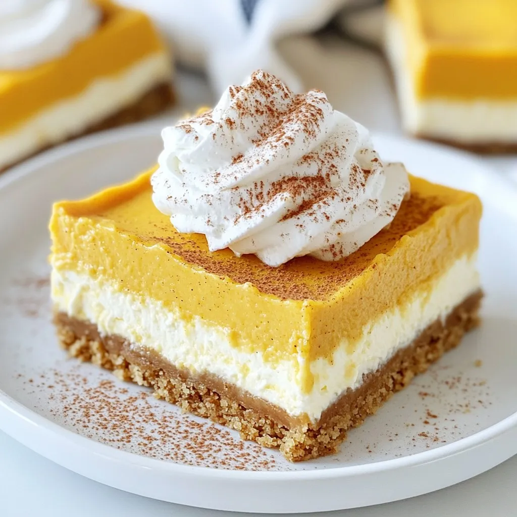 To make these delicious Pumpkin Spice Cheesecake Bars, you will need the following ingredients: - 1 ½ cups graham cracker crumbs - ½ cup unsalted butter, melted - 1/4 cup granulated sugar (for crust) - 2 (8 oz) packages cream cheese, softened - 1 cup pumpkin puree - 3/4 cup granulated sugar (for filling) - 2 large eggs - 1 teaspoon vanilla extract - 1 teaspoon ground cinnamon - 1/2 teaspoon ground nutmeg - 1/4 teaspoon ground ginger - 1/4 teaspoon ground clove - Pinch of salt - Whipped cream for garnish (optional) Each ingredient plays a key role. The graham cracker crumbs form a sweet and crunchy base. The melted butter helps bind the crumbs for a sturdy crust. Cream cheese gives the bars their smooth texture. Pumpkin puree adds flavor and moisture. The spices bring warmth and that classic fall taste. You can also top the bars with whipped cream for a nice touch. {{ingredient_image_1}} - Preheat oven to 350°F (175°C). - Prepare the baking pan with parchment paper. First, you want to make the crust. In a medium bowl, combine: - 1 ½ cups graham cracker crumbs - ½ cup unsalted butter, melted - 1/4 cup granulated sugar Mix these ingredients until they are well combined and crumbly. Now, press the mixture firmly into the bottom of your prepared baking pan. This creates a nice, even crust layer for your cheesecake bars. Next, it's time for the filling. In a large mixing bowl, beat: - 2 (8 oz) packages cream cheese, softened Keep mixing until it is smooth and creamy. Now, add in the following ingredients: - 1 cup pumpkin puree - 3/4 cup granulated sugar - 2 large eggs - 1 teaspoon vanilla extract - 1 teaspoon ground cinnamon - 1/2 teaspoon ground nutmeg - 1/4 teaspoon ground ginger - 1/4 teaspoon ground clove - Pinch of salt Mix everything together until it's well blended and there are no lumps. Once mixed, pour this pumpkin cheesecake mixture over the crust in the baking pan. Use a spatula to spread it evenly. Now for the baking part! Place your pan in the oven. Bake for 30-35 minutes. The edges should be set, but the center may still jiggle slightly. When done, take it out and let it cool completely at room temperature. After cooling, refrigerate for at least 4 hours or overnight to let it set. Once chilled, lift the bars out of the pan using the parchment paper. Cut them into squares, and enjoy your fall treat! - Check for doneness with a slight jiggle. This means your bars are ready. - Use room temperature ingredients for a smoother mixture. Cold cream cheese can cause lumps. - Serve with dollops of whipped cream. It adds a nice touch. - Garnish with a sprinkle of cinnamon or nutmeg. This gives extra flavor and looks nice. - Best served chilled. Cold bars taste best after setting in the fridge. - Ideal for autumn gatherings. These bars bring warmth and joy to any fall event. Pro Tips Chill the Bars Properly: Make sure to refrigerate the cheesecake bars for at least 4 hours or overnight. This allows them to set properly and enhances their flavor. Use Room Temperature Ingredients: Ensure your cream cheese and eggs are at room temperature before mixing. This helps create a smooth and creamy filling without lumps. Perfect the Crust: Press the graham cracker mixture firmly into the bottom of the pan to create a sturdy crust. This helps prevent the filling from seeping through. Experiment with Spices: Feel free to adjust the spices according to your taste. Adding a little more cinnamon or using a pumpkin spice blend can elevate the flavor profile. {{image_2}} You can make these bars even more fun! - Add chocolate chips for a mocha twist. The rich chocolate complements the pumpkin spice well. - Incorporate crushed nuts for added texture. Walnuts or pecans give a nice crunch and flavor. Need to adapt the recipe? No problem! - Use gluten-free graham crackers for a GF version. This makes it friendly for those with gluten issues. - Substitute cream cheese with a dairy-free alternative. Look for options like almond or cashew cream for a tasty swap. You can easily change the size of your batch! - Scale the recipe to fit different baking pan sizes. A larger pan means more bars. - Adjust baking time based on thickness of bars. Thicker bars may need a bit more time in the oven. Store your pumpkin spice cheesecake bars in an airtight container in the fridge. This keeps them fresh and tasty. You can enjoy these bars for up to one week. Make sure they are completely cool before sealing. If you want to keep them longer, freeze the uncut bars. Wrap them tightly in plastic wrap and place them in a freezer bag or container. They can stay frozen for up to three months. When you're ready to eat, just thaw them in the refrigerator before serving. You can enjoy these bars chilled, which I recommend for the best flavor. However, if you prefer them warm, you can reheat them gently in the oven. Set your oven to a low temperature and warm them for a few minutes. This helps keep the texture nice and creamy. To check if the bars are done, look for set edges. The center should have a slight jiggle. This means they are ready but not overbaked. If they look too firm, they may dry out. Yes, you can make these bars a day or two in advance. Just store them in the fridge, covered. This allows the flavors to blend and deepen, making each bite even better. If you don’t have pumpkin puree, you can use apple sauce. Other fruit purees work, too. This will give your bars a new flavor twist while keeping them moist. In this article, we explored how to make delicious pumpkin cheesecake bars. We covered the ingredients, step-by-step instructions, and useful tips to perfect your baking. Remember to check the doneness for that perfect texture and consider your favorite variations. These bars are great for any autumn gathering and easy to store or freeze for later. Enjoying your homemade treats is sure to bring joy to any event or meal. Happy baking!
