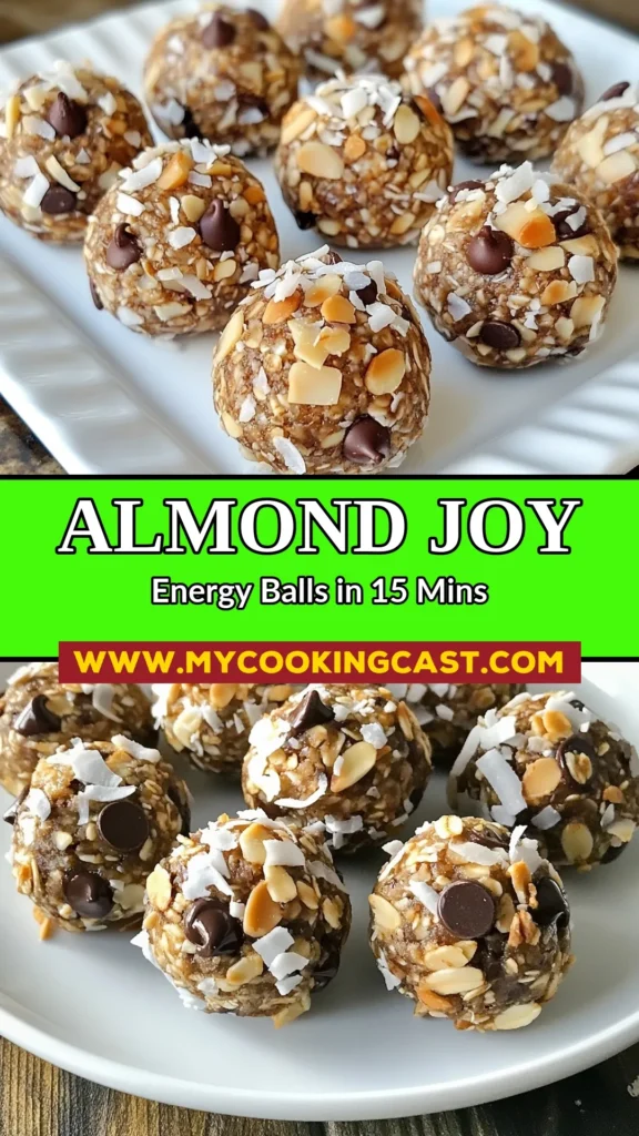 Fuel your day with these delicious Almond Joy energy balls, the perfect blend of coconut and chocolate in a healthy energy snack! These no-bake energy balls combine almond butter, rolled oats, and dark chocolate chips for a delightful treat. Easy to make and packed with goodness, they’re one of the best almond butter recipes out there. Save this recipe for a quick coconut chocolate snack anytime! #EnergyBalls #HealthySnacks #NoBakeTreats #AlmondJoy