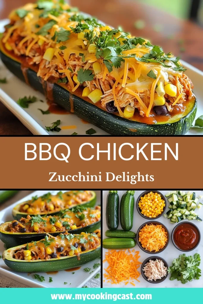 Looking for a delicious and healthy dinner idea? Try these BBQ chicken zucchini boats! This easy stuffed zucchini recipe features tender zucchinis filled with shredded chicken, BBQ sauce, corn, black beans, and gooey cheese. Perfect for a nutritious meal, these BBQ stuffed zucchinis are sure to impress. Make dinnertime effortless and flavorful with this healthy BBQ chicken recipe. Save this for your next meal! #BBQChickenZucchiniBoats #StuffedZucchiniRecipes #HealthyBBQChicken #EasyDinnerRecipes