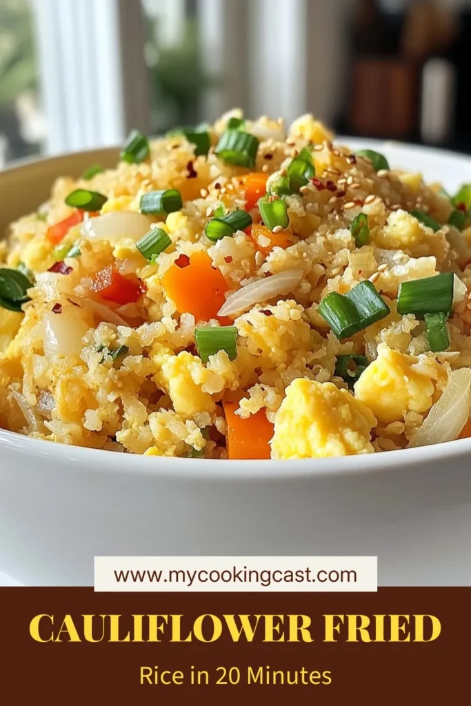 Experience the deliciousness of Cauliflower Fried Rice, a quick vegetable stir-fry that’s packed with flavor! This healthy fried rice recipe is perfect for anyone looking for a low-carb vegetable meal that's also gluten-free. With just 20 minutes of prep, you’ll enjoy a satisfying dish made with fresh ingredients. Try this cauliflower fried rice and elevate your meals today! Save this recipe for a nutritious dinner. #CauliflowerFriedRice #HealthyFriedRiceRecipe #LowCarbMeals #GlutenFreeCooking