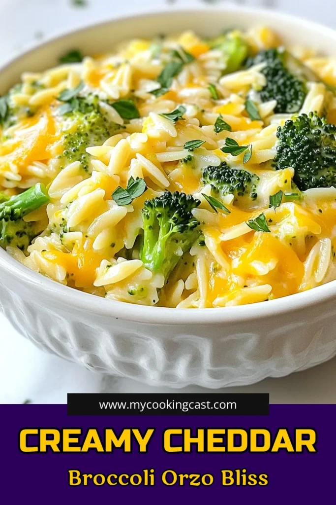 Indulge in the comforting flavors of Creamy Broccoli Cheddar Orzo, a delightful Cheddar Orzo Pasta Recipe that’s quick and easy to make. This Vegetarian Orzo Dish is loaded with fresh broccoli, creamy cheddar, and is perfect for any weeknight dinner. Enjoy smooth, cheesy goodness in just 30 minutes! Try this Easy Broccoli Cheddar Pasta to warm your soul and satisfy your cravings. Save this recipe for a delicious comfort food treat! #PastaRecipe #VegetarianCooking #ComfortFood #OrzoDish