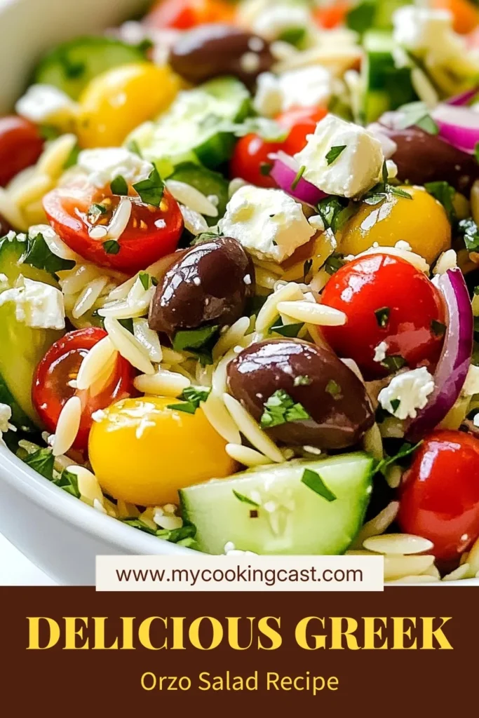 Discover the ultimate Greek Orzo Salad recipe, a vibrant Mediterranean pasta salad perfect for summer gatherings! This healthy orzo salad features fresh ingredients like cherry tomatoes, cucumber, and feta cheese, making it a delicious addition to your meal rotation. Easy to prepare and packed with flavor, this feta cheese salad will impress your friends and family. Save this recipe and enjoy refreshing summer salad recipes all season long! #GreekOrzoSalad #MediterraneanSalad #HealthyEating #SummerRecipes