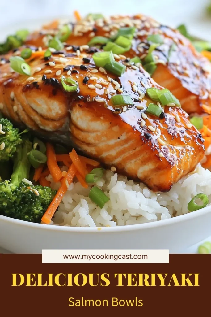 Dive into these delicious teriyaki salmon bowls, the perfect blend of flavors and nutrients. This salmon rice bowl recipe features easy teriyaki salmon that's both quick to prepare and packed with health benefits. Serve over fluffy jasmine rice teriyaki style, and add colorful veggies for a well-rounded meal. Try this healthy salmon recipe today and elevate your dinner game! Don’t forget to save for later! #TeriyakiSalmonBowls #SalmonRiceBowlRecipe #HealthySalmonRecipes #EasyTeriyakiSalmon