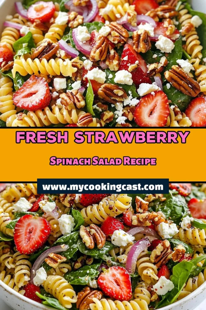 Looking for a refreshing dish for summer gatherings? Try this delicious strawberry spinach pasta salad! This healthy pasta salad with spinach and fusilli pasta comes together in just 25 minutes, making it perfect for quick meals. Packed with fresh strawberries, feta cheese, and a tangy dressing, it's a must-have for your summer pasta salad recipes. Don't miss out on this flavorful fresh fruit and spinach salad; save this recipe for later! #PastaSalad #HealthyRecipes #SummerEats #StrawberrySalad