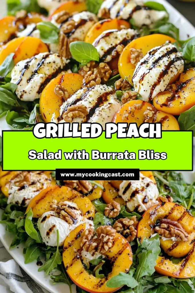 Elevate your summer meals with this delicious Grilled Peach Burrata Salad! This vibrant grilled peach salad combines juicy peaches, creamy burrata cheese, and mixed greens for a refreshing twist on summer salad recipes. Perfect for picnics and gatherings, this peach and burrata delight is drizzled with balsamic glaze and topped with crunchy walnuts. Save this recipe for your next summer cookout! #GrilledPeachSalad #BurrataCheeseSalad #SummerSaladRecipes #MixedGreensSalad