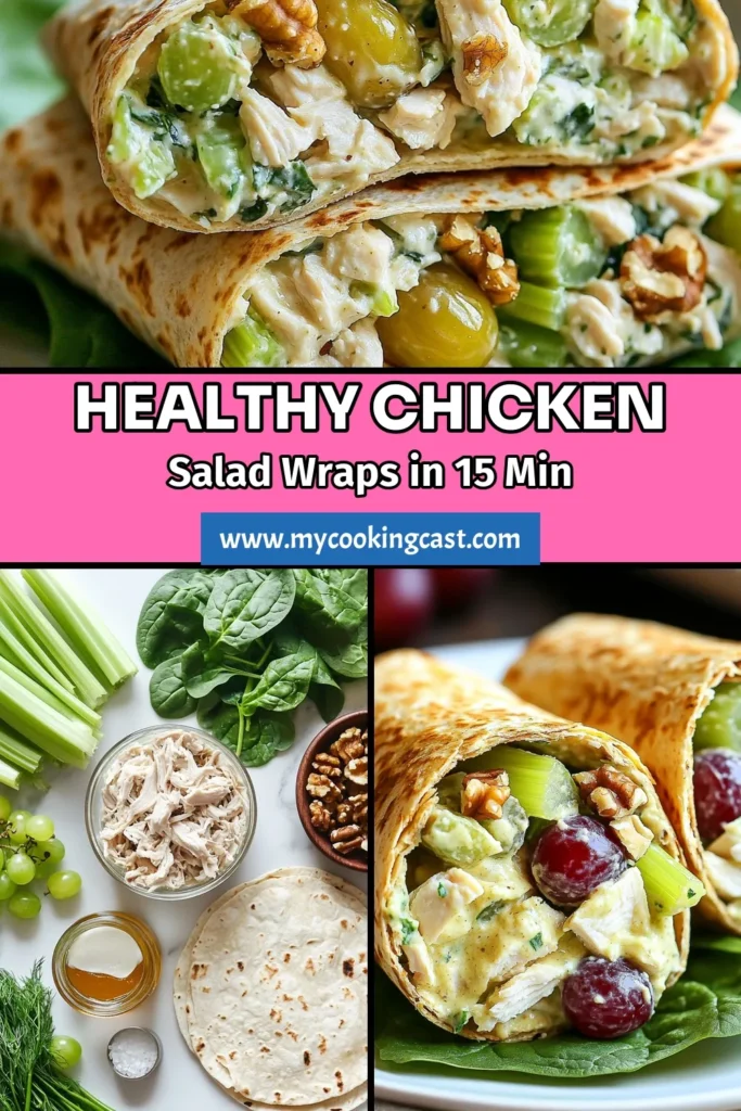 Discover the perfect blend of flavors with these Greek yogurt chicken salad wraps! This easy chicken salad recipe combines shredded chicken, creamy Greek yogurt, and crunchy veggies in a flavorful, healthy wraps recipe. Ideal for lunch or a light dinner, these whole wheat chicken wraps are deliciously satisfying. Try this tasty dish today and enjoy a nutritious meal on the go! Save this recipe for later! #GreekYogurtChickenSalad #ChickenSaladWraps #HealthyWrapsRecipe #EasyChickenSaladRecipe