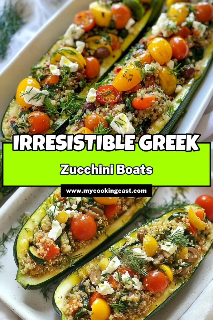 Discover the deliciousness of Greek stuffed zucchini with this easy zucchini boats recipe! Packed with healthy quinoa, fresh spinach, juicy cherry tomatoes, and crumbled feta cheese, these Mediterranean stuffed vegetables make the perfect meal. Ready in just 40 minutes, this healthy quinoa recipe is a must-try! Don't miss out on this flavorful dish—save it for your next cooking adventure! #HealthyRecipes #MediterraneanFood #QuinoaRecipes #ZucchiniBoats