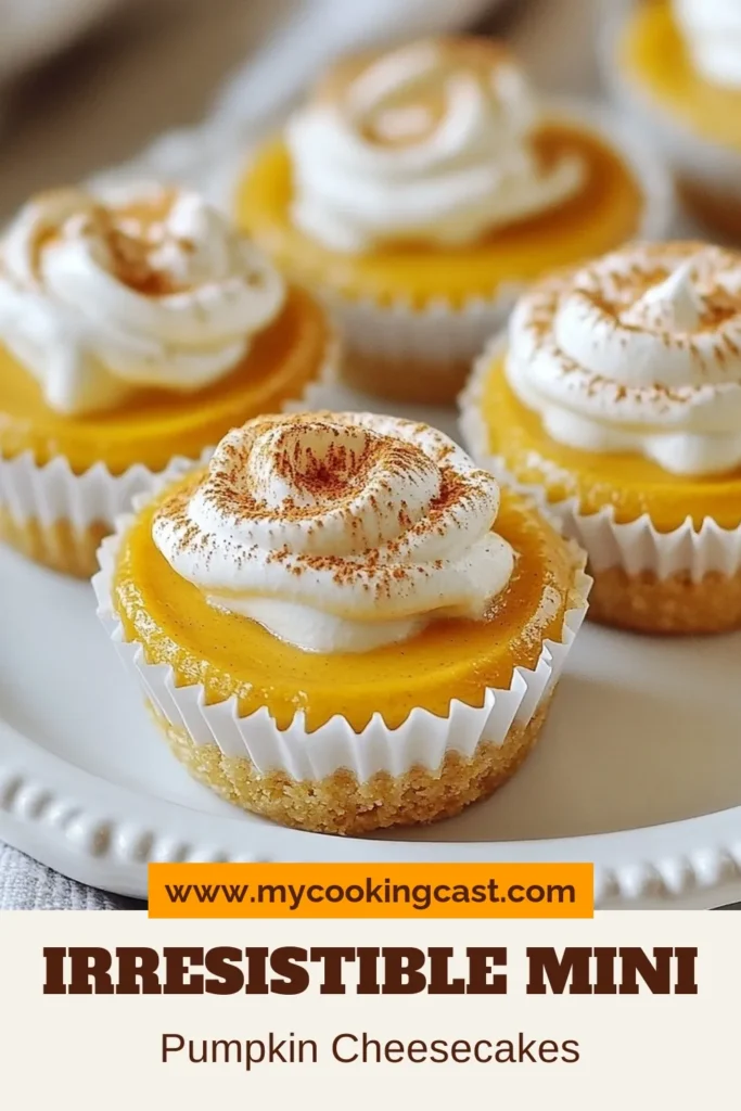 Indulge in these delicious mini pumpkin cheesecakes, the perfect easy pumpkin dessert for fall! This pumpkin cheesecake recipe is no-bake and simple, making it an ideal addition to your fall dessert recipes. Each mini treat is packed with creamy pumpkin flavor and finished with whipped cream. Impress your guests or treat yourself—these bites are irresistible! Save this recipe now! #MiniPumpkinCheesecakes #FallDesserts #PumpkinCheesecakeRecipe #EasyPumpkinDessert