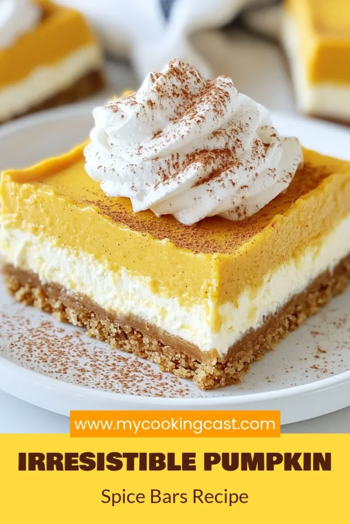 Indulge in these delightful Pumpkin Spice Cheesecake Bars, the perfect blend of creamy, spiced goodness. These easy pumpkin dessert recipes will elevate your fall dessert menu! Featuring a no-bake pumpkin cheesecake filling on a buttery graham cracker crust, they are a must-try for autumn gatherings. Save this recipe for your next celebration and enjoy the taste of fall in every bite! #PumpkinCheesecakeBars #EasyPumpkinDessertRecipes #FallDessertRecipes #PumpkinSpiceCheesecake