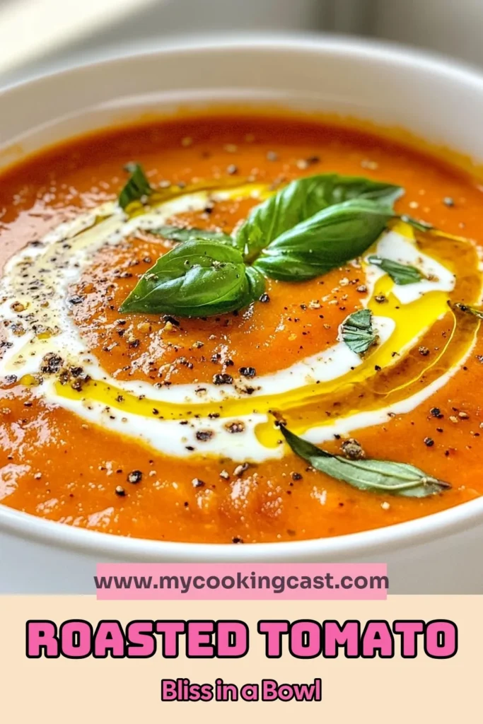 Savor the deliciousness of homemade roasted tomato basil soup, a creamy tomato basil recipe that's perfect for any season! This vegetarian tomato soup is made with ripe tomatoes, fresh basil, and optional heavy cream for a smooth texture. Enjoy every spoonful of this fresh basil soup that will warm your soul. Try the recipe today and elevate your mealtime! Save this creamy delight! #RoastedTomatoBasilSoup #VegetarianRecipes #CreamyTomatoBasil #HomemadeSoup
