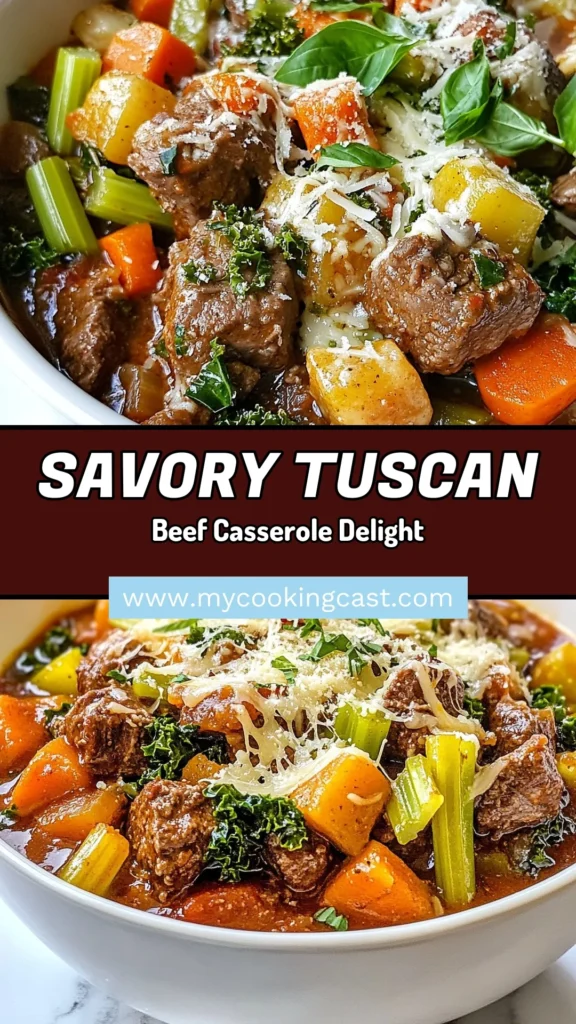 Warm up with this delectable Tuscan beef casserole that's perfect for a cozy Italian casserole dinner. Made with tender beef chuck and packed with veggies, this hearty beef casserole is an easy casserole recipe you'll love. It's a comforting dish that not only satisfies your cravings but also impresses at the dinner table. Try this delicious beef chuck casserole tonight! Save this recipe for your next family meal! #TuscanBeefCasserole #HeartyBeefRecipes #ItalianCasseroleDinner #EasyCasseroleRecipes