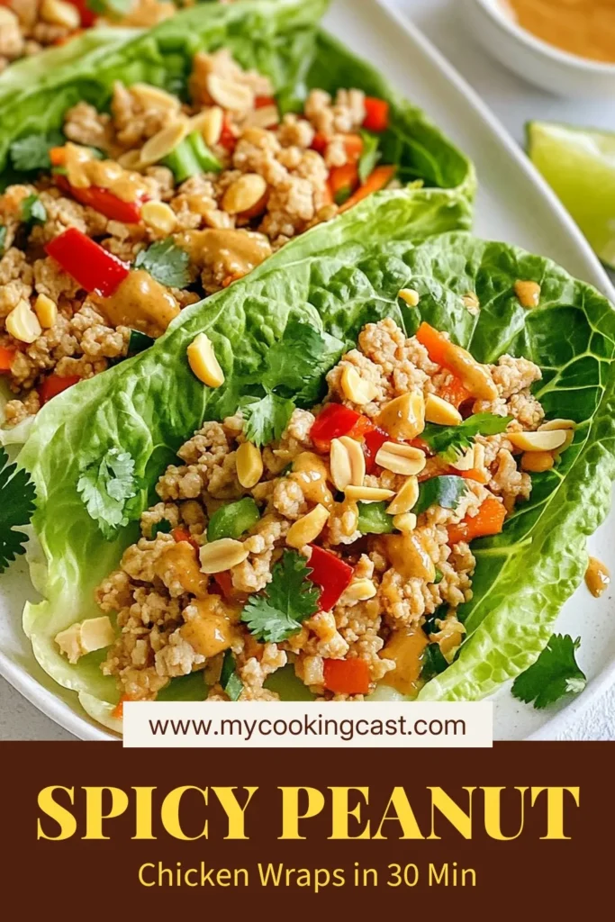 Looking for a delicious and healthy dish? Try these Spicy Peanut Chicken Lettuce Wraps! This easy lettuce wrap recipe features ground chicken tossed in a flavorful peanut sauce, making it the perfect healthy spicy chicken recipe. Perfectly paired with fresh veggies and wraps, these spicy peanut chicken wraps are a fun meal for any occasion. Don't forget to save this ground chicken lettuce wraps recipe for your next dinner! #HealthyRecipes #LettuceWraps #ChickenWraps #PeanutButterChicken