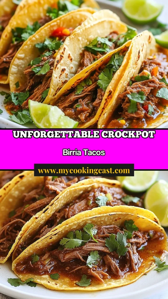 Discover the mouthwatering flavors of Crockpot Birria Tacos with this easy beef chuck roast recipe! Perfect for slow cooker tacos, this authentic birria recipe blends tender beef with toasted chiles and spices for a true Mexican birria tacos recipe. Spend just 20 minutes prepping and let your Crockpot do the rest! Save this recipe for taco night and impress everyone with your culinary skills! #CrockpotBirriaTacos #AuthenticBirria #SlowCookerTacos #MexicanTacos