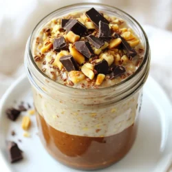 To make Chocolate Peanut Butter Overnight Oats, you will need the following items: - Rolled oats: 1 cup - Almond milk (or milk of choice): 2 cups - Peanut butter: 2 tablespoons - Cocoa powder: 1 tablespoon - Maple syrup (or honey): 2 tablespoons - Vanilla extract: 1 teaspoon - Sea salt: A pinch - Toppings: Chopped dark chocolate and crushed peanuts These ingredients will create a creamy and rich breakfast. The rolled oats provide a hearty base. The almond milk adds creaminess and flavor. Peanut butter gives a nutty and satisfying taste. Cocoa powder adds a touch of chocolate goodness. Maple syrup or honey sweetens the mix naturally. Vanilla extract enhances the overall flavor. A pinch of sea salt balances the sweetness. Finally, toppings like dark chocolate and crushed peanuts make it a treat. You can mix and match some ingredients. For instance, you can use different nut butters or milk types. This way, you can create your version of this dish. Enjoy experimenting and finding your favorite mix! {{ingredient_image_1}} - Combine the ingredients in a bowl. - Use a whisk to mix until smooth. - Divide the mixture into jars or containers. Mixing helps blend the flavors. The peanut butter adds creaminess, while cocoa gives a rich taste. Using a whisk ensures that every ingredient mixes well. Make sure to scrape the sides of the bowl for all the goodness. This step only takes about five minutes. - Seal the containers and refrigerate overnight. - This allows the oats to absorb flavors. Refrigerating overnight makes the oats soft and tasty. The longer they sit, the better the taste. This is a great way to save time in the morning. Just grab a jar and go! - Stir the oats and adjust the consistency. - Add toppings before serving. In the morning, stir the oats well. If they seem thick, just add a splash of milk. This will help make them creamy again. Top with chopped dark chocolate and crushed peanuts for extra crunch. Enjoy right from the jar or in a bowl! To evenly mix peanut butter into your oats, start by adding it to the bowl first. Then, pour in the almond milk. This way, the peanut butter blends smoothly. Use a whisk to break up any clumps. Make firm, circular motions to ensure the peanut butter is well-distributed. A fork can work too, but a whisk gives better results. You can adjust the sweetness of your oats to fit your taste. If you like it sweeter, add more maple syrup or honey. Try adding toppings like sliced bananas, berries, or a sprinkle of cinnamon for extra flavor. You can also use different nut butters for a unique twist. You can enjoy your oats straight from the jar for a quick breakfast. If you prefer a bowl, transfer the oats and add toppings. Pair your oats with a side of yogurt or fresh fruit for a balanced meal. This adds extra nutrition and makes it even more filling. Pro Tips Use Old-Fashioned Rolled Oats: They absorb liquid better and provide a hearty texture compared to quick oats. Experiment with Milk Alternatives: Try coconut milk or oat milk for a different flavor profile and creaminess. Sweetener Variations: Swap maple syrup for agave nectar or brown sugar to customize sweetness to your liking. Add Fruits: For added nutrition and flavor, mix in sliced bananas, berries, or apple chunks before refrigerating. {{image_2}} You can boost your overnight oats with fun flavors. Try adding fruit like bananas or berries. Sliced bananas add creaminess and sweetness. Berries give a fresh burst of flavor. You can mix and match too. For an extra nutty taste, use different nut butters. Almond butter or cashew butter are great choices. Each nut butter gives a unique twist to your dish. If you need gluten-free oats, look for certified gluten-free options. Not all oats are gluten-free, so check the label. For a dairy-free choice, almond milk works well, but so do oat milk or coconut milk. Each milk brings its own taste and texture. Choose what fits your diet best. You can change your overnight oats with the seasons. In fall, add pumpkin spice or cinnamon. These spices warm up the flavor. During summer, use fresh peaches or mint for a refreshing taste. For holidays, try topping with crushed candy canes or festive sprinkles. These fun toppings make your oats look pretty and taste special! To keep your oats fresh, use airtight containers. Make sure the lids fit snugly. This helps prevent moisture from getting in. Your Chocolate Peanut Butter Overnight Oats will last in the fridge for up to five days. If you want to enjoy them later, just grab a jar and dig in! If you have leftovers, you can freeze your oats. Pour the oats into freezer-safe containers. Leave some space at the top for expansion. When you want to eat them, take a jar out of the freezer. Let it thaw in the fridge overnight for the best texture. You can also speed it up by placing it in warm water. This way, your oats stay creamy and delicious! Yes, you can use quick oats instead of rolled oats. Quick oats cook faster and absorb liquid more quickly. This may change the texture. Your overnight oats can be creamier and softer. If you love a smoother texture, quick oats are a good choice. To make this recipe vegan, you need to swap a few ingredients. Use almond milk or any plant-based milk. Instead of honey, use maple syrup. The rest of the ingredients are already vegan. You can enjoy delicious overnight oats without any animal products. Overnight oats offer many health benefits. They are high in fiber, which helps digestion. The oats provide long-lasting energy, making them great for breakfast. They can also lower cholesterol and help with heart health. Adding peanut butter gives you protein and healthy fats. I do not recommend preparing overnight oats without refrigeration. The oats need cool conditions to absorb liquid. Without refrigeration, harmful bacteria can grow. If you need to travel, consider using an insulated container with ice packs. This keeps your oats safe and tasty for later. This blog post covered how to make delicious overnight oats. You learned about the main ingredients, step-by-step instructions, and helpful tips. I shared variations and storage methods to keep your oats fresh. In summary, overnight oats are easy to prepare and customizable. You can mix, match, and enjoy them your way. Use this guide to create a nutritious breakfast that suits your taste. Enjoy your mornings with tasty, healthy oats!