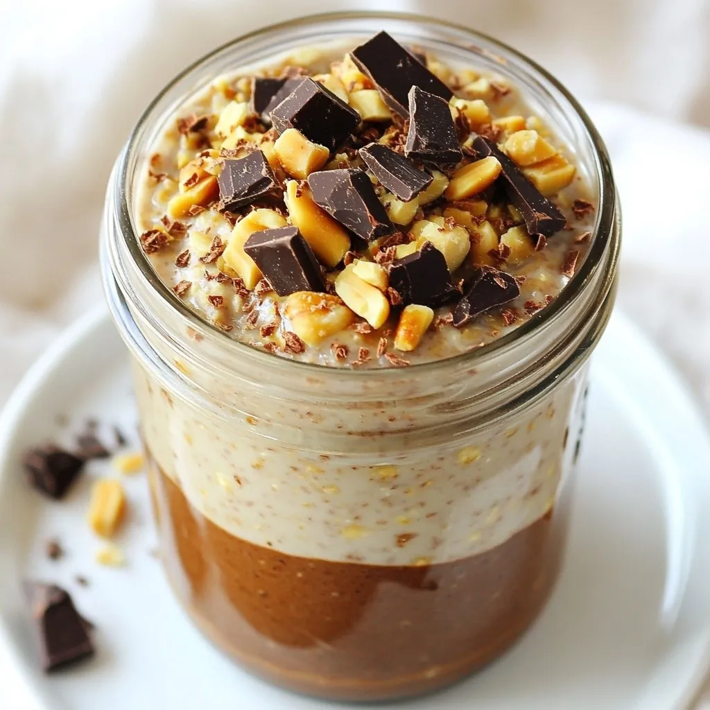 To make Chocolate Peanut Butter Overnight Oats, you will need the following items: - Rolled oats: 1 cup - Almond milk (or milk of choice): 2 cups - Peanut butter: 2 tablespoons - Cocoa powder: 1 tablespoon - Maple syrup (or honey): 2 tablespoons - Vanilla extract: 1 teaspoon - Sea salt: A pinch - Toppings: Chopped dark chocolate and crushed peanuts These ingredients will create a creamy and rich breakfast. The rolled oats provide a hearty base. The almond milk adds creaminess and flavor. Peanut butter gives a nutty and satisfying taste. Cocoa powder adds a touch of chocolate goodness. Maple syrup or honey sweetens the mix naturally. Vanilla extract enhances the overall flavor. A pinch of sea salt balances the sweetness. Finally, toppings like dark chocolate and crushed peanuts make it a treat. You can mix and match some ingredients. For instance, you can use different nut butters or milk types. This way, you can create your version of this dish. Enjoy experimenting and finding your favorite mix! {{ingredient_image_1}} - Combine the ingredients in a bowl. - Use a whisk to mix until smooth. - Divide the mixture into jars or containers. Mixing helps blend the flavors. The peanut butter adds creaminess, while cocoa gives a rich taste. Using a whisk ensures that every ingredient mixes well. Make sure to scrape the sides of the bowl for all the goodness. This step only takes about five minutes. - Seal the containers and refrigerate overnight. - This allows the oats to absorb flavors. Refrigerating overnight makes the oats soft and tasty. The longer they sit, the better the taste. This is a great way to save time in the morning. Just grab a jar and go! - Stir the oats and adjust the consistency. - Add toppings before serving. In the morning, stir the oats well. If they seem thick, just add a splash of milk. This will help make them creamy again. Top with chopped dark chocolate and crushed peanuts for extra crunch. Enjoy right from the jar or in a bowl! To evenly mix peanut butter into your oats, start by adding it to the bowl first. Then, pour in the almond milk. This way, the peanut butter blends smoothly. Use a whisk to break up any clumps. Make firm, circular motions to ensure the peanut butter is well-distributed. A fork can work too, but a whisk gives better results. You can adjust the sweetness of your oats to fit your taste. If you like it sweeter, add more maple syrup or honey. Try adding toppings like sliced bananas, berries, or a sprinkle of cinnamon for extra flavor. You can also use different nut butters for a unique twist. You can enjoy your oats straight from the jar for a quick breakfast. If you prefer a bowl, transfer the oats and add toppings. Pair your oats with a side of yogurt or fresh fruit for a balanced meal. This adds extra nutrition and makes it even more filling. Pro Tips Use Old-Fashioned Rolled Oats: They absorb liquid better and provide a hearty texture compared to quick oats. Experiment with Milk Alternatives: Try coconut milk or oat milk for a different flavor profile and creaminess. Sweetener Variations: Swap maple syrup for agave nectar or brown sugar to customize sweetness to your liking. Add Fruits: For added nutrition and flavor, mix in sliced bananas, berries, or apple chunks before refrigerating. {{image_2}} You can boost your overnight oats with fun flavors. Try adding fruit like bananas or berries. Sliced bananas add creaminess and sweetness. Berries give a fresh burst of flavor. You can mix and match too. For an extra nutty taste, use different nut butters. Almond butter or cashew butter are great choices. Each nut butter gives a unique twist to your dish. If you need gluten-free oats, look for certified gluten-free options. Not all oats are gluten-free, so check the label. For a dairy-free choice, almond milk works well, but so do oat milk or coconut milk. Each milk brings its own taste and texture. Choose what fits your diet best. You can change your overnight oats with the seasons. In fall, add pumpkin spice or cinnamon. These spices warm up the flavor. During summer, use fresh peaches or mint for a refreshing taste. For holidays, try topping with crushed candy canes or festive sprinkles. These fun toppings make your oats look pretty and taste special! To keep your oats fresh, use airtight containers. Make sure the lids fit snugly. This helps prevent moisture from getting in. Your Chocolate Peanut Butter Overnight Oats will last in the fridge for up to five days. If you want to enjoy them later, just grab a jar and dig in! If you have leftovers, you can freeze your oats. Pour the oats into freezer-safe containers. Leave some space at the top for expansion. When you want to eat them, take a jar out of the freezer. Let it thaw in the fridge overnight for the best texture. You can also speed it up by placing it in warm water. This way, your oats stay creamy and delicious! Yes, you can use quick oats instead of rolled oats. Quick oats cook faster and absorb liquid more quickly. This may change the texture. Your overnight oats can be creamier and softer. If you love a smoother texture, quick oats are a good choice. To make this recipe vegan, you need to swap a few ingredients. Use almond milk or any plant-based milk. Instead of honey, use maple syrup. The rest of the ingredients are already vegan. You can enjoy delicious overnight oats without any animal products. Overnight oats offer many health benefits. They are high in fiber, which helps digestion. The oats provide long-lasting energy, making them great for breakfast. They can also lower cholesterol and help with heart health. Adding peanut butter gives you protein and healthy fats. I do not recommend preparing overnight oats without refrigeration. The oats need cool conditions to absorb liquid. Without refrigeration, harmful bacteria can grow. If you need to travel, consider using an insulated container with ice packs. This keeps your oats safe and tasty for later. This blog post covered how to make delicious overnight oats. You learned about the main ingredients, step-by-step instructions, and helpful tips. I shared variations and storage methods to keep your oats fresh. In summary, overnight oats are easy to prepare and customizable. You can mix, match, and enjoy them your way. Use this guide to create a nutritious breakfast that suits your taste. Enjoy your mornings with tasty, healthy oats!
