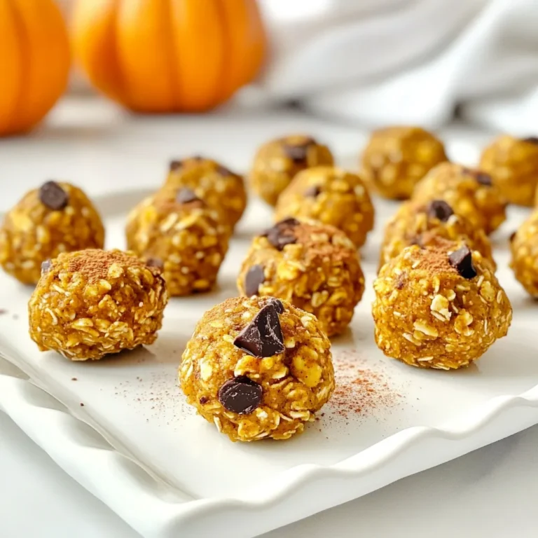 To create delicious pumpkin spice energy bites, you need a few simple ingredients. Each one adds flavor and nutrition. - 1 cup rolled oats - 1/2 cup pumpkin puree - 1/2 cup natural peanut butter (or almond butter) - 1/4 cup honey or maple syrup - 1 teaspoon vanilla extract - 1 teaspoon ground cinnamon - 1/2 teaspoon ground nutmeg - 1/4 teaspoon ground ginger - 1/4 teaspoon salt - 1/4 cup mini dark chocolate chips (optional) - 1/4 cup chopped nuts (walnuts or pecans) These ingredients are easy to find. You can use almond butter if you prefer. Honey or maple syrup gives a nice sweetness. The spices create that warm pumpkin flavor. If you like a little crunch, add the nuts and chocolate chips. They make the bites even more fun to eat! {{ingredient_image_1}} 1. Mixing ingredients in a bowl Start by grabbing a large mixing bowl. Add 1 cup of rolled oats, 1/2 cup of pumpkin puree, and 1/2 cup of natural peanut butter. Pour in 1/4 cup of honey or maple syrup. Then, add 1 teaspoon of vanilla extract. Stir everything until it is well mixed. 2. Adding spices and optional ingredients Now, it’s time to add flavor! Sprinkle in 1 teaspoon of ground cinnamon, 1/2 teaspoon of ground nutmeg, 1/4 teaspoon of ground ginger, and 1/4 teaspoon of salt. Mix again until the spices spread evenly through the mixture. If you want, fold in 1/4 cup of mini dark chocolate chips and 1/4 cup of chopped nuts. This step adds a nice crunch! 3. Refrigeration and portioning out the mixture Cover your bowl with plastic wrap. Place it in the fridge for about 30 minutes. This helps the mix firm up. After that, use a tablespoon or a cookie scoop to take out the mixture. 4. Forming the energy bites With clean hands, roll the mixture into bite-sized balls. Aim for about 1 inch in diameter. Once formed, place the energy bites on a parchment-lined baking sheet or plate. 1. Setting the bites in the refrigerator Put the bites back in the fridge for another 15 minutes. This helps them set nicely. 2. Storing the bites After they’ve set, store your energy bites in an airtight container. Keep them in the fridge, and they will stay fresh for up to a week. Enjoy your tasty and energizing snack! To make your Pumpkin Spice Energy Bites just right, focus on texture. You want them chewy but firm. If they feel too sticky, add more oats. If they are too dry, add a bit more pumpkin puree or nut butter. When rolling the bites, wet your hands slightly. This helps keep the mixture from sticking to your fingers. Use a tablespoon or cookie scoop for even sizes. This makes them easy to grab and enjoy. You can add more flavors to your bites. Try adding a tablespoon of chia seeds or flaxseeds for extra nutrition. For a touch of sweetness, mix in dried fruit like cranberries or raisins. If you have allergies or preferences, you can swap ingredients. Almond butter works well in place of peanut butter. For a vegan option, use maple syrup instead of honey. You can also skip the chocolate chips if you want to keep them healthier. Pro Tips Chill for Better Texture: Refrigerating the mixture before rolling it into balls helps the energy bites hold their shape better. Experiment with Nut Butters: Feel free to substitute peanut butter with almond butter or any other nut butter you prefer for a different flavor profile. Add More Spice: For a spicier kick, increase the amounts of cinnamon, nutmeg, or ginger according to your taste preferences. Customize Add-ins: You can add dried fruits, seeds, or other nuts to the mixture for a personalized touch and additional nutrients. {{image_2}} You can change the flavor of your pumpkin spice energy bites easily. One fun option is to add chocolate chips. This adds a rich, sweet taste that pairs well with the pumpkin spice. Just mix in 1/4 cup of mini dark chocolate chips when you combine your ingredients. The chocolate melts slightly and makes every bite a treat. If you want to make nut-free versions, swap out peanut butter for sunflower seed butter. This keeps the bites creamy and delicious without nuts. You can also skip the nuts in the recipe entirely. The oats and pumpkin provide great texture and flavor on their own. You can customize these bites for different seasons. For a holiday twist, add festive spices like ground cloves or allspice. This makes them perfect for fall gatherings or winter celebrations. You can also shape them like small pumpkins for fun. Another idea is to add superfoods for nutrition. You can mix in chia seeds or hemp seeds for extra protein and healthy fats. This boosts the energy and makes them even more filling. Just a tablespoon of either will do. These simple changes can make your pumpkin spice energy bites even better! This recipe makes about 12 to 15 energy bites. Each serving is one bite. Each serving has around: - Calories: 100 - Protein: 3g - Fats: 5g - Carbs: 10g - Sugars: 4g These bites are a great snack. They provide energy and good nutrition. The oats give fiber, while the pumpkin adds vitamins. Peanut butter offers healthy fats and protein. This snack can help you stay full and energized. Enjoy them as a quick pick-me-up! How long do pumpkin spice energy bites last? These energy bites can last up to one week in the fridge. Store them in an airtight container to keep them fresh. Can I freeze these energy bites? Yes, you can freeze these bites! They freeze well for up to three months. Just thaw them in the fridge before eating. What can I substitute for peanut butter? You can use almond butter or sunflower seed butter. These options work well and keep the bites creamy. Are pumpkin spice energy bites healthy? Yes, they are healthy! They contain oats, pumpkin, and nuts, which provide fiber and nutrients. Can I use fresh pumpkin instead of puree? You can use fresh pumpkin, but it needs to be cooked and blended until smooth. This helps keep the texture right. These pumpkin spice energy bites are easy to make and fun to enjoy. We mixed wholesome ingredients like oats, pumpkin puree, and nut butter to create a tasty treat. Remember to adjust the spices and add optional ingredients like dark chocolate or nuts for extra flavor. In the end, you can enjoy these bites in many ways. They fit into different diets and seasons. Get ready to share them with friends and family!