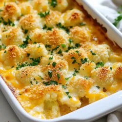 - 1 medium head of cauliflower, cut into florets - 2 cups shredded sharp cheddar cheese - 1 cup grated Parmesan cheese - 1 cup heavy cream - 2 tablespoons unsalted butter The main ingredients make this dish rich and creamy. Cauliflower is the star, bringing a mild flavor. The cheddar and Parmesan add that delicious cheesy taste. Heavy cream makes the sauce smooth, while butter adds depth. - 2 cloves garlic, minced - 1 teaspoon Dijon mustard - 1 teaspoon smoked paprika - ½ teaspoon salt - ¼ teaspoon black pepper - ½ cup breadcrumbs (optional, for topping) - Fresh parsley, chopped (for garnish) Seasoning is key for flavor. Garlic gives a nice aroma and taste. Dijon mustard adds a hint of tang. Smoked paprika brings warmth and color. You can top with breadcrumbs for crunch. Fresh parsley brightens the dish and adds color. {{ingredient_image_1}} Start by boiling a large pot of salted water. Once it’s bubbling, add the cauliflower florets. Blanch them for 3 to 4 minutes. This means cooking them briefly in boiling water to soften. After blanching, drain the cauliflower and set it aside. In a medium saucepan, melt the butter over medium heat. Add the minced garlic and sauté for about one minute. This will bring out the garlic's flavor. Next, add the heavy cream, Dijon mustard, smoked paprika, salt, and black pepper. Stir it well and bring the mixture to a gentle simmer. Once it simmers, remove it from the heat. Gradually mix in the sharp cheddar and half of the Parmesan cheese. Keep stirring until the cheese melts and the sauce is smooth. In a large mixing bowl, combine the blanched cauliflower florets with the cheese sauce. Make sure every piece of cauliflower gets coated in that rich sauce. Next, transfer the mixture into a greased baking dish. For a crispy topping, sprinkle the remaining Parmesan cheese and breadcrumbs on top. Preheat your oven to 375°F (190°C). Bake the gratin for 25 to 30 minutes. You want it to be bubbly and golden brown on top. Once it’s done, take it out of the oven and let it cool for a few minutes. Before serving, garnish it with fresh parsley for a pop of color. To get the best texture, blanch the cauliflower for 3-4 minutes. This step softens the florets and helps them cook evenly. After blanching, drain them well and set aside. For a creamy cheese sauce, melt 2 tablespoons of butter over medium heat. Sauté 2 cloves of minced garlic for about a minute until it smells good. Then, add 1 cup of heavy cream and stir in your spices. This method keeps the sauce smooth and rich. To boost flavor, consider adding smoked paprika for a hint of smokiness. You can also mix in herbs like thyme or chives. These small changes can really elevate the dish. For cheese, use sharp cheddar for a bold taste. You can replace some cheddar with Gruyère or mozzarella for a different flavor. Each cheese brings a unique character to the dish. Cheesy Cauliflower Gratin pairs well with grilled chicken or fish. It also complements a fresh salad nicely. This dish shines at gatherings, potlucks, or family dinners. Serve it during holidays or special occasions for a comforting touch. Enjoy it warm, and don’t forget to garnish with fresh parsley for a pop of color! Pro Tips Use Fresh Cauliflower: Fresh cauliflower will provide the best texture and flavor. Look for heads that are firm and free of brown spots. Experiment with Cheese: While sharp cheddar is delicious, try mixing in other cheeses like Gruyère or mozzarella for added depth and creaminess. Make It Ahead: You can prepare the gratin a day in advance. Just cover it tightly and refrigerate. Bake it when you’re ready to serve, adding a few extra minutes to the cooking time. Perfect the Topping: For an extra crunchy topping, toast the breadcrumbs in a little butter before sprinkling them on top of the gratin. {{image_2}} You can change the cheese for more flavor. Gruyère adds a nice nutty taste. Mozzarella gives a stretchy texture. If you want a dairy-free option, try vegan cheese. Many brands offer great melts. Just check the label to ensure it fits your needs. Want to make your gratin even healthier? Add other veggies like broccoli or spinach. They mix well with cauliflower. For protein, you can fold in cooked bacon or chicken. These add-ins boost flavor and nutrients. If you need a gluten-free option, swap breadcrumbs for crushed nuts or gluten-free crumbs. You can also skip the topping if you prefer. Just make sure to check all labels for hidden gluten. This way, everyone can enjoy the dish together. To keep your Cheesy Cauliflower Gratin fresh, follow these steps: - Refrigeration: Place leftovers in an airtight container. It keeps well in the fridge for about 3 to 4 days. - Freezing: For longer storage, freeze the gratin in a freezer-safe dish. Just make sure it’s fully cooled before you freeze it. It should last for up to 2 months. When ready to eat, let it thaw overnight in the fridge. To enjoy your gratin again, use these methods: - Oven: Preheat your oven to 350°F (175°C). Place the gratin in a baking dish, cover with foil, and heat for about 20 minutes. This keeps it warm and tasty. - Microwave: You can also reheat in the microwave. Use a microwave-safe dish. Heat in short bursts of 1 to 2 minutes, stirring in between. To keep the gratin creamy, add a splash of heavy cream before reheating. This helps restore its smooth texture. You can make Cheesy Cauliflower Gratin ahead by preparing the dish up to baking. After mixing the cauliflower with the cheese sauce, place it in a greased baking dish. Cover the dish with plastic wrap and store it in the fridge. When you're ready to bake, just remove the wrap and bake it as directed. This method keeps the flavors fresh while saving time on busy days. Yes, you can use frozen cauliflower. Just make sure to thaw it first. Drain any excess water after thawing to avoid a watery gratin. You may need to reduce the blanching time since frozen cauliflower is often pre-cooked. A quick steam should be enough before mixing it with the cheese sauce. Cheesy Cauliflower Gratin pairs well with many dishes. Here are some great options: - Roasted chicken: The rich flavors complement each other nicely. - Grilled steak: The creaminess of the gratin balances the meat's bold taste. - Simple salad: A fresh green salad cuts through the richness and adds crunch. - Garlic bread: This adds a nice touch for a cozy meal. These sides enhance the meal while keeping it simple and delicious. This blog post covered how to make Cheesy Cauliflower Gratin from scratch. We explored key ingredients like cauliflower, cheddar, and spices. You learned the step-by-step process, ensuring a creamy texture and rich flavor. Tips helped enhance taste and suggested variations for different diets. In the end, this dish is easy to customize. It’s perfect for any gathering or a cozy night in. Enjoy the cheesy goodness while impressing friends and family!