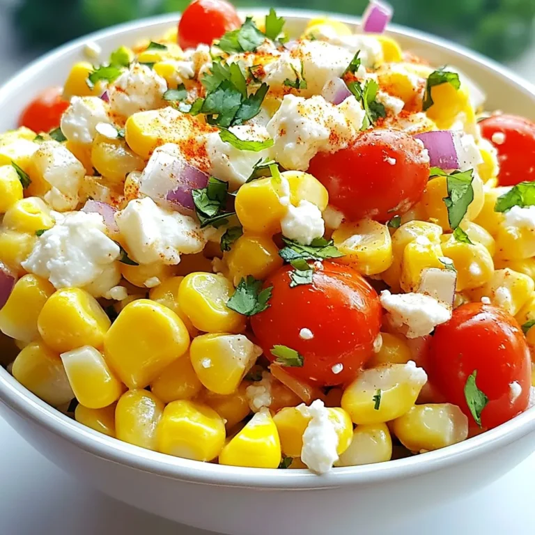 - 4 ears of corn, husked - 1 cup cherry tomatoes, halved - 1/2 cup red onion, finely diced - 1/2 cup feta cheese, crumbled - 1/4 cup fresh cilantro, chopped - 2 tablespoons mayonnaise - 2 tablespoons sour cream - 1 tablespoon lime juice - 1 teaspoon chili powder - Salt and pepper to taste These ingredients create a bright and fresh salad. The corn gives sweetness, while the tomatoes add juiciness. Red onion brings a nice crunch, and feta cheese adds creaminess. Cilantro adds a fresh herbal note that ties everything together. You can add extra ingredients to make it your own. Consider these options: - Avocado for creaminess - Black beans for protein - Jalapeños for heat - Corn salsa for more flavor Feel free to mix and match. These changes can make the salad unique and fun. This salad is not just tasty; it's also good for you. It has fiber from corn and tomatoes. Feta adds protein and calcium. The healthy fats from avocado, if added, boost nutrition. Here’s a rough breakdown per serving: - Calories: 200 - Protein: 6g - Carbohydrates: 22g - Fiber: 4g - Fats: 10g This makes Mexican street corn salad a great choice for a light meal or side dish. Enjoy! {{ingredient_image_1}} First, heat your grill to medium-high. Grilling gives the corn a smoky taste. Husk four ears of corn and place them on the grill. Grill for about 10-12 minutes. Turn them often so they char evenly. When they look golden and smoky, take them off the grill. Let them cool for a few minutes. Then, cut the kernels off the cob. Place the kernels in a large bowl. This is the heart of your salad. Now, it's time to add the fun stuff! Take one cup of halved cherry tomatoes and toss them in the bowl. Next, add half a cup of finely diced red onion. The onion adds a nice crunch and flavor. Then, sprinkle in half a cup of crumbled feta cheese. Don't forget to add a quarter cup of chopped fresh cilantro. This brings a bright taste to the mix. Gently stir everything together. Make sure the corn and veggies are well mixed. In a small bowl, mix the sauce. Combine two tablespoons of mayonnaise and two tablespoons of sour cream. Squeeze in one tablespoon of fresh lime juice. Add one teaspoon of chili powder for a kick. Season with salt and pepper to taste. Stir until it’s smooth and creamy. Pour this dressing over your salad mix. Toss it gently so every piece gets coated. Taste your salad and adjust the seasoning if needed. You can add more lime juice or chili powder if you like it zesty. This dressing ties all the flavors together perfectly. To get the best grilled corn, start with fresh ears. Husk them well and remove all silk. Preheat your grill to medium-high heat for even cooking. Grill the corn for 10-12 minutes. Turn the corn often to get a nice char. Once charred, let it cool slightly. Then, cut the kernels off the cob into a bowl. This step adds a smoky flavor that makes your salad pop. To enhance the flavor of your salad, use fresh ingredients. Add cherry tomatoes for sweetness and color. Diced red onion gives a nice crunch and bite. Crumbled feta cheese adds creaminess and tang. Chopped cilantro brings a fresh herb taste. For the dressing, mix mayonnaise, sour cream, and lime juice. The lime juice adds brightness. A sprinkle of chili powder gives a mild kick. Adjust the seasoning to your taste with salt and pepper. Serve your Mexican street corn salad in a big bowl or small cups. Garnish with extra cilantro for a pop of color. Lime wedges make a great touch too. This salad is best served fresh but can chill for 30 minutes. Chilling lets the flavors mix well. Pair it with grilled meats or fish for a complete meal. Enjoy this salad at picnics or barbecues for a fun, tasty dish! Pro Tips Grill for Maximum Flavor: Make sure to grill the corn until it's nicely charred; this adds a smoky flavor that enhances the salad. Fresh Ingredients Matter: Use fresh corn and ripe cherry tomatoes for the best taste and texture in your salad. Chill for Better Flavor: Allow the salad to chill in the refrigerator for at least 30 minutes before serving to let the flavors meld together. Customize Your Spice Level: Adjust the amount of chili powder to match your desired spice level; feel free to add jalapeños for an extra kick! {{image_2}} To make a spicy version, add jalapeño peppers. Dice one or two peppers and mix them in. You can also increase the chili powder. This will give your salad a nice kick. If you like heat, use a dash of hot sauce too. The spicy twist makes this salad lively and exciting! For a vegetarian option, you can keep the feta cheese. To make it vegan, swap feta for avocado or vegan cheese. Use vegan mayo and sour cream alternatives too. These swaps keep the creaminess while making it plant-based. You still enjoy all the flavors without any animal products! You can change ingredients based on the season. In summer, add diced bell peppers for crunch. In fall, roasted butternut squash adds sweetness and warmth. In winter, try roasted root veggies for heartiness. Each season brings new tastes, making this salad fresh year-round. Explore different flavors and have fun with it! To keep your Mexican street corn salad fresh, place it in an airtight container. This will help lock in moisture and flavor. Always store the salad in the fridge. If you have leftovers, try to eat them within a few days. When stored correctly, the salad lasts about 3 to 5 days in the fridge. After 5 days, the taste and texture may change. Always smell and taste it before you eat leftovers to ensure it’s still good. Freezing is not the best option for this salad. The texture of corn and other ingredients will change after thawing. If you want to make it ahead, prepare the corn and dressing separately. Freeze them, then mix when you’re ready to serve. Yes, you can use frozen corn. Just thaw it and drain it well. Fresh corn has a sweeter taste and better texture. Frozen corn works in a pinch, but grilling fresh corn gives that smoky flavor. You can use queso fresco or cotija cheese instead of feta. Both have a similar crumbly texture. If you need a non-dairy option, try a vegan cheese that crumbles. This will keep it creamy and still tasty. This salad has a mild spice level. The chili powder adds a nice kick without being too hot. If you want more heat, you can add diced jalapeños or cayenne pepper. Adjust the spice to fit your taste. Yes, you can! Make the salad up to a day ahead. Just mix everything but the dressing. Add the dressing just before serving to keep it fresh. This helps the flavors blend nicely while keeping the ingredients crisp. This salad pairs well with grilled meats like chicken or steak. It also goes great with tacos or burritos. Serve it alongside a refreshing drink, like a limeade or a light beer, to complete the meal. This article covered making Mexican street corn salad, from essential ingredients to storage tips. You learned how to prepare the corn, mix the salad, and whip up a tasty dressing. I shared ways to enhance flavors and suggested variations, like spicy or vegan options. Now, you can make a delicious salad that fits your taste. Experiment with the recipe and enjoy your creation. With the right steps and tips, you'll impress everyone at your next meal. Enjoy your fresh and tasty Mexican street corn salad!