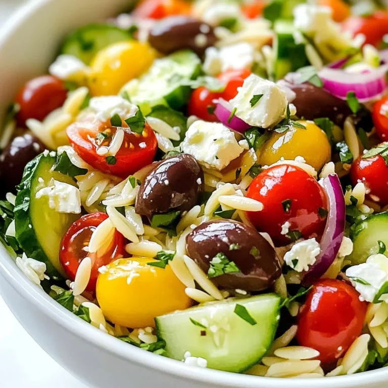 To make a tasty Greek Orzo Salad, gather these main ingredients: - 1 cup orzo pasta - 1 ½ cups cherry tomatoes, halved - 1 cucumber, diced - ½ red onion, finely chopped - ½ cup Kalamata olives, pitted and sliced - 1 cup feta cheese, crumbled - ¼ cup fresh parsley, chopped - ⅓ cup olive oil - 2 tablespoons lemon juice - 1 teaspoon dried oregano - Salt and pepper to taste Each of these ingredients brings flavor and color to the dish. The orzo adds a nice chewy texture. The tomatoes and cucumber offer freshness. Kalamata olives and feta cheese provide salty, tangy notes. You can personalize your salad with some optional add-ins. Here are a few ideas: - Bell peppers, diced - Artichoke hearts, chopped - Avocado, diced - Cooked chickpeas for protein These add-ins boost flavor and nutrition. You can mix and match based on what you have. Herbs and spices make your salad taste even better. Use fresh herbs like: - Basil - Mint - Dill You can also add a pinch of red pepper flakes for some heat. Fresh herbs brighten the dish and add depth. They make each bite special and fresh. {{ingredient_image_1}} Start with 1 cup of orzo pasta. Boil water in a pot. Add a pinch of salt to the water. Once it boils, add the orzo. Cook the pasta based on the package instructions. You want it al dente, which means firm to the bite. This usually takes about 8 to 10 minutes. Stir often to prevent sticking. When the orzo is ready, drain it in a colander. Rinse it with cold water to stop the cooking. Let it cool while you prepare the rest of the salad. Grab a large mixing bowl. Add 1 ½ cups of halved cherry tomatoes. Next, add a diced cucumber and ½ finely chopped red onion. Toss in ½ cup of sliced Kalamata olives. Crumble 1 cup of feta cheese into the bowl. Finally, sprinkle in ¼ cup of chopped fresh parsley. Each vegetable adds color and flavor to your salad. Mix them gently with a spoon. This helps to combine the flavors before adding the orzo. In a separate bowl, combine ⅓ cup of olive oil and 2 tablespoons of fresh lemon juice. Add 1 teaspoon of dried oregano for a nice herbal touch. Season with salt and pepper to taste. Using a whisk, mix the dressing until it's smooth. This step is key to getting a well-blended flavor. Once mixed, drizzle the dressing over the salad mixture. Toss everything gently to coat the orzo and veggies evenly. Taste the salad and adjust the seasoning if needed. Let it chill in the fridge for at least 30 minutes. This wait allows the flavors to blend beautifully. To keep orzo from getting mushy, cook it until it's al dente. This means it should be firm to the bite. After cooking, drain the orzo immediately and rinse it under cold water. The cold water stops the cooking process. If you plan to store it, toss it with a little olive oil. This helps keep it separate. When tossing your Greek orzo salad, use a gentle touch. Start by adding the vegetables and feta to the orzo. Then, pour the dressing over the top. Use a large spoon or spatula to lift from the bottom. This way, you mix without crushing the feta or tomatoes. Tossing too hard can make everything mushy. Letting your salad sit helps the flavors blend well. After mixing everything, cover and chill for at least 30 minutes. This time allows the olives, feta, and veggies to soak up the dressing. The result is a salad bursting with flavor. If you have even more time, try chilling it for a few hours. The taste will be even better! Pro Tips Use Fresh Ingredients: For the best flavor, use fresh cherry tomatoes and cucumbers. They will enhance the overall taste and texture of your salad. Chill Before Serving: Allow the salad to chill in the refrigerator for at least 30 minutes. This helps the flavors to meld together beautifully. Customize Your Olives: While Kalamata olives are traditional, feel free to mix in other varieties like green olives for an extra flavor twist. Feta Cheese Variations: Try using different types of feta cheese, such as herb-infused or smoked feta, to add unique flavors to your salad. {{image_2}} You can easily make Greek Orzo Salad vegetarian. Just skip the feta cheese, or use a plant-based one. For a vegan version, use a dairy-free feta. You can also add more veggies, like bell peppers or spinach, to boost flavor and nutrition. Want a gluten-free Greek Orzo Salad? Substitute orzo with gluten-free pasta. Look for rice or quinoa pasta options. These will give you that same great texture without the gluten. Make sure to check labels for any hidden gluten. Seasonal ingredients can brighten your salad. In summer, fresh corn adds sweetness. In fall, roasted butternut squash brings warmth. You can also swap cherry tomatoes for diced tomatoes in winter. Think about what is fresh and local to keep it tasty and fun! To keep your Greek Orzo Salad fresh, place it in an airtight container. This helps to lock in the flavors and keep the ingredients crisp. If you plan to store it for later, don’t add the dressing right away. Keep the dressing separate until you're ready to serve. This keeps the salad from getting soggy. Greek Orzo Salad can last in the fridge for about 3 to 5 days. After that, the freshness may fade. The veggies might lose their crunch and the flavors can dull. Always check for signs of spoilage before eating. If it smells off or looks strange, it’s best to toss it. If you want to reheat the orzo salad, do so gently. You can warm it in a microwave for a short time. Heat it in 30-second intervals and stir between each. This keeps the salad from drying out. If you want to serve it cold, just take it out of the fridge and enjoy it as is! You can use other small pasta types. Try ditalini, couscous, or quinoa. These options keep the texture light. They also soak up the dressing well. Feel free to experiment with these substitutes. Each brings a unique taste. Greek Orzo Salad lasts about 3 to 5 days in the fridge. The flavors get better over time. Store it in an airtight container. This keeps it fresh and tasty. Check for any changes in smell or texture before eating. Yes, you can make it a day in advance. This allows flavors to blend nicely. Just store it in the fridge until ready to serve. If you make it early, add the dressing right before serving. This keeps the orzo from getting soggy. Greek Orzo Salad is fresh, tasty, and easy to make. You learned about the main ingredients, along with optional add-ins for extra flavor. I shared clear steps for cooking the orzo and preparing the veggies and feta. You can use my tips to keep the orzo firm and enhance every bite. Don't forget the variations for vegan and gluten-free diets, plus smart storage info. Enjoy your salad fresh or as leftovers. With this guide, you're ready to create a dish everyone will love.